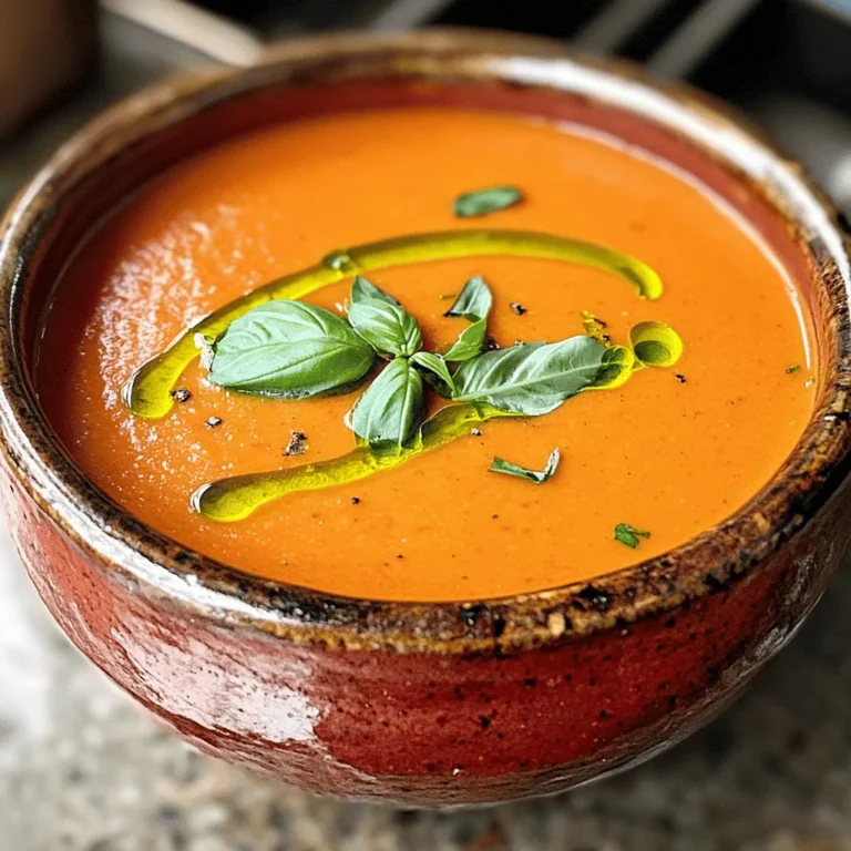 To make a great creamy tomato basil soup, you need just a few key items. Here’s what you will need: - 4 cups ripe tomatoes, chopped (or 2 cans of whole peeled tomatoes) - 1 medium onion, diced - 3 cloves garlic, minced - 1 cup vegetable broth - 1 teaspoon sugar - 1 teaspoon dried basil - 1 teaspoon dried oregano - 1 cup heavy cream (or coconut cream for a dairy-free version) - 2 tablespoons olive oil - Salt and pepper to taste - Fresh basil leaves for garnish These ingredients come together to create a rich and creamy soup. The tomatoes give it a sweet and tangy flavor. The basil adds freshness, while the cream makes it smooth and velvety. You can play around with your soup by adding fun ingredients. Some great options include: - Red pepper flakes for a spicy kick. - Grated Parmesan for extra depth. - Chopped carrots or celery for added texture. - Basil pesto for a burst of flavor. If you want a lighter soup, you can use low-fat milk instead of cream. Fresh tomatoes are delightful in summer when they are in season. They add a bright flavor and vibrant color. However, canned tomatoes are great for convenience. They are ripe and juicy, perfect for soups. Both options work well in this recipe. If you use fresh tomatoes, try to pick ripe ones. If you go for canned, choose whole peeled tomatoes for a smoother texture when blended. This soup is simple to make. You can find the full recipe above for more details! To start your soup, you need to prepare the aromatics. Heat 2 tablespoons of olive oil in a large pot over medium heat. Once the oil is warm, add 1 diced onion. Sauté the onion for about 5 minutes. You want it to become soft and translucent. Next, add 3 minced garlic cloves. Cook this for about 1 minute until it smells great. The aroma will make your kitchen feel warm and inviting. Now, it’s time to build the flavor of your soup. Add 4 cups of chopped ripe tomatoes to the pot. If you don’t have fresh tomatoes, you can use 2 cans of whole peeled tomatoes. Pour in 1 cup of vegetable broth to give it depth. Then, add 1 teaspoon of sugar, 1 teaspoon of dried basil, and 1 teaspoon of dried oregano. These will enhance the taste. Stir everything together and bring it to a gentle boil. Once it boils, reduce the heat and let it simmer uncovered for about 20 minutes. This allows the flavors to meld beautifully. After simmering, it's time to blend. Use an immersion blender to puree the soup until it’s smooth. If you don’t have one, carefully transfer the soup in batches to a blender. Once it’s blended, return the soup to the pot. Stir in 1 cup of heavy cream for that creamy texture. If you want a dairy-free option, use coconut cream. Season with salt and pepper to taste. Heat the soup through for an additional 5 minutes without boiling. When serving, ladle the soup into bowls and add fresh basil leaves on top for a lovely touch. - Full Recipe: Heavenly Creamy Tomato Basil Soup To get the best creamy texture, start with heavy cream. This gives your soup a rich feel. If you want a lighter option, use coconut cream. Blend the soup until smooth. An immersion blender works great for this. If you don’t have one, a regular blender works too, but do it in batches. Always return the soup to the pot after blending. This keeps it warm and ready to serve. Add a teaspoon of sugar to balance the acidity of the tomatoes. This simple trick makes a big difference. You can also toss in some red pepper flakes for a little heat. If you love fresh herbs, try adding chopped parsley or thyme. These herbs can brighten the soup's flavor. Taste as you go. Adjust salt and pepper to your liking, too. This creamy tomato basil soup pairs well with crusty bread. Grilled cheese is another classic match. For a lighter option, serve it with a fresh salad. A sprinkle of Parmesan cheese on top adds a nice touch. Want to impress? Garnish with fresh basil leaves right before serving. For the full recipe, check out Heavenly Creamy Tomato Basil Soup. {{image_2}} If you want a dairy-free soup, use coconut cream instead of heavy cream. It adds a sweet, rich flavor that pairs well with tomatoes. Simply swap 1 cup of heavy cream for 1 cup of coconut cream in the recipe. This change keeps the soup creamy while making it suitable for those who avoid dairy. To make your soup heartier, add protein like shredded chicken or beans. Cooked chicken adds a nice texture and flavor. If you prefer beans, use canned white beans or chickpeas. Stir in about 1 cup of your chosen protein after blending the soup. This addition makes the soup filling and turns it into a complete meal. You can easily change the soup based on the season. Add vegetables like zucchini, carrots, or spinach for extra nutrition. Simply chop the veggies and sauté them with the onions and garlic. This way, you keep the soup fresh and exciting all year round. Adjust the herbs and spices to complement the new flavors. For more details, refer to the Full Recipe for Heavenly Creamy Tomato Basil Soup. To store leftover soup, let it cool first. Then, pour it into an airtight container. You can keep it in the fridge for up to three days. If you want to enjoy it later, freezing is a great option. When freezing, use freezer-safe containers. Leave some space at the top, as soup expands when frozen. Label the container with the date. It can last in the freezer for about three months. When you're ready to eat, thaw it in the fridge overnight. To reheat, you have a few options. You can use the stove or microwave. For the stove, heat it in a pot over medium heat. Stir often to avoid burning. For the microwave, use a microwave-safe bowl. Heat it in short bursts and stir in between. Always check the temperature before serving. Yes, you can make creamy tomato basil soup ahead of time. This soup tastes even better after a day. Just let it cool, then store it in a container. When you’re ready to eat, reheat it on the stove. Stir often to keep it smooth. Creamy tomato basil soup lasts about 3 to 5 days in the fridge. Make sure to keep it in a sealed container. The flavors will stay fresh, but it’s best to eat it sooner for the best taste. Yes, you can use fresh herbs instead of dried ones. Fresh basil is great for this soup. Use about three times more fresh herbs than dried. So, if the recipe calls for 1 teaspoon of dried basil, use 3 teaspoons of fresh basil. It adds a bright flavor! You can serve this soup with many tasty sides. Here are a few ideas: - Grilled cheese sandwiches - Crusty bread or baguette - A fresh green salad - Garlic bread These sides complement the soup well and make a tasty meal. For the full recipe, check out the Heavenly Creamy Tomato Basil Soup section above! Creamy tomato basil soup is delicious and easy to make. You learned about the key ingredients, cooking steps, and tips for perfect texture. Variations let you customize the soup to fit your taste. Whether you prefer dairy-free options or want to add protein, there’s something for everyone. Store leftovers properly to keep the flavor fresh. Keep this recipe handy for lunch or dinner. Enjoying this cozy soup will make your day better. Now, grab your ingredients and start cooking!