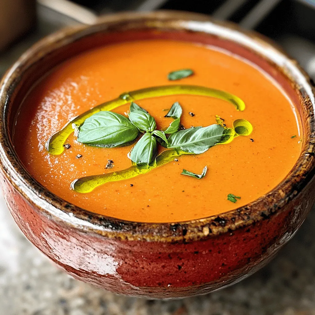 To make a great creamy tomato basil soup, you need just a few key items. Here’s what you will need: - 4 cups ripe tomatoes, chopped (or 2 cans of whole peeled tomatoes) - 1 medium onion, diced - 3 cloves garlic, minced - 1 cup vegetable broth - 1 teaspoon sugar - 1 teaspoon dried basil - 1 teaspoon dried oregano - 1 cup heavy cream (or coconut cream for a dairy-free version) - 2 tablespoons olive oil - Salt and pepper to taste - Fresh basil leaves for garnish These ingredients come together to create a rich and creamy soup. The tomatoes give it a sweet and tangy flavor. The basil adds freshness, while the cream makes it smooth and velvety. You can play around with your soup by adding fun ingredients. Some great options include: - Red pepper flakes for a spicy kick. - Grated Parmesan for extra depth. - Chopped carrots or celery for added texture. - Basil pesto for a burst of flavor. If you want a lighter soup, you can use low-fat milk instead of cream. Fresh tomatoes are delightful in summer when they are in season. They add a bright flavor and vibrant color. However, canned tomatoes are great for convenience. They are ripe and juicy, perfect for soups. Both options work well in this recipe. If you use fresh tomatoes, try to pick ripe ones. If you go for canned, choose whole peeled tomatoes for a smoother texture when blended. This soup is simple to make. You can find the full recipe above for more details! To start your soup, you need to prepare the aromatics. Heat 2 tablespoons of olive oil in a large pot over medium heat. Once the oil is warm, add 1 diced onion. Sauté the onion for about 5 minutes. You want it to become soft and translucent. Next, add 3 minced garlic cloves. Cook this for about 1 minute until it smells great. The aroma will make your kitchen feel warm and inviting. Now, it’s time to build the flavor of your soup. Add 4 cups of chopped ripe tomatoes to the pot. If you don’t have fresh tomatoes, you can use 2 cans of whole peeled tomatoes. Pour in 1 cup of vegetable broth to give it depth. Then, add 1 teaspoon of sugar, 1 teaspoon of dried basil, and 1 teaspoon of dried oregano. These will enhance the taste. Stir everything together and bring it to a gentle boil. Once it boils, reduce the heat and let it simmer uncovered for about 20 minutes. This allows the flavors to meld beautifully. After simmering, it's time to blend. Use an immersion blender to puree the soup until it’s smooth. If you don’t have one, carefully transfer the soup in batches to a blender. Once it’s blended, return the soup to the pot. Stir in 1 cup of heavy cream for that creamy texture. If you want a dairy-free option, use coconut cream. Season with salt and pepper to taste. Heat the soup through for an additional 5 minutes without boiling. When serving, ladle the soup into bowls and add fresh basil leaves on top for a lovely touch. - Full Recipe: Heavenly Creamy Tomato Basil Soup To get the best creamy texture, start with heavy cream. This gives your soup a rich feel. If you want a lighter option, use coconut cream. Blend the soup until smooth. An immersion blender works great for this. If you don’t have one, a regular blender works too, but do it in batches. Always return the soup to the pot after blending. This keeps it warm and ready to serve. Add a teaspoon of sugar to balance the acidity of the tomatoes. This simple trick makes a big difference. You can also toss in some red pepper flakes for a little heat. If you love fresh herbs, try adding chopped parsley or thyme. These herbs can brighten the soup's flavor. Taste as you go. Adjust salt and pepper to your liking, too. This creamy tomato basil soup pairs well with crusty bread. Grilled cheese is another classic match. For a lighter option, serve it with a fresh salad. A sprinkle of Parmesan cheese on top adds a nice touch. Want to impress? Garnish with fresh basil leaves right before serving. For the full recipe, check out Heavenly Creamy Tomato Basil Soup. {{image_2}} If you want a dairy-free soup, use coconut cream instead of heavy cream. It adds a sweet, rich flavor that pairs well with tomatoes. Simply swap 1 cup of heavy cream for 1 cup of coconut cream in the recipe. This change keeps the soup creamy while making it suitable for those who avoid dairy. To make your soup heartier, add protein like shredded chicken or beans. Cooked chicken adds a nice texture and flavor. If you prefer beans, use canned white beans or chickpeas. Stir in about 1 cup of your chosen protein after blending the soup. This addition makes the soup filling and turns it into a complete meal. You can easily change the soup based on the season. Add vegetables like zucchini, carrots, or spinach for extra nutrition. Simply chop the veggies and sauté them with the onions and garlic. This way, you keep the soup fresh and exciting all year round. Adjust the herbs and spices to complement the new flavors. For more details, refer to the Full Recipe for Heavenly Creamy Tomato Basil Soup. To store leftover soup, let it cool first. Then, pour it into an airtight container. You can keep it in the fridge for up to three days. If you want to enjoy it later, freezing is a great option. When freezing, use freezer-safe containers. Leave some space at the top, as soup expands when frozen. Label the container with the date. It can last in the freezer for about three months. When you're ready to eat, thaw it in the fridge overnight. To reheat, you have a few options. You can use the stove or microwave. For the stove, heat it in a pot over medium heat. Stir often to avoid burning. For the microwave, use a microwave-safe bowl. Heat it in short bursts and stir in between. Always check the temperature before serving. Yes, you can make creamy tomato basil soup ahead of time. This soup tastes even better after a day. Just let it cool, then store it in a container. When you’re ready to eat, reheat it on the stove. Stir often to keep it smooth. Creamy tomato basil soup lasts about 3 to 5 days in the fridge. Make sure to keep it in a sealed container. The flavors will stay fresh, but it’s best to eat it sooner for the best taste. Yes, you can use fresh herbs instead of dried ones. Fresh basil is great for this soup. Use about three times more fresh herbs than dried. So, if the recipe calls for 1 teaspoon of dried basil, use 3 teaspoons of fresh basil. It adds a bright flavor! You can serve this soup with many tasty sides. Here are a few ideas: - Grilled cheese sandwiches - Crusty bread or baguette - A fresh green salad - Garlic bread These sides complement the soup well and make a tasty meal. For the full recipe, check out the Heavenly Creamy Tomato Basil Soup section above! Creamy tomato basil soup is delicious and easy to make. You learned about the key ingredients, cooking steps, and tips for perfect texture. Variations let you customize the soup to fit your taste. Whether you prefer dairy-free options or want to add protein, there’s something for everyone. Store leftovers properly to keep the flavor fresh. Keep this recipe handy for lunch or dinner. Enjoying this cozy soup will make your day better. Now, grab your ingredients and start cooking!