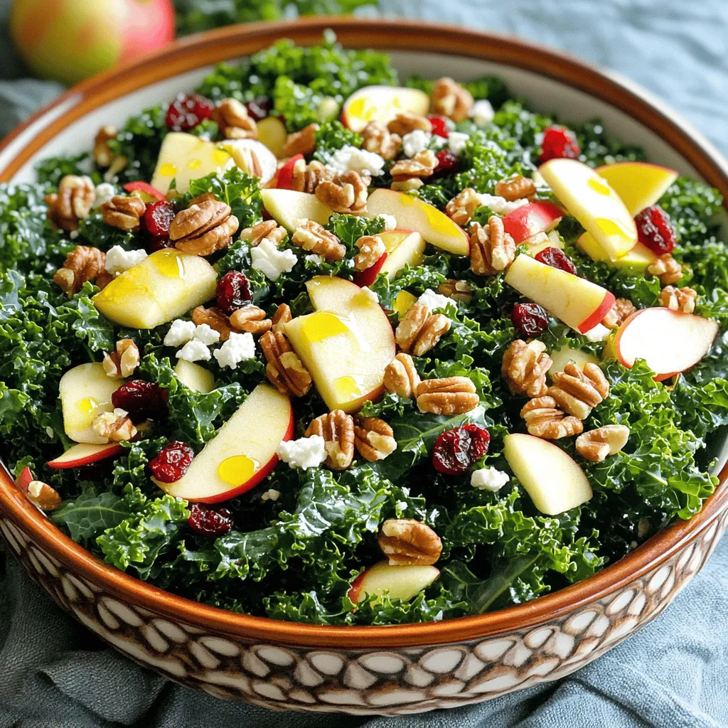 For this vibrant salad, you need a few key ingredients. First, use fresh kale. It adds crunch and nutrition. Next, choose a crisp apple like Honeycrisp for sweetness. Finally, walnuts bring a nice crunch and healthy fats. If you want to add more flavor, consider using feta cheese or dried cranberries. These extras can enhance the taste and texture of your salad. The dressing ties everything together. You will need olive oil and apple cider vinegar for a tangy base. Sweeten it up with honey or maple syrup. Season with salt and pepper for balance. A hint of cinnamon can add warmth and depth to the dressing. Together, these ingredients create a delightful blend that complements the salad. This salad is not just tasty; it’s packed with nutrition. Kale is a superfood, rich in vitamins A, C, and K. It helps your body fight off illness. Apples provide fiber and keep your heart healthy. Walnuts are full of omega-3 fatty acids, which are good for your brain. Together, these ingredients create a balanced meal that nourishes your body. Enjoying apple walnut kale salad supports your health in a delicious way. You can find the full recipe [here](#). Start by prepping the kale. Remove the stiff stems and chop the leaves. Place the kale in a large bowl. Add a pinch of salt and massage the leaves for 2-3 minutes. This makes the kale softer and brighter. Massaging also enhances the flavor. Seasoning is key during this step. The salt helps break down the tough fibers in kale. It makes the leaves tender and ready to absorb the dressing. Now it’s time to mix in the fruits and nuts. Add the diced apple to the kale. The sweet crunch of the apple pairs well with the greens. Next, toss in the toasted walnuts. Their nutty flavor adds a nice contrast. If you like, sprinkle in some crumbled feta cheese for creaminess. It’s optional but adds a great taste. You can also mix in dried cranberries or cherries. They bring a burst of sweetness to the salad. For the dressing, whisk together olive oil, apple cider vinegar, honey or maple syrup, cinnamon, salt, and pepper in a small bowl. Whisking helps blend all the ingredients smoothly. To ensure an even coat, pour the dressing over the salad. Gently toss the salad until everything is covered. Let the salad sit for about 5-10 minutes. This allows the flavors to meld nicely before serving. For the full recipe, refer to the previous sections. To make your Apple Walnut Kale Salad pop, try adding fresh herbs like parsley or mint. You can also sprinkle some black pepper or a pinch of cayenne for a kick. Letting the salad sit for a bit is key. This resting time helps the flavors mix and the kale to soften more. Aim for about 5 to 10 minutes before serving. When it comes to presentation, use a large, colorful bowl. The bright greens of kale and the reds of apples make a lovely mix. Garnish with extra walnuts and apple slices on top. This adds a nice look and texture. Pair the salad with grilled chicken, fish, or a warm loaf of bread. These options make it a full meal. If you have leftovers, store the salad and dressing separately. This keeps the kale fresh and crunchy. Use an airtight container for the salad and a small jar for the dressing. You can keep the salad in the fridge for up to two days. For longer freshness, try to store ingredients like walnuts and apples in cool, dry places. This way, they stay crisp and tasty. For the complete recipe, check out the Full Recipe section. {{image_2}} If you want to switch things up, consider using different fruits and nuts. For apples, pears or peaches work well. They bring a nice sweetness and crunch. Instead of walnuts, try pecans or almonds; each adds a unique flavor. For those avoiding dairy, you can skip the feta cheese. Try using avocado for creaminess or a sprinkle of nutritional yeast for a cheesy flavor. Both options keep the salad tasty and fresh. To make your salad more filling, add grains like quinoa or farro. They boost protein and fiber. You can also toss in other fruits, like sliced strawberries or mandarin oranges. These fruits add color and flavor, making the salad even more appealing. Nuts can also vary; try pumpkin seeds or sunflower seeds for a different crunch. Each add-in can change the taste and texture of your dish. Vinaigrettes can bring new life to your salad. Instead of the basic dressing, try a balsamic vinaigrette for a tangy kick. A lemon vinaigrette adds brightness and zest, perfect for summer days. For a sweet and savory twist, mix maple syrup with your dressing. It pairs well with the apples and walnuts. You can also add spices like ginger or garlic for extra depth. Experiment with these ideas to find your favorite flavor combination. For the complete recipe, check out the Full Recipe section. To make kale less bitter, massage it. Take your chopped kale and sprinkle a pinch of salt on it. Use your hands to massage the kale for about 2-3 minutes. This softens the leaves and brightens their color. It also helps reduce bitterness. You can soak the kale in cold water for 10-15 minutes. After soaking, drain and dry the kale well. This helps make it taste milder. Yes, you can make this salad ahead of time. Prepare the salad without the dressing first. Store the salad in an airtight container in the fridge. This keeps it fresh for about 1-2 days. You can mix the dressing and keep it separate. Add the dressing just before serving. This way, the salad stays crisp and tasty. Apple Walnut Kale Salad pairs well with many dishes. It complements grilled chicken or salmon nicely. You can also serve it with roasted vegetables or a hearty soup. If you want a vegetarian option, try it with quinoa or lentils. This salad adds freshness and crunch to any meal. You can find the full recipe for this salad to explore more. Prep time is just 15 minutes. Total time is also 15 minutes. This recipe serves four. To start, prepare the kale. In a large bowl, massage the chopped kale with a pinch of salt. Do this for about 2-3 minutes. It should soften and turn bright green. This step makes the kale taste better. Next, add the diced apple, toasted walnuts, and dried cranberries or cherries. If you want, you can also add crumbled feta cheese. In a small bowl, whisk together the olive oil, apple cider vinegar, honey or maple syrup, cinnamon, salt, and pepper. Mix until everything is combined. Now pour the dressing over the salad. Gently toss everything together until it is evenly coated. Let the salad sit for about 5-10 minutes. This allows the flavors to blend together. When serving, present the salad in a colorful bowl. Garnish with extra walnuts and apple slices for a nice touch. Drizzle some extra dressing just before serving for added appeal. [Insert image of the finished Apple Walnut Kale Salad here] This Apple Walnut Kale Salad combines fresh flavors and great nutrition. You learned how to prepare the kale, mix in fruits and nuts, and create a tasty dressing. I shared tips for enhancing flavors and storage ideas. The salad is also versatile, allowing for ingredient swaps to suit your taste. Enjoy this healthy dish as a side or main meal. You can make it your own with simple changes. Eating well should be fun and easy, and this salad proves just that.