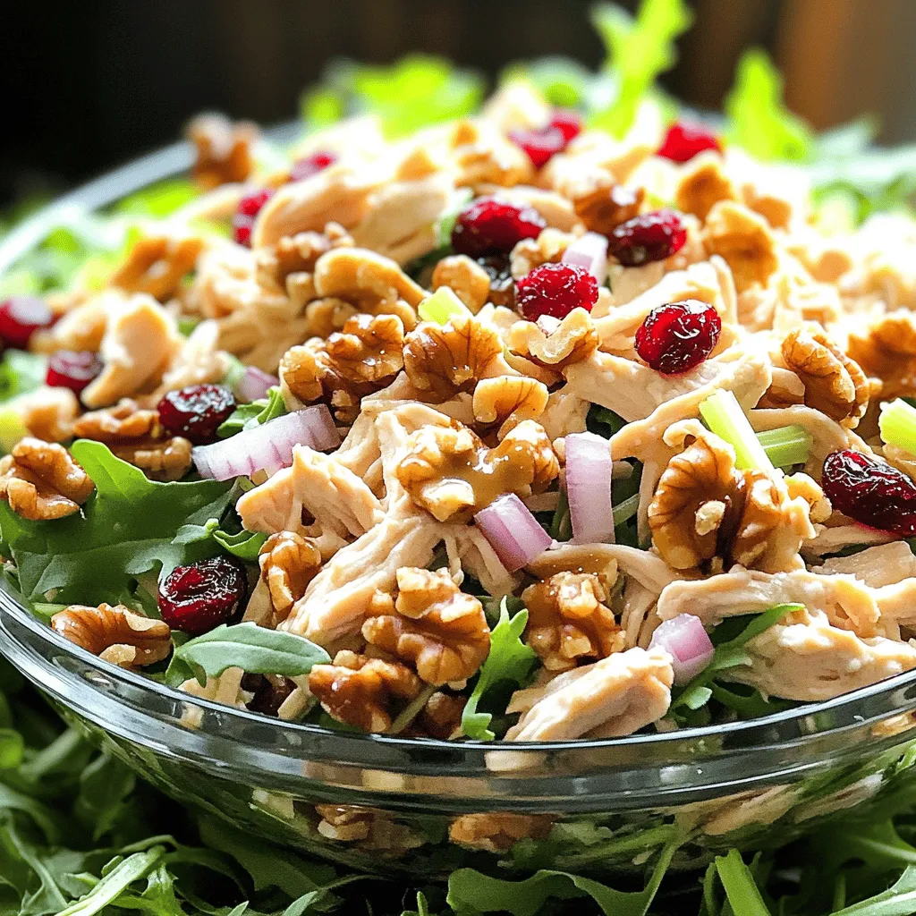 Cranberry Walnut Chicken Salad combines chicken, cranberries, and walnuts. This dish is fresh and tasty. You can serve it as a meal or a side. The balance of flavors makes it a favorite. Here’s what you need for this recipe: - 2 cups cooked chicken breast, shredded - 1/2 cup dried cranberries - 1/2 cup walnuts, chopped - 1/2 cup celery, finely chopped - 1/4 cup red onion, finely diced - 1/2 cup Greek yogurt - 2 tablespoons honey mustard - 1 tablespoon lemon juice - Salt and pepper to taste - Fresh arugula or mixed greens for serving You can swap ingredients if needed. For chicken, use canned or rotisserie chicken. If you avoid nuts, try sunflower seeds. For Greek yogurt, plain yogurt works well too. Use Dijon mustard instead of honey mustard for a different taste. If you want less sweetness, skip the honey mustard entirely. These changes keep the dish tasty. Start by gathering all your ingredients. Use 2 cups of cooked chicken breast, shredded. Chop 1/2 cup of walnuts and 1/2 cup of celery. Dice 1/4 cup of red onion. Measure out 1/2 cup of dried cranberries. This makes your prep easy and quick. In a large bowl, mix the shredded chicken, dried cranberries, chopped walnuts, celery, and red onion. This blend gives a nice texture and taste. In another bowl, whisk together the Greek yogurt, honey mustard, lemon juice, salt, and pepper until smooth. Pour this dressing over the chicken mix. Gently fold it in to coat everything well. It's important to be gentle to keep the chicken pieces intact. To boost the flavor, taste the salad after mixing. Adjust with more salt or pepper as needed. Chill the salad in the fridge for at least 30 minutes. This lets the flavors mix and improves the taste. Serve on a bed of fresh arugula or mixed greens for a delightful crunch. For a great look, use a clear bowl to show off the colorful ingredients. For a finishing touch, sprinkle extra walnuts and fresh cranberries on top. You can find the full recipe above for precise measurements and steps. When making cranberry walnut chicken salad, it’s easy to make some mistakes. First, don’t overcook your chicken. Overcooked chicken can become dry and tough. Use leftover roasted chicken for better flavor. Also, be careful with the salt. Too much salt can overpower the taste. Remember, you can always add more, but it’s hard to take away. Make sure to chop your celery and walnuts finely. Big chunks can make the salad hard to mix. Chilling your salad is very important. It allows the flavors to blend well. After you mix everything, cover your bowl with plastic wrap. Place it in the fridge for at least 30 minutes. For best results, chill for an hour. This waiting time makes each bite refreshing and tasty. If you have time, chill the chicken before mixing. It helps keep the salad cool and crisp. Presentation matters when serving your salad. Use a clear glass bowl to show off the colors. Bright red cranberries and green celery look great together. After serving, add extra walnuts and cranberries on top. This small touch makes the dish look special. Serve on a bed of fresh greens like arugula. It adds color and a nice crunch. For the full recipe, check the section above. {{image_2}} You can swap chicken for other proteins. Turkey works well and has a similar taste. For a vegetarian option, try chickpeas. They add a nice texture and protein. Tofu is another choice if you want something plant-based. Just make sure to press and cube it before mixing it in. In winter, add diced apples for crunch and flavor. In summer, fresh berries brighten the salad. You can also use nuts like pecans instead of walnuts. They give a different taste but work just as well. Experiment with different greens like spinach or kale for variety. If you want to change the dressing, try using mayo instead of Greek yogurt. This makes a creamier mix. You can also add a splash of apple cider vinegar for tang. For a spicy kick, mix in some sriracha. This gives the salad a fun twist. Check out the Full Recipe for more ideas! To keep your cranberry walnut chicken salad fresh, use an airtight container. This helps keep air out and flavors in. It’s best to store it in the fridge. If you plan to serve it later, don’t add greens until just before eating. This keeps them crisp and tasty. In the fridge, your salad will stay good for about three days. After that, it may lose flavor and texture. I do not recommend freezing this salad. Freezing can change the texture of the chicken and yogurt dressing. If you need to warm it, do so gently. Place the salad in a bowl and microwave it for short bursts. Heat in 15-second intervals, stirring in between. However, I suggest enjoying the salad cold. It tastes best that way! For more details, check the Full Recipe. You can serve this salad with many sides. Fresh bread pairs well. You might also enjoy it with a light soup. A fruit salad brings a nice contrast and sweetness. Try it alongside crunchy chips for a fun twist. If you want, serve it on a bed of mixed greens. This adds more texture and color to your meal. Cranberry walnut chicken salad stays fresh for about three days in the fridge. Make sure to keep it in an airtight container. After three days, the flavors may fade. If you notice any odd smells or colors, it's best to toss it. Always check before you eat leftovers. Yes, you can make this salad ahead of time. It tastes even better after a few hours in the fridge. The flavors meld and create a tasty dish. I recommend mixing the salad a day before serving. Just remember to keep it chilled. This way, it stays fresh and delicious for your meal. For the full recipe, check out the detailed instructions. We explored the main elements to make a delicious Cranberry Walnut Chicken Salad. You learned about the key ingredients, steps for preparation, and even helpful tips to avoid mistakes. I shared exciting variations to try and essential storage methods. Remember, cooking should be fun and creative. Feel free to experiment with flavors and ingredients. Enjoy making your salad and sharing it with loved ones!