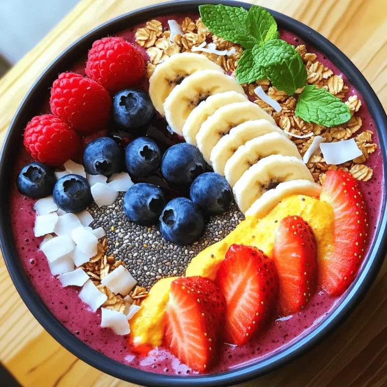 For a tasty triple berry smoothie bowl, you will need: - 1 cup frozen strawberries - 1 cup frozen blueberries - 1 cup frozen raspberries - 1 banana, sliced - 1/2 cup Greek yogurt (or a dairy-free alternative) - 1/2 cup almond milk (or any milk of choice) - 1 tablespoon honey or maple syrup (optional) These main ingredients pack a punch of flavor and nutrients. The berries are rich in vitamins and antioxidants. They help boost your immune system and may improve heart health. The banana adds natural sweetness and creaminess. Greek yogurt brings protein and probiotics, which are great for digestion. You can add a few items to make your smoothie bowl even better: - Spinach or kale for extra greens - Protein powder for a protein boost - Nut butter for healthy fats and flavor These optional add-ins will enhance nutrition and flavor. Spinach and kale blend well without changing the taste much. Nut butter adds richness and makes it more filling. Toppings can turn your smoothie bowl into a feast for the eyes: - Sliced fresh fruits like kiwi or mango - Granola for crunch - Chia seeds for extra fiber - Coconut flakes for a tropical touch - Mint leaves for freshness These toppings not only look pretty but also add different textures. You can mix and match to suit your taste. A colorful bowl makes eating healthy fun! For the full recipe, check out the instructions above. To start, gather all your ingredients. You need frozen strawberries, blueberries, and raspberries. Don't forget a banana, Greek yogurt, and almond milk. If you want extra sweetness, grab honey or maple syrup. 1. In a blender, add the frozen strawberries, blueberries, and raspberries. 2. Then, slice the banana and add it to the mix. 3. Next, include Greek yogurt and almond milk. 4. Blend everything on high speed until it turns smooth and creamy. To get the right texture, adjust the almond milk. If you want it thicker, use less milk. For a thinner mix, add more milk. Taste the smoothie. If you want it sweeter, add honey or maple syrup. Blend it briefly again to combine. Pour your smoothie into a bowl. Use the back of a spoon to smooth the top. Now, it's time for fun! Arrange your toppings. Use fresh fruit slices, granola, chia seeds, coconut flakes, and mint leaves. Each topping adds flavor and looks great. Serve right away with a spoon. Enjoy your nutrient-packed delight! For the full recipe, check out the earlier section. To get the right thickness, use frozen fruit. This gives your smoothie bowl a creamy texture. Add almond milk slowly. Blend it until smooth. If it's too thick, add a little more milk. If it's too thin, add more frozen fruit. Aim for a spoonable texture that holds toppings well. Mix in a splash of vanilla extract for a warm taste. You can also add a pinch of cinnamon for extra depth. If you like it sweeter, try more honey or maple syrup. Fresh lemon juice can brighten the flavors too. Experiment to find your favorite blend! Don't skip the frozen fruit; it’s key for texture. Over-blending can make it too thin, so blend just until smooth. Also, avoid using too much liquid at once. This can lead to a watery bowl. Lastly, don’t forget the toppings! They add flavor and fun to your smoothie bowl. For more detailed steps, check the Full Recipe for the Triple Berry Smoothie Bowl. {{image_2}} You can switch up the berries with seasonal fruits. When strawberries are out of season, try peaches or mangoes. In fall, use apples or pears for a cozy twist. These fruits add flavor and nutrients, keeping your smoothie bowl fresh and fun. If you want a dairy-free bowl, use coconut yogurt instead of Greek yogurt. Almond milk works great, but you can also try oat milk or soy milk. These options keep your bowl creamy without dairy. You won’t lose any taste, just gain more choices! To make your smoothie bowl more filling, add protein. You can mix in a scoop of your favorite protein powder. Greek yogurt already adds protein, but nuts or seeds can help too. Try almond butter or hemp seeds for a tasty boost. This way, your smoothie bowl becomes a full meal! For the complete recipe, check the Full Recipe section. After making your triple berry smoothie bowl, store any leftovers in the fridge. Use an airtight container to keep it fresh. The smoothie bowl will taste best within 24 hours. If it sits longer, it may lose its creaminess. If you want to save some smoothie for later, freezing is a great option. Pour the leftover smoothie into an ice cube tray or a freezer-safe container. This way, you can use it for another bowl later. Just blend the frozen smoothie cubes with a bit of milk to revive the texture. In the fridge, your smoothie bowl lasts about one day. In the freezer, it can last up to three months. However, for the best taste and texture, use it within a month. For the full recipe and more delicious ideas, check out the complete guide to making this nutrient-packed delight. A Triple Berry Smoothie Bowl is packed with nutrients. Berries like strawberries, blueberries, and raspberries are rich in vitamins and antioxidants. They can help fight free radicals. This keeps your cells healthy and may lower the risk of chronic diseases. The Greek yogurt adds protein and calcium, which support strong bones and muscles. The banana provides potassium, which helps with heart health. Together, these ingredients make a tasty, healthy meal or snack. Yes, you can make this smoothie bowl ahead of time. Just blend the ingredients and store them in an airtight container. Keep it in the fridge for up to 24 hours. When you're ready to eat, give it a quick stir. If it’s too thick, add a splash of milk to thin it out. For best taste, add your toppings right before serving. This keeps them fresh and crunchy. You can easily customize your smoothie bowl to fit your taste. Want a sweeter bowl? Add more honey or maple syrup. You can swap out the berries for other fruits like mango or peaches. For extra nutrients, add spinach or kale to the blend. If you need more protein, toss in some protein powder or nut butter. The toppings are also fun to change. Try nuts, seeds, or different fruits to mix things up. The options are endless! For the Full Recipe, check out the details above. In this post, we explored how to make a Triple Berry Smoothie Bowl. We covered key ingredients and optional add-ins for flavor. You learned step-by-step instructions, blending tips, and how to serve it right. We provided helpful tips for consistency and common mistakes to dodge. You also saw ways to vary your bowl and how to store it. My final thought is that this smoothie bowl is fun and healthy. Experiment with it to find your favorite mix! Enjoy your creation!