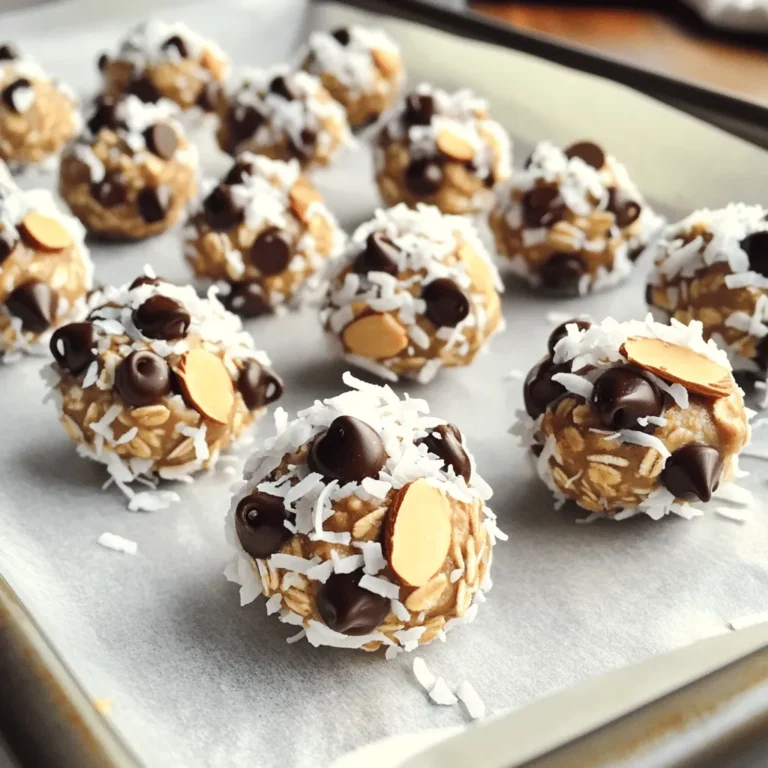 To make Almond Joy Energy Bites, you need these simple ingredients: - 1 cup rolled oats - 1/2 cup almond butter - 1/4 cup honey or maple syrup - 1/4 cup unsweetened shredded coconut - 1/4 cup mini chocolate chips - 1/4 cup chopped almonds - 1 teaspoon vanilla extract - Pinch of salt These ingredients come together to create a tasty and nutritious snack. Each one plays a key role in the flavor and texture. If you don’t have an ingredient, don’t worry! Here are some swaps you can try: - Use peanut butter instead of almond butter. - Swap honey for agave syrup for a vegan option. - Try sweetened coconut if you prefer a sweeter bite. - Use dark chocolate chips for a richer taste. Making these changes can keep the recipe fun and fresh! These bites offer a healthy snack option. Here’s a quick look at the nutrition: - Calories: About 150 per bite - Protein: 4 grams - Fat: 8 grams - Carbs: 15 grams - Fiber: 2 grams Almond Joy Energy Bites provide energy and satisfaction. They are great for a quick snack or a boost before activity. For the full recipe, check out the section above. First, gather all your ingredients. You will need rolled oats, almond butter, and honey or maple syrup. Mix these three in a large bowl. Blend them well until they form a thick paste. Next, add unsweetened shredded coconut, mini chocolate chips, chopped almonds, vanilla extract, and a pinch of salt. Stir until all the ingredients mix evenly. This ensures each bite has a good blend of flavors. After mixing, refrigerate the mixture for 30 minutes. This step makes it easier to roll into bites. When mixing, use a sturdy spoon or spatula. This helps combine the sticky almond butter and honey. If the mixture is too dry, add a little extra almond butter. If it feels too wet, add more oats. You want a dough that holds together but isn't too sticky. Taste the mixture! This is your chance to adjust sweetness or add more chocolate chips if you like. Once the mixture is chilled, it’s time to roll. Take small portions, about one tablespoon each. Roll the mixture between your hands to form a ball. Aim for bites that are about 1 inch in diameter. If your hands stick, dampen them slightly with water. Place the rolled bites on a parchment-lined plate. You can sprinkle extra chocolate chips or coconut on top for extra flair. Enjoy your snack! For the complete recipe, check out the Full Recipe. To make these bites stand out, try adding a pinch of sea salt. It brings out the sweetness. You can also swap in different nut butters, like cashew or peanut. Each nut adds its own taste. If you love coconut, use toasted coconut flakes instead of unsweetened. This adds a richer flavor. For a hint of spice, add a dash of cinnamon or even a splash of almond extract. Store your Almond Joy Energy Bites in an airtight container. Keeping them in the fridge keeps them fresh for up to a week. If you want them to last longer, freeze them. Just grab a few bites and let them thaw in your hand. They taste great right from the freezer too! These bites are perfect for a quick snack or a healthy dessert. Pair them with fresh fruit, like banana or apple slices. You can also serve them with a cup of your favorite tea or coffee. They make a great treat for kids after school. For a fun twist, serve them at parties on a cute platter. Your guests will love them! {{image_2}} You can switch up the nuts in your Almond Joy Energy Bites. Instead of almonds, try cashews or walnuts. Chopped pecans add a nice crunch too. Each nut brings a unique flavor and texture. This makes each batch special. Use your favorite nuts or whatever you have on hand. Want to change the sweet taste? You can swap honey for agave syrup. Maple syrup works well too. If you like a lower sugar option, try using mashed banana or unsweetened applesauce. These choices still keep your bites sweet and tasty. Add more fun to your energy bites with extra flavors. You can toss in some cocoa powder for a richer taste. A dash of cinnamon gives a warm note. Try adding a few drops of coconut extract for a tropical twist. You can also use dried fruits like raisins or cranberries for a chewy texture. These add-ins make your bites even more delicious. For the full recipe, check out the [Full Recipe]. To keep your Almond Joy Energy Bites fresh, store them in an airtight container. Place the container in the fridge. This will help them stay firm and tasty. The cold keeps the ingredients fresh. You can enjoy these bites for up to a week when stored this way. If you want to save some for later, freezing is a great option. After rolling the bites, lay them on a baking sheet. Make sure they don’t touch each other. Freeze them for about an hour. Once they are firm, move them to a freezer-safe bag or container. This way, you can enjoy them for up to three months. Just thaw them in the fridge overnight before eating. Almond Joy Energy Bites can last about a week in the fridge. If you freeze them, they last up to three months. Always check for any changes in smell or texture. If they look off, it’s better to toss them. Keeping an eye on freshness helps you enjoy your tasty treat! Almond Joy Energy Bites last about a week in the fridge. Store them in an airtight container. This helps keep them fresh and tasty. You can enjoy them every day for a week! If you want to keep them longer, consider freezing them. Yes, you can make these energy bites vegan! Just swap the honey for maple syrup. Both sweeteners work well in the recipe. Also, check that the chocolate chips are dairy-free. This way, you can enjoy the bites without any animal products. These energy bites offer several health benefits. They contain rolled oats, which provide fiber. Fiber helps you feel full longer. Almond butter gives you healthy fats and protein, which are good for energy. The coconut adds antioxidants, while chocolate chips bring joy! Absolutely! You can use any nut butter you like. Peanut butter, cashew butter, or sunflower seed butter all work well. Each nut butter gives a different flavor. Try different ones to find your favorite taste in these energy bites. For the full recipe, check out the section above. In this post, we explored how to make delicious Almond Joy Energy Bites. We covered the ingredients needed, along with healthier swaps. You learned step-by-step how to prepare, mix, and shape the bites for the best texture. Flavor tips and storage advice helped ensure freshness. You can also enjoy creative variations like different nuts or sweeteners. These energy bites are not only tasty, but they also pack health benefits. Now, you can enjoy and share these bites anytime, knowing you have a fun and healthy snack at hand.
