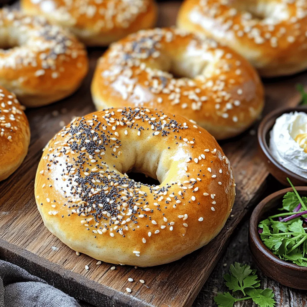 - 4 cups all-purpose flour - 1 packet (2 1/4 tsp) active dry yeast - 1 1/4 cups warm water (about 110°F) - 1 tablespoon sugar - 2 teaspoons salt - 1 tablespoon vegetable oil - 1/4 cup baking soda (for boiling) - 1 egg wash (1 egg beaten with 1 tablespoon water) - Everything bagel seasoning (sesame seeds, poppy seeds, onion flakes, garlic flakes, salt) To make homemade everything bagels, you need a few key items. First, let's talk about the main ingredients. The all-purpose flour gives the bagels their nice texture. The yeast helps them rise and become fluffy. Warm water activates the yeast, while sugar feeds it, making the bagels rise even better. Salt adds flavor, and vegetable oil keeps the dough moist. Next, we have the ingredients for boiling and topping. Boiling the bagels in water with baking soda gives them a lovely crust. The egg wash helps the toppings stick and gives a shiny finish. Everything bagel seasoning adds that delicious mix of flavors we all love. By gathering these ingredients, you set yourself up for bagel success. For the complete step-by-step method, check out the full recipe. To start, dissolve the sugar and yeast in warm water. This helps the yeast activate and grow. Let it sit for about 5-10 minutes until it gets frothy. In a large mixing bowl, combine the flour and salt. Make a well in the center and pour in the yeast mixture and vegetable oil. Mix it all together until you get a rough dough. Now, it's time to knead the dough. Place it on a lightly floured surface and knead for about 10 minutes. You want it to be smooth and elastic. Once that’s done, place the dough in a greased bowl. Cover it with a clean cloth and let it rise in a warm spot. Wait until it doubles in size, which should take about an hour. While the dough rises, preheat your oven to 425°F (220°C). After the dough has risen, punch it down and divide it into 8 equal portions. Roll each piece into a ball. Then, poke a hole in the center to create the bagel shape. Next, bring a large pot of water to a boil and add the baking soda. Boil each bagel for about 1 minute on each side. This step helps create that classic bagel texture. Once boiled, remove the bagels and place them on a baking sheet lined with parchment paper. Brush the tops with the egg wash. Sprinkle them generously with everything bagel seasoning. Finally, bake them in the preheated oven for 20-25 minutes. They should turn golden brown. Enjoy your homemade everything bagels! For the full recipe, check out the earlier section. Kneading is key to great bagels. It helps develop gluten, which gives the dough strength. Knead the dough for about ten minutes. It should feel smooth and elastic. For the best rise, find a warm spot. Aim for a temperature around 75-80°F. Cover the dough with a cloth while it rises. This keeps it warm and moist. Boiling bagels before baking gives them their unique texture. It creates a chewy crust that you love. The boiling also helps the bagels hold their shape. Boil each bagel for about one minute on each side. Timing is important. Too long, and they become tough. Too short, and they won't have that perfect bite. Overworking the dough can make bagels dense. Be gentle when kneading and shaping. Don’t rush the process. Insufficient boiling time is another mistake. If you skip this step or don’t boil long enough, your bagels may be flat and soft. Always boil them for the right time to achieve that ideal texture. {{image_2}} You can make your bagels even more tasty with some fun add-ins. - Cheese-stuffed bagels: Add a bit of cream cheese or cheddar inside. This makes a warm, gooey treat. - Herb-flavored varieties: Mix in dried herbs like rosemary or thyme into the dough. This adds a nice twist. Change up your bagel toppings for a new taste. - Customized seasoning mixes: Try garlic powder, chili flakes, or even parmesan cheese. Create a mix that you love. - Sweet bagel options: Use cinnamon sugar or chocolate chips for a sweet breakfast. This can make your mornings special. You can still enjoy bagels without gluten. - Substituting gluten-free flour: Use a gluten-free flour blend in place of all-purpose flour. This keeps the texture light. - Adjusting rising times and methods: Gluten-free dough may need more time to rise. Keep an eye on it to get the best result. For the full recipe, check out the Homemade Everything Bagels 🥯 section. Store your fresh bagels at room temperature. Use a paper bag or a cloth towel. This keeps them soft. Avoid plastic bags; they make bagels soggy. For longer storage, refrigerate them. Wrap each bagel tightly in plastic wrap. This helps keep the moisture in. To freeze bagels, let them cool completely first. Then, wrap each bagel in plastic wrap. Place them in a freezer bag. Remove as much air as you can. This prevents freezer burn. When you want to eat one, just take it out. Leave it at room temperature for a few hours. You have a few ways to reheat bagels. The toaster is quick and easy. Just toast until crispy. For more warmth, use the oven. Preheat your oven to 350°F. Bake for about 5 to 10 minutes. You can also use a microwave, but this may make them chewy. To keep the texture, wrap the bagel in a damp paper towel. This helps maintain its freshness. You can check if your bagels are done by looking at their color. The bagels should be golden brown. You can also tap them lightly on the bottom. If they sound hollow, they are ready. Another way is to use a kitchen thermometer. The inside should reach about 200°F for perfect doneness. Yes, you can use instant yeast. It works well and is faster. You do not need to dissolve instant yeast in water. Just mix it with the flour. Use the same amount as active dry yeast. However, reduce the water slightly, as instant yeast absorbs more moisture. To get a shiny crust, you need to boil the bagels in water with baking soda. This step is key. The baking soda helps create that glossy surface. After boiling, brush the bagels with an egg wash before baking. This adds shine and color. Yes, you can make bagel dough ahead of time. After kneading, place the dough in the fridge. It can chill overnight. When ready, take it out and let it warm up before shaping. This helps the dough rise better and makes it easier to handle. Making bagels at home is fun and tasty. We covered the ingredients, steps, tips, and variations to create perfect bagels. Remember to knead well and boil the bagels for the best texture. Don't forget to experiment with flavors and toppings. Store them right to keep them fresh. Enjoy your warm, homemade bagels, and share them with friends! You now have the tools to master this simple recipe. Happy bagel-making!