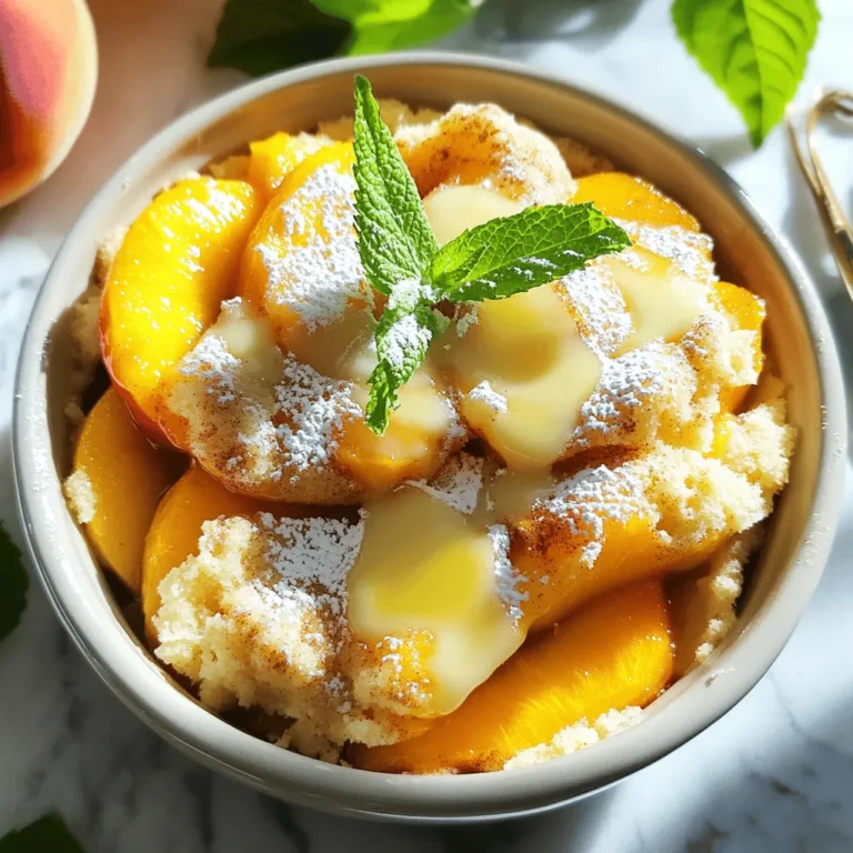 - 4 cups fresh or canned peaches, drained and sliced - 1 cup granulated sugar - 1 cup all-purpose flour Fresh or canned peaches are the heart of this dish. They bring juicy sweetness and a lovely texture. I often use fresh peaches when they are in season. If not, canned peaches work just fine. Just be sure to drain them well. Granulated sugar adds a nice sweetness. You can adjust this based on your taste. If the peaches are very sweet, you might even use less. All-purpose flour helps bind the cake together. It gives the dish its structure to hold all those delicious flavors. - 1 cup almond milk (or any milk of your choice) - 1 cup unsalted butter, melted - 1 teaspoon vanilla extract - 1 tablespoon baking powder Almond milk adds moisture without overpowering the peach flavor. You can swap it for any milk you like. Unsalted butter makes the cake rich and smooth. Melting it helps it mix well with other ingredients. Vanilla extract adds depth to the flavor. It enhances the sweetness of the peaches and sugar. Baking powder is key for making the cake rise. It helps create a light and fluffy texture. - 1 cup crumbled vanilla cake mix (or yellow cake mix) - Ice cream or whipped cream, for serving (optional) Crumbling vanilla cake mix on top gives a nice crunch. It adds a sweet layer that contrasts with the tender peaches. Ice cream or whipped cream is a great way to serve this dish. The cold creaminess pairs perfectly with warm cobbler. You can’t go wrong with a scoop on top! For the full recipe, check out the complete Peachy Paradise Dump Cake recipe. Start by setting your oven to 350°F (175°C). This temperature is perfect for baking. Make sure to give your oven time to heat up fully. In a mixing bowl, combine 4 cups of peaches and 1 cup of granulated sugar. Toss them well so the sugar coats the peaches. Let this mix sit for about 10 minutes. This helps the peaches release their juices, making them tasty. In another bowl, whisk together these dry ingredients: - 1 cup all-purpose flour - 1 tablespoon baking powder - 1 teaspoon cinnamon - 1/4 teaspoon salt Next, add in 1 cup of almond milk and 1 cup of melted unsalted butter. Don’t forget to add 1 teaspoon of vanilla extract. Stir until the batter is smooth and creamy. Grab a greased 9x13 inch baking dish. First, spread the peach mixture evenly over the bottom. Next, gently pour the batter over the peaches. Make sure it covers them well. Now, sprinkle 1 cup of crumbled vanilla cake mix on top. Do not stir; just let it sit there. Bake for 35-45 minutes. The dump cake is done when the top is golden brown. A toothpick inserted should come out clean. After baking, let it cool slightly before serving. Enjoy it warm, or at room temperature. You can add ice cream or whipped cream on top for extra delight! To get the right texture for your Peach Cobbler Dump Cake, focus on the batter. Mix the dry ingredients well, so everything blends smoothly. When you add the milk and melted butter, stir gently. You want a thick but pourable batter. If it feels too thick, add a bit more milk. This keeps your cake moist and fluffy. This cake shines when served warm. Try adding a scoop of ice cream on top. Vanilla pairs great with the sweet peaches. You can also use whipped cream for a lighter touch. For a fun twist, drizzle some caramel sauce over the top. It adds sweetness and richness to each bite. Want to boost the flavor? Consider adding a pinch of nutmeg along with the cinnamon. You could also mix in a splash of almond extract for a nutty taste. For a citrus twist, try adding the zest of a lemon or orange. These small changes can make your dump cake even more delicious! {{image_2}} You can change up the fruit in this dump cake. Try using blueberries, cherries, or apples. Each fruit brings its own flavor. This way, you can enjoy a new taste each time. If you like, mix several fruits together. This makes a fun and colorful dessert. If you need a gluten-free version, it is easy! Substitute all-purpose flour with a gluten-free flour blend. Make sure to check the baking powder for gluten-free labels. You can also use gluten-free cake mix for the topping. This way, everyone can enjoy this dessert. Mixing flavors can enhance your peach cobbler dump cake. Add almond extract for a nutty twist. You can also sprinkle in some nutmeg or cardamom for a warm spice. Lemon zest adds a nice zing. These flavors create a unique taste that will surprise your guests. To keep your peach cobbler dump cake fresh, store leftovers in an airtight container. This helps keep moisture in and prevents it from drying out. You can leave it at room temperature for one day. If you want it to last longer, put it in the fridge. It will stay good for about three days in the fridge. Reheating your dump cake is easy. Place the desired portion in a microwave-safe dish. Heat it for 30 seconds to one minute. Check if it is warm enough. You can also reheat it in the oven. Preheat the oven to 350°F (175°C). Put the dump cake in for about 10 to 15 minutes. This makes it crispy on top again. If you want to freeze your dump cake, make sure it is completely cool. Cut it into pieces and wrap each piece tightly in plastic wrap. Then, place them in a freezer-safe bag or container. It can stay frozen for up to three months. When you are ready to eat it, let it thaw in the fridge overnight before reheating. Enjoy your delicious dessert anytime! Yes, you can use frozen peaches. They work well in this recipe. Just thaw them first. Drain any excess juice to avoid a watery cake. Frozen peaches save time and still taste great. If using fresh, slice them and let the sugar bring out the juices. If your dump cake is dry, don’t worry! You can add more almond milk. Drizzle milk on top before serving. Another option is to serve it warm with a scoop of ice cream. The creaminess will help balance the dryness. You can also try baking it for a shorter time next time. To make Peach Cobbler Dump Cake ahead, prepare the layers. You can combine the peach mixture and batter in advance. Cover and store it in the fridge for up to a day. When ready, bake it just before serving. This way, you have a warm dessert without much last-minute work. For the complete Peachy Paradise Dump Cake recipe, click [Full Recipe]. You now have all the tools to create a delicious Peachy Paradise Dump Cake. We explored the key ingredients, detailed step-by-step instructions, and helpful tips for the best results. You can even try variations to match your taste. Don't forget about storage options to keep leftovers fresh. Enjoy making this treat any time, and remember, baking is all about having fun in the kitchen. Get ready to share your creation with family and friends!