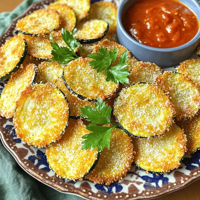 - 2 medium zucchinis, thinly sliced - 1 cup panko bread crumbs - 1/2 cup grated Parmesan cheese - 1 teaspoon garlic powder - 1 teaspoon onion powder - 1/2 teaspoon paprika - 1/2 teaspoon salt - 1/4 teaspoon black pepper - 1 large egg, beaten - Cooking spray To make crispy air fryer zucchini chips, gather your ingredients first. Fresh zucchini is key for the best taste. I love using panko bread crumbs. They give a light, crispy texture that regular bread crumbs cannot match. Parmesan cheese adds a salty kick that enhances each bite. - Additional spices for flavor enhancement - Fresh herbs for garnish Feel free to add your favorite spices to the mix. A pinch of cayenne can add heat. You can also use fresh herbs for garnish. Basil or parsley brighten the dish and make it look appealing. Experiment with flavors. Each batch can be a little different. Don't hesitate to make it your own! For the full recipe, check the section above. Set your air fryer to 400°F (200°C). Preheating makes sure your chips cook evenly and get nice and crispy. In a shallow bowl, mix together the following ingredients: - 1 cup panko bread crumbs - 1/2 cup grated Parmesan cheese - 1 teaspoon garlic powder - 1 teaspoon onion powder - 1/2 teaspoon paprika - 1/2 teaspoon salt - 1/4 teaspoon black pepper Stir well until everything is combined. This mix gives your zucchini chips a great taste. In a separate bowl, beat 1 large egg. To coat the zucchini slices: 1. Dip each slice into the egg, letting the excess drip off. 2. Then, press the slice into the panko mix. Make sure to coat it well. This egg dip method helps the coating stick nicely to the zucchini. Arrange the coated zucchini slices in the air fryer basket. Make sure they are in a single layer and not touching. This allows the hot air to cook them evenly. Lightly spray the tops with cooking spray. This adds extra crispiness. Air fry for 10-12 minutes. Flip the chips halfway through cooking. They should be golden brown and crunchy. When done, take the zucchini chips out and let them cool on a wire rack. This keeps them crispy. For a fun presentation, arrange them on a decorative plate. You can garnish with fresh parsley or sprinkle some extra Parmesan on top. Serve your crispy zucchini chips with your favorite dipping sauce, like ranch or marinara. Enjoy this simple and tasty snack using the Full Recipe. To get zucchini chips nice and crispy, spacing is key. Place each chip in a single layer in the air fryer basket. If they overlap, they won’t cook evenly. The air needs room to flow around each piece. If you have a lot of zucchini, cook them in batches. This step pays off with a perfect crunch. Different air fryer models can cook at different speeds. Most take around 10-12 minutes, but check your chips often. If you have a newer model, they may cook faster. Flip the chips halfway through to ensure even cooking. Keep an eye on them to find your ideal crispiness. You can prep the zucchini chips ahead for a quick snack. Slice the zucchini and coat them in the mixture. Store them in the fridge for a few hours or overnight. When you’re ready, just pop them in the air fryer. This makes it easier to enjoy a snack on busy days. Check the [Full Recipe] for specific details on preparation. {{image_2}} To add a kick, try adding spices like cayenne or chili powder to the panko mix. This gives your chips a nice heat that balances well with the cheese. For cheese, you can use cheddar for a bold flavor or mozzarella for a milder taste. Mixing different cheeses can create a tasty blend. For a vegan twist, replace the egg with a flaxseed mixture. Mix one tablespoon of ground flaxseed with three tablespoons of water. Let it sit for a few minutes until it thickens. Instead of cheese, try nutritional yeast. It gives a cheesy flavor without dairy. Fresh herbs can brighten up your zucchini chips. Try adding chopped basil, oregano, or thyme to the panko mix. If you use dried herbs, remember to adjust the amount, as they are more potent. These herbs add great flavor and make your chips smell amazing. For the full recipe, check out the Crispy Air Fryer Zucchini Chips . To keep your leftover zucchini chips fresh, store them in an airtight container. This helps prevent moisture from making them soggy. You can also add a paper towel inside the container. The towel absorbs any extra moisture, keeping your chips crispy. Avoid stacking chips too high, as this can cause them to break. When you want to enjoy your leftover zucchini chips, reheating is key. The air fryer is the best choice for this. It will make them crispy again. Preheat the air fryer to 350°F (175°C) and heat the chips for about 5 minutes. You can also use an oven. Set it to 350°F (175°C) and bake for 8-10 minutes. Both methods work well, but the air fryer is quicker. Zucchini chips can last for about 3 days in the pantry. If you store them in the fridge, they stay fresh for about 5 days. Just remember, the longer they sit, the less crispy they become. Enjoy your chips while they are fresh for the best taste! Yes, you can use regular bread crumbs. However, they are finer and denser than panko. This means your zucchini chips may not get as crispy. Panko gives a lighter, crunchier texture. If you want a great bite, stick with panko. Soggy chips often come from too much moisture. Here are common mistakes to avoid: - Not drying zucchini: Make sure you pat the slices dry with paper towels. - Overcrowding the air fryer: Give chips space for air circulation. - Skipping the cooking spray: A light spray helps them crisp up. To achieve the best texture, follow these tips: - Slice zucchini thinly: Aim for about 1/4 inch thick. - Use panko bread crumbs: They create the best crunch. - Don’t skip the egg wash: This helps the crumbs stick well. - Air fry in batches: Avoid overcrowding for even cooking. Zucchini chips pair well with many dips. Here are some popular options: - Ranch dressing: A classic choice. - Marinara sauce: Great for a tangy taste. - Guacamole: Adds a creamy texture. - Tzatziki sauce: This yogurt dip is refreshing. Yes, you can easily adjust the serving size. For a larger group, double the ingredients. If you want fewer chips, halve the amounts. Just ensure your air fryer has enough space for the cooked chips. Absolutely! Many veggies work well. Here are some great suggestions: - Sweet potatoes: Slice them thin for sweet chips. - Carrots: They add a nice crunch and natural sweetness. - Eggplant: Try this for a different flavor. - Beets: They give a vibrant color and taste. For the full recipe, check out the detailed steps above to create these delicious snacks! In this post, we explored how to make crispy zucchini chips in an air fryer. We covered simple ingredients, easy steps, and tips for perfect results. You can customize these chips with spices or herbs to fit your taste. Storing leftovers and reheating them properly keeps snacks fresh too. Enjoy making these delicious, healthy chips, and share them with friends and family. With practice, you’ll master this tasty treat in no time!
