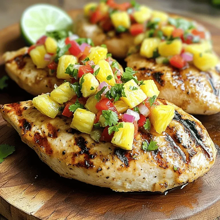 To make this dish, you will need some key items. Here’s what to gather: - 4 boneless, skinless chicken breasts - 1 tablespoon olive oil - Salt and pepper to taste - 1 cup fresh pineapple, diced - 1 medium red bell pepper, finely chopped - 1/2 red onion, finely diced - 1 jalapeño, seeded and minced - 1/4 cup fresh cilantro, chopped - Juice of 1 lime - 1 teaspoon honey (optional) These ingredients create a great balance of flavors. The juicy chicken pairs perfectly with the sweet and spicy salsa. You can add your own twist to the salsa. Here are some ideas: - Mango for extra sweetness - Avocado for creaminess - Corn for texture - Black beans for protein Feel free to mix and match these extras. It allows you to create a version that fits your taste. The right seasoning elevates this dish. Here are some essential tips: - Rub olive oil on the chicken. It keeps it moist. - Use salt and pepper generously. This enhances the chicken flavor. - Marinate the chicken for at least 30 minutes. This helps infuse the spices. You can even add garlic powder or smoked paprika for a deeper flavor. These steps bring out the best in your grilled chicken. For the complete recipe, check out the [Full Recipe]. Start by getting your grill ready. Preheat it to medium-high heat. Next, take your chicken breasts and rub them with olive oil. Add salt and pepper to both sides. This will bring out the flavor. While the grill heats up, you can make your salsa. Once your grill is hot, place the chicken breasts on it. Cook each side for about 6-7 minutes. You want them to reach an internal temperature of 165°F (75°C). This ensures they are safe to eat. After grilling, let them rest for a few minutes. This helps keep the chicken juicy. In a mixing bowl, combine the diced pineapple, red bell pepper, red onion, jalapeño, cilantro, and lime juice. If you like a touch of sweetness, add honey. Stir everything well to mix. This salsa brings a burst of flavor to the chicken. After the chicken rests, top it with your fresh pineapple salsa. For the full recipe, check the details above. To grill chicken well, start with a hot grill. This helps seal in juices. I suggest preheating it for about 10 minutes. Next, make sure to oil the grill grates. This prevents sticking. Cook the chicken for 6-7 minutes on each side. Use a meat thermometer to check the internal temperature. It should reach 165°F (75°C). Let the chicken rest for a few minutes after grilling. This step keeps it juicy. To boost the flavor, marinate the chicken before grilling. A simple mix of olive oil, salt, and pepper works great. You can add lime juice for a zesty touch. For the salsa, fresh ingredients make a big difference. Use ripe pineapple for sweetness. The red bell pepper adds crunch and color. Cilantro gives a fresh note, while jalapeño adds heat. Adjust these ingredients to match your taste. Presentation matters. Serve the chicken on a colorful plate. Spoon the pineapple salsa over the top. This adds a vibrant look. You can also garnish with extra cilantro leaves. Add lime wedges on the side for a pop of color. A sprinkle of salt can enhance the dish. This dish not only tastes good but also looks beautiful. For more details, check out the Full Recipe. {{image_2}} You can change the fruit in your salsa. Try mango for a sweet twist. It adds a bright, sunny flavor. You can also use kiwi for a tart kick. Papaya works well, too, and gives a smooth texture. Each fruit brings its own charm. Mix and match to find your favorite! Grilling is great, but you have options. You can bake the chicken in your oven. Set it to 375°F (190°C) and bake for 25-30 minutes. If you want more flavor, try searing the chicken in a skillet. This adds a nice crust. You can also use a slow cooker for juicy chicken. Cook on low for 4-6 hours. Each method makes the dish fun and easy. Summer calls for fresh and light meals. Serve the chicken with a side salad or on tacos. In the fall, pair it with roasted veggies. This warms you up and adds depth. Winter brings hearty grains like quinoa or rice. In spring, top it with fresh herbs for a bright look. Each season gives you a chance to play with flavors. Use the Full Recipe to explore these ideas! After enjoying your pineapple salsa grilled chicken, store any leftovers in an airtight container. Keep the chicken and salsa separate if you can. This keeps the chicken juicy and the salsa fresh. Place the container in the fridge. Leftovers will stay good for about three days. When it’s time to eat your leftovers, reheat the chicken gently. Use a microwave or an oven. For the microwave, place the chicken on a plate. Heat for one minute, check, and heat more if needed. If using an oven, set it to 350°F. Cover the chicken with foil to keep it moist. Heat for about 10 minutes. Serve the chicken with fresh salsa on top. You can freeze both the chicken and salsa. First, let the chicken cool completely. Wrap it tightly in plastic wrap. Then place it in a freezer bag. For the salsa, use a freezer-safe container. Leave some space at the top, as it will expand. You can freeze the chicken for up to three months. The salsa can stay good for about a month. Just remember to label everything with the date. When you are ready to eat, thaw in the fridge overnight before reheating. For full recipe details, check out the recipe section. If you want a different fruit, try mango or peach. Both fruits bring sweetness and brightness. You can also use diced tomatoes for a savory twist. Each choice adds a unique flavor to your salsa. You can marinate the chicken for about 30 minutes to 2 hours. This time allows the chicken to soak up the flavors. If you marinate too long, the chicken can become mushy. Keep an eye on it for the best results. Yes, you can prepare the salsa ahead of time. Just store it in the fridge for up to 2 days. The chicken can also be marinated early. Grill it fresh when you are ready to eat. For the full recipe, check out the details above. In this post, we explored how to make delicious pineapple salsa grilled chicken. We covered key ingredients and seasoning methods to enhance flavor. The step-by-step guide made grilling chicken easy and fun. You can customize the salsa with different fruits and cooking methods. Also, proper storage ensures your leftovers stay fresh. Enjoy experimenting with this recipe. Let your taste buds guide you to new flavors. This dish can be your go-to for many meals.