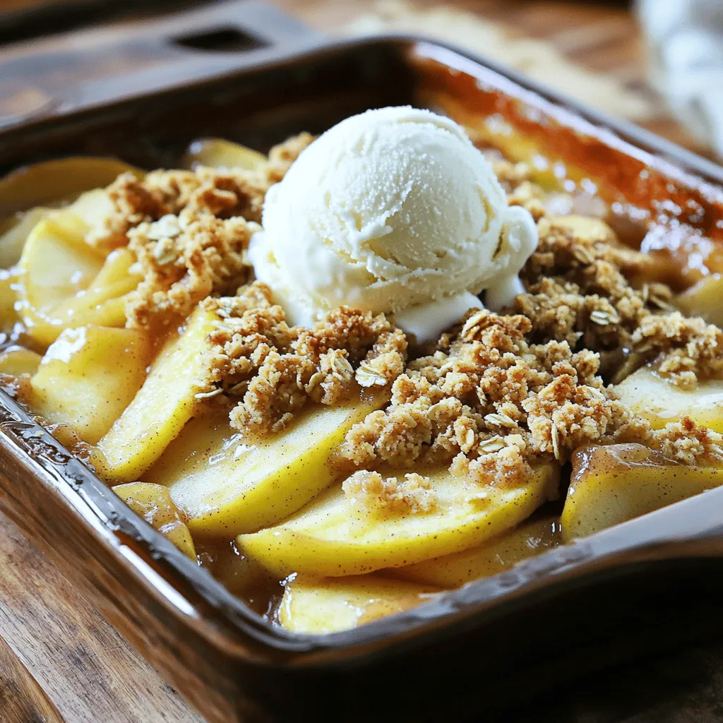 To make a classic apple crisp, you need some key ingredients. Here’s what you will use: - 6 medium Granny Smith apples, peeled and sliced - 1 tablespoon lemon juice - 1 cup rolled oats - 1/2 cup all-purpose flour - 1/2 cup packed brown sugar - 1/2 cup granulated sugar - 1 teaspoon ground cinnamon - 1/2 teaspoon ground nutmeg - 1/4 teaspoon salt - 1/2 cup unsalted butter, softened and cubed These apples bring a tart flavor that balances the sweetness. The oats and butter create a crunchy topping. Want to enhance your apple crisp? Here are some optional add-ins: - 1/2 cup chopped walnuts - 1/2 cup raisins or dried cranberries - A splash of vanilla extract - A sprinkle of ginger or cardamom These add-ins give more texture and flavor. For example, walnuts add a nice crunch. Raisins bring a chewy sweetness that pairs well with apples. If you need to make swaps, here are some great options: - Use Honeycrisp or Fuji apples for a sweeter taste. - Swap brown sugar for coconut sugar for a different flavor. - Use almond flour instead of all-purpose flour for a gluten-free option. - Replace unsalted butter with coconut oil for a dairy-free version. These substitutions keep your apple crisp tasty, while fitting your dietary needs. You can still enjoy classic flavors with these simple changes. For the full recipe, check out the details above! First, wash your apples well. I like using Granny Smith apples for their tartness. Peel and slice them into thin pieces. You need about six medium apples for this recipe. After slicing, place them in a large bowl. Add one tablespoon of lemon juice to the apples. This step keeps the apples fresh and bright. Toss the apples gently to coat them with lemon juice. Next, transfer the apples into a greased 9x13 inch baking dish. Make sure they are spread out evenly. In another mixing bowl, gather your dry ingredients. Combine one cup of rolled oats, half a cup of all-purpose flour, and half a cup of packed brown sugar. Then, add half a cup of granulated sugar, one teaspoon of ground cinnamon, half a teaspoon of ground nutmeg, and a quarter teaspoon of salt. Mix these well to blend the flavors. Now, take half a cup of softened unsalted butter. Cut it into small cubes and add it to the dry mix. Use your fingers or a pastry cutter to mix until you see coarse crumbs. If you want more crunch, stir in half a cup of chopped walnuts. Now it’s time to bake. Preheat your oven to 350°F (175°C). Evenly spread the crumb mixture over the apples in the baking dish. Make sure to cover all the apples well. Place the dish in the oven and bake for 35 to 40 minutes. Check for a golden brown top and bubbling apples. Once it’s done, take it out of the oven. Let it cool for a few minutes before serving. Serve it warm, topped with a scoop of vanilla ice cream for a perfect treat. For the full recipe, see the details above. To get that perfect crisp texture, focus on your topping. Use cold butter. This keeps the topping crumbly. Mix it with your dry ingredients until it looks like coarse crumbs. Don’t overmix; it should stay light and airy. This helps it bake up crunchy and golden. Choosing the right apples is key. I love Granny Smith apples for their tartness. They hold their shape well when baked. Honeycrisp apples add sweetness and a nice bite. You can mix varieties for a complex flavor. Just make sure they are firm and fresh. Bake your apple crisp at 350°F (175°C). This temperature lets the apples cook well while crisping the topping. Check it after 35 minutes. The top should be golden brown, and you should see bubbles. If it is not done, give it another 5 minutes. Always let it cool a bit before serving. For the full recipe, check out the Heavenly Spiced Apple Crisp! {{image_2}} You can make a gluten-free apple crisp by changing a few ingredients. Use gluten-free oats and a gluten-free flour blend. This swap keeps the taste while making it safe for those with gluten issues. You still get that crunchy topping we all love. The apples stay juicy and sweet underneath. You can follow the full recipe for the best results. Spices elevate apple crisp in exciting ways. Besides cinnamon, try nutmeg or cardamom. These spices add warmth and depth. You can even use ginger for a little kick. Just a pinch can change the whole dish. Experiment with your favorite spices to find your unique taste. If you want a healthier apple crisp, there are great options. Use less sugar or swap it with honey or maple syrup. You can also add more oats and nuts for extra fiber. Apples are naturally sweet, so you might not need much sugar. This way, you enjoy a tasty dessert that feels good too. To keep your apple crisp fresh, place it in an airtight container. You can also cover it tightly with plastic wrap or aluminum foil. Store it in the fridge for up to five days. The crisp topping may lose some crunch over time, but the flavor stays great. To reheat, preheat your oven to 350°F (175°C). Place the apple crisp in an oven-safe dish. Cover it with foil to prevent burning. Heat for about 15-20 minutes, or until warm. This method helps keep the topping crispy. You can also microwave it for quick reheating. Heat for about 30 seconds to 1 minute. You can freeze apple crisp for later enjoyment. First, let it cool completely. Then, wrap it tightly in plastic wrap and foil to prevent freezer burn. Store it in the freezer for up to three months. To bake from frozen, preheat your oven to 350°F (175°C) and bake for about 45-60 minutes. The topping may not be as crisp, but the taste will still be delicious. For the full recipe, check out the details above. Yes, you can use other fruits in apple crisp. Berries, peaches, and pears work well. Mix fruits for more flavor. Try a blend of apples and pears for a tasty twist. Each fruit adds a unique taste, making the dish special. You can also use frozen fruits for a quick dessert. The main difference is in the topping. Apple crisp has oats in the topping, while apple crumble does not. The crumble topping is usually made from flour and butter. This gives it a finer texture. Crisp toppings are chunkier and add a nice crunch. Both are delicious, but the texture sets them apart. You know the apple crisp is done when the top is golden brown. The apples should be bubbling around the edges. Check after 35 minutes of baking. If the topping looks crisp and brown, it's ready. Let it cool for a few minutes before serving. This helps the juices settle. For the full recipe, check out the complete guide to making this classic dessert. In this blog post, we explored making a classic apple crisp. You learned key ingredients, optional add-ins, and substitutions. I provided clear steps for prepping apples, making the topping, and baking. We also discussed tips for perfect texture, the best apples, and timing. You discovered tasty variations, storage methods, and reheating tips. Baking apple crisp is fun and easy. With these tips, your dessert will always impress. Enjoy your delicious creations!