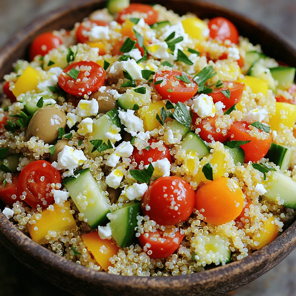 - 1 cup quinoa - 1 cup cherry tomatoes, halved - 1 cucumber, diced - 1 bell pepper (red or yellow), diced - 1/4 red onion, finely chopped - 1/2 cup Kalamata olives, pitted and sliced - 1/2 cup feta cheese, crumbled - 1/4 cup fresh parsley, chopped Quinoa is the star of this bowl. It is a protein-rich grain that cooks up fluffy and tasty. Fresh vegetables bring a crunch and burst of flavor. I love adding cherry tomatoes, cucumber, bell peppers, and red onion for a colorful mix. Kalamata olives and feta cheese add that classic Greek taste. Fresh parsley makes it look pretty and adds freshness. - 3 tablespoons olive oil - 2 tablespoons lemon juice - 1 teaspoon dried oregano - Salt and pepper to taste The dressing is simple but packs a punch. Olive oil gives a rich base. Fresh lemon juice adds tang, while oregano brings in that Mediterranean flavor. A pinch of salt and pepper makes everything taste better. Whisk these together to create a bright dressing that enhances the dish. - Calories per serving: About 350 - Fats: 15g - Carbs: 45g - Proteins: 10g This Greek quinoa bowl is not just tasty; it’s also good for you. Each serving has around 350 calories, making it a filling meal. The fats come mostly from olive oil and feta cheese, which are healthy fats. Quinoa gives you good carbs, while the veggies and feta boost your protein intake. Eating it feels great for both your body and your taste buds. For the full recipe, refer to the section above. Start by boiling the vegetable broth or water. Use a medium saucepan for this. Bring it to a boil over high heat. This step is quick and easy. Once the broth is boiling, add the rinsed quinoa. Stir it gently to mix. Reduce the heat to low. Cover the saucepan and let it simmer for about 15 minutes. The quinoa will soak up the broth. After 15 minutes, remove it from the heat. Let it sit covered for 5 more minutes. This helps it become fluffy. Use a fork to fluff the quinoa before serving. Now, let’s chop the fresh vegetables. Start with the cherry tomatoes. Cut them in half and set them aside. Next, take the cucumber and dice it into small pieces. Do the same with the bell pepper. You can use red or yellow, depending on your taste. Finely chop the red onion, as it adds a nice zing. Slice the Kalamata olives as well. Finally, crumble the feta cheese. You can adjust the amount based on your liking. Mix all these vegetables in a large bowl. It’s time to bring everything together. First, add the cooked quinoa to your large bowl of vegetables. Pour the dressing over the top. To make the dressing, whisk together olive oil, lemon juice, dried oregano, salt, and pepper in a small bowl. Once the dressing is ready, gently toss everything together. Make sure all the ingredients are well mixed. This way, every bite is full of flavor. For a nice touch, sprinkle fresh parsley on top before serving. You can find the complete recipe [here](#). To make great quinoa, the water-to-quinoa ratio matters. I usually use 2 cups of liquid for every 1 cup of quinoa. This ensures the quinoa cooks perfectly and becomes fluffy. After cooking, let it sit covered for 5 minutes. This step helps it absorb any extra moisture. Then, fluff the quinoa gently with a fork. This light touch keeps it airy and prevents clumping. Adding flavor is key to a Greek quinoa bowl. I suggest using dried oregano, which gives a great Mediterranean taste. Fresh herbs like parsley or mint can also make a big difference. Don’t forget about the acidity! A splash of lemon juice brightens the dish. It balances the rich flavors and adds a fresh zing. When serving, think about proteins that pair well. Grilled chicken or shrimp work nicely. For a vegetarian option, try chickpeas or lentils. These add protein and texture. For a beautiful presentation, serve in individual bowls. Layer the quinoa first, then add your veggies and drizzle with dressing. This creates an eye-catching dish that looks as good as it tastes! For the full recipe, check out the Mediterranean Quinoa Delight! {{image_2}} You can boost your Greek quinoa bowl with proteins like chicken, shrimp, or chickpeas. Grilled chicken adds a nice, smoky flavor. Shrimp cooks quickly and gives a seafood twist. Chickpeas are perfect for a hearty, plant-based option. Each choice adds texture and nutrients. Simply cook the protein, then mix it into your bowl. If you're aiming for a vegetarian or vegan meal, you can swap cheese or dressings. Instead of feta, try vegan cheese or avocado for creaminess. For dressing, use tahini or a mix of olive oil and vinegar. These swaps keep the flavors bright and tasty. You can still enjoy a delicious meal without dairy. Seasonal vegetables and herbs can elevate your Greek quinoa bowl. In spring, add fresh peas or asparagus. Summer is great for zucchini or bell peppers. In fall, try roasted butternut squash or Brussels sprouts. Winter herbs like rosemary or thyme can add warmth. Using what's fresh makes each bowl unique and flavorful. To store your Greek quinoa bowl, first let it cool down. Once cool, place it in an airtight container. This keeps the flavors fresh. You can store it in the fridge for up to three days. Label the container with the date. This helps you remember when you made it. When you want to enjoy your quinoa bowl again, you can reheat it in a few ways. The microwave is quick and easy. Place your bowl in the microwave for 1-2 minutes. Stir it halfway through for even heating. You can also use a stovetop. Add a splash of water to keep it moist. Heat it over low heat until warm. If you want to save your Greek quinoa bowl for later, freezing is a great option. First, let it cool completely. Then, transfer it to a freezer-safe container. Make sure to leave some space at the top for expansion. You can freeze it for up to three months. To thaw, move it to the fridge overnight. Once thawed, reheat it as mentioned above. Enjoy your tasty meal anytime! A Greek Quinoa Bowl is a colorful and tasty dish. It mixes quinoa with fresh veggies and feta cheese. This bowl draws from Greek flavors, making it both healthy and fun. The dish may have roots in Mediterranean cuisine, where fresh ingredients shine. You get protein from quinoa and nutrition from vegetables, making it a wholesome meal. Yes, you can prep this recipe ahead of time. Cook the quinoa and let it cool. Store it in an airtight container in the fridge. Chop the veggies and set them aside. You can mix everything when you're ready to eat. This saves time and makes meal prep easy. To make this Greek Quinoa Bowl gluten-free, you only need to focus on the ingredients. Quinoa is naturally gluten-free, so you’re already on the right track. Check that your vegetable broth is gluten-free, too. For added crunch, you can substitute feta cheese with a vegan option. This keeps the dish safe for those with gluten sensitivities. You can enjoy all the flavors without worry. For the full recipe, visit the [Full Recipe]. This blog post covered how to create a tasty Greek quinoa bowl. You learned about the essential ingredients, from quinoa to feta cheese. I shared step-by-step instructions for cooking and mixing. Tips helped you perfect flavor and presentation. We also explored variations and storage tips for your leftovers. In conclusion, this dish is simple, healthy, and versatile. Enjoy making it fresh or as meal prep for the week. Happy cooking!