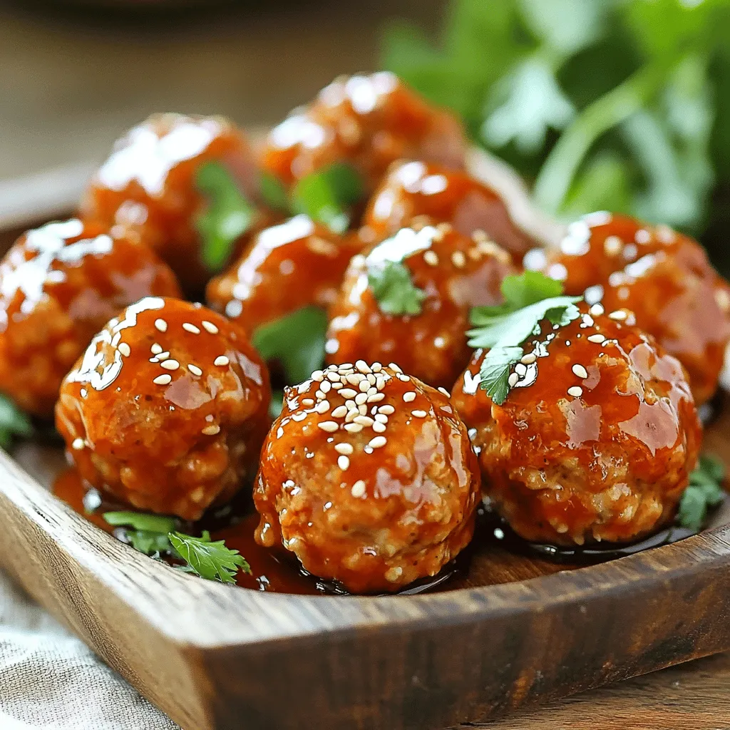To make sweet chili glazed meatballs, you need these key ingredients: - 1 lb ground chicken or turkey - 1/2 cup breadcrumbs - 1/4 cup grated Parmesan cheese - 1/4 cup fresh parsley, chopped - 1 egg, beaten - 3 cloves garlic, minced - 1 teaspoon ginger, grated - Salt and pepper to taste - 1/2 cup sweet chili sauce - 2 tablespoons soy sauce - 1 tablespoon rice vinegar - 1 teaspoon sesame oil - Sesame seeds (for garnish) These ingredients create a nice mix of flavors and textures. The ground chicken or turkey keeps them light, while the breadcrumbs bind them well. The Parmesan cheese adds a savory touch. You can add some fun garnishes or extras to make your meatballs even better: - Chopped green onions - Crushed red pepper flakes for heat - Chopped cilantro for freshness - A squeeze of lime juice for a tangy kick These options let you customize the dish to your taste. You can mix and match based on what you have at home. Don’t worry if you can’t find an ingredient! Here are some easy swaps: - Use ground beef or pork instead of chicken or turkey. - Swap breadcrumbs for crushed crackers or oats. - Try mozzarella instead of Parmesan for a different cheese flavor. - Use coconut aminos instead of soy sauce for a gluten-free option. These substitutions can help you use what you have on hand. They still keep the spirit of the dish intact. For the full recipe, check out Sweet Chili Glazed Meatballs. Start by preheating your oven to 400°F (200°C). This step is vital for even cooking. While the oven heats, line a baking sheet with parchment paper. This will help the meatballs cook nicely without sticking. In a large bowl, combine the following ingredients: - 1 lb ground chicken or turkey - 1/2 cup breadcrumbs - 1/4 cup grated Parmesan cheese - 1/4 cup fresh parsley, chopped - 1 egg, beaten - 3 cloves garlic, minced - 1 teaspoon ginger, grated - Salt and pepper to taste Mix these items well but don’t overwork it. You want a good blend without making the meat tough. Now, use your hands to shape the mixture into 1-inch meatballs. Place them evenly on the prepared baking sheet. Make sure they are not too close together. Bake the meatballs for about 20 minutes. They should turn golden brown and be fully cooked. While the meatballs bake, grab a small bowl. Whisk together: - 1/2 cup sweet chili sauce - 2 tablespoons soy sauce - 1 tablespoon rice vinegar - 1 teaspoon sesame oil Mix until all the ingredients blend well. This glaze adds a wonderful flavor. Once the meatballs are done, take them out of the oven. Brush or toss the hot meatballs in the sweet chili glaze until they are well coated. For extra flavor, you can return them to the oven. Broil them for 2-3 minutes, but watch closely to avoid burning. Finally, sprinkle sesame seeds on top for a nice finish. Now, you’re ready to serve these delicious meatballs warm. For the full recipe with details, check out the [Full Recipe]. To get the best meatball texture, you want them to be tender but firm. Start with ground chicken or turkey. These meats keep the meatballs light and fluffy. Add breadcrumbs to help them hold together. Don’t overmix the meat; just combine the ingredients well. This keeps them from becoming tough. Make sure to shape them into even 1-inch balls for even cooking. Herbs and spices can really boost the flavor of your meatballs. Fresh parsley adds a nice touch. You can also try adding some chopped green onions or cilantro for a fresh kick. Grated ginger gives a subtle warmth. If you like a little heat, consider adding red pepper flakes. These small changes can make your meatballs truly stand out. One common mistake is overcooking the meatballs. Keep an eye on them in the oven. Remove them once they are golden brown. Another mistake is using too much moisture in the mix. If the mixture feels too wet, add more breadcrumbs. Lastly, don’t forget to let the meatballs rest for a few minutes after cooking. This helps keep them juicy. For the full recipe, check out the section above. {{image_2}} You can use many types of meat for these meatballs. Ground chicken or turkey works well. You can also use ground beef or pork for a richer flavor. If you want a lighter option, try ground lamb. For a vegetarian choice, mix cooked lentils or chickpeas with breadcrumbs and spices. Each meat brings its own taste and texture, so feel free to experiment. While sweet chili sauce is a star, you can switch it up. Try teriyaki sauce for a sweet and salty kick. A spicy sriracha sauce adds heat if you like a kick. You can also use barbecue sauce for a smoky flavor. Mix in some honey or lime juice for a fresh twist. Each sauce changes the dish, so explore what you love best. These meatballs fit many occasions. For a casual party, serve them on toothpicks as appetizers. Pair them with rice for a family dinner. You can also toss them in a salad for a light lunch. If you’re celebrating, make a big batch and serve with drinks. They are easy to share and always popular. Check out the Full Recipe for more tips on serving! To keep your sweet chili glazed meatballs fresh, place them in an airtight container. I like to layer parchment paper between the meatballs to avoid sticking. Make sure they cool down first. This will help keep their texture nice. Store the container in the fridge for up to three days. Freezing meatballs is a great option for later meals. First, place the cooled meatballs on a baking sheet in one layer. Freeze them for about an hour. Once frozen, transfer them to a freezer bag. Remove as much air as possible. They can last for up to three months in the freezer. When you're ready to eat them, thaw overnight in the fridge. Reheat them in the oven at 350°F (175°C) until hot. You can also use a microwave for a quick meal. When stored properly, sweet chili glazed meatballs have a good shelf life. In the fridge, they stay fresh for about three days. If frozen, they last much longer. Just remember that the quality may change over time. It's best to enjoy them within three months for the best taste. Following these tips will ensure you enjoy your sweet chili glazed meatballs at their best. For the full recipe, check out the details above. Yes, you can make Sweet Chili Glazed Meatballs ahead of time. Prepare the meatballs as directed in the Full Recipe. After baking, let them cool completely. Store them in an airtight container in the fridge. They will last for about three days. You can also freeze them for up to three months. Just remember to thaw them in the fridge before reheating. There are many tasty side dishes you can serve with meatballs. Here are a few ideas: - Steamed rice - Stir-fried vegetables - Noodles with soy sauce - Garlic bread - A fresh salad These sides balance the sweet and spicy flavors of the meatballs. To adjust the spiciness of the glaze, you have options. If you want it milder, use less sweet chili sauce. You can also add honey for sweetness without heat. If you like it spicier, add a splash of hot sauce or a pinch of red pepper flakes. This way, you can find the perfect level of heat for your taste. The best way to reheat cooked meatballs is in the oven. Preheat your oven to 350°F (175°C). Place the meatballs on a baking sheet and cover them with foil. Heat for about 15-20 minutes. You can also reheat them in the microwave, but they may lose some texture. Add a splash of water to keep them moist when using the microwave. In this article, we explored making sweet chili glazed meatballs. We covered key ingredients, easy steps, and helpful tips. You can mix and match flavors for your taste. Whether you use different meats or sauces, these meatballs are versatile. Remember, storing leftovers properly keeps them tasty. Making them ahead saves time for busy days. I hope these ideas inspire you to create delicious meals. Enjoy your cooking and happy eating!