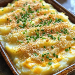 - 4 large russet potatoes, peeled and cut into chunks - 1 cup shredded sharp cheddar cheese - 1/2 cup cream cheese, softened - 1/2 cup milk - 4 tablespoons unsalted butter - 1/2 teaspoon garlic powder - 1/2 teaspoon onion powder - Salt and pepper to taste - 1/2 cup sour cream - 1 cup fresh chives, chopped (for garnish) - 1/2 cup panko breadcrumbs (for topping) - 1/4 cup grated Parmesan cheese Each ingredient plays a key role in making this casserole rich and tasty. The potatoes create the base, while cream cheese and sour cream add creaminess. The cheeses bring flavor and texture. Butter makes everything smooth and rich. Garlic powder and onion powder give depth. Salt and pepper enhance all the flavors. Topping with panko breadcrumbs creates a nice crunch. You can swap some ingredients based on your taste. Try using: - Gold potatoes for a sweeter flavor - Greek yogurt instead of sour cream for tanginess - Any cheese you like, such as mozzarella or gouda - Olive oil instead of butter for a lighter version - Herbs like rosemary or thyme for added flavor With these simple swaps, you can make this dish your own! For the full recipe, check out the full recipe link. To start, gather your large russet potatoes. Peel them and cut them into chunks. Place the cut potatoes in a large pot. Cover the potatoes with cold water. Bring the water to a boil over medium-high heat. Add a pinch of salt to the pot. Cook the potatoes for about 15 to 20 minutes. They are ready when they are tender. Drain the potatoes well in a colander. In the same pot, add the drained potatoes back. Now, add the unsalted butter, softened cream cheese, and milk. Sprinkle in the garlic powder and onion powder. Season with salt and pepper to taste. Use a potato masher to mash the mixture until it becomes creamy. If you want it smoother, you can use a hand mixer. Stir in the shredded cheddar cheese and sour cream next. Mix until everything is combined well. Preheat your oven to 350°F (175°C). Spread the creamy potato mixture into a greased 9x13 inch baking dish. Smooth the top so it looks nice. In a small bowl, mix the panko breadcrumbs and grated Parmesan cheese. Sprinkle this mixture evenly over the mashed potatoes. Place the dish in the preheated oven. Bake for 25 to 30 minutes. Look for a golden and crispy top. Once baked, let it cool for a few minutes. Garnish with fresh chopped chives before serving. For the full recipe, check the earlier section. To get that super creamy feel, start with the right potatoes. I love using russet potatoes. They mash well and create a fluffy base. Always boil the potatoes in cold water. This helps them cook evenly. After cooking, drain them well to keep excess water out. Add warm milk and butter for smoothness. Finally, mix in cream cheese and sour cream. This adds both creaminess and flavor. One big mistake is overcooking the potatoes. This can make them watery. Also, don't skip mashing them while they are hot. Cold potatoes don’t mix well. Another error is not seasoning enough. Taste is key! Always adjust salt and pepper to your liking. Lastly, avoid using low-fat dairy. Full-fat options give the best taste and texture. This casserole is a star on its own but pairs well with many dishes. It goes great with roasted chicken or grilled steak. You can also serve it alongside green beans or a fresh salad. For a fun twist, add a dollop of sour cream on top before serving. Fresh chives make a lovely garnish too. Check out the Full Recipe for more ideas! {{image_2}} You can take Cheesy Mashed Potato Casserole to a new level by adding more cheese. Try mixing in mozzarella for that gooey stretch. Goat cheese adds a tangy twist, while Gruyère gives a nutty flavor. Blend different cheeses for a rich experience. Start with the base recipe and add 1 cup of your favorite cheese. Adding vegetables makes this dish even better. You can mix in cooked broccoli or spinach. These greens add color and nutrients. Roasted garlic or sautéed mushrooms also taste great in this casserole. Just chop the veggies and fold them into the mashed potatoes. Aim for about 1 to 2 cups of vegetables. Spices can truly change the flavor of your casserole. Try adding smoked paprika for a warm, smoky taste. A pinch of cayenne pepper brings a subtle heat. For a fresh touch, mix in some fresh herbs like thyme or rosemary. Just a teaspoon can make a big difference! After enjoying this cheesy mashed potato casserole, let it cool to room temperature. Cover it tightly with plastic wrap or foil. Store it in the fridge for up to three days. I find that it stays fresh and tasty when sealed well. If you want to keep it longer, consider freezing it. To freeze this casserole, first let it cool fully. Then, place it in an airtight container or wrap it tightly in heavy-duty foil. It can last in the freezer for up to two months. For the best flavor, label the container with the date. When you're ready to enjoy it again, just remember to thaw it in the fridge overnight. To reheat, preheat your oven to 350°F (175°C). Remove the cover and place the casserole in the oven. Bake for about 20-25 minutes or until it’s heated through. If you want a crispy top, broil it for a few minutes at the end. Just keep an eye on it to avoid burning. This way, every bite tastes fresh and delicious, just like when you first made it! For the full recipe, check out the details above. Yes, you can prepare this dish ahead of time. Make the casserole up to the baking step, then cover it well and store it in the fridge. When you're ready to bake, let it sit out for about 30 minutes. This helps it cook evenly. Bake as directed, but check if it needs extra time since it starts cold. I love using sharp cheddar cheese for its strong flavor. You can also mix in mozzarella for extra creaminess. Other great options are gouda or Monterey Jack. Each cheese adds a unique taste. Feel free to experiment with your favorites! To make this casserole gluten-free, simply swap panko breadcrumbs for gluten-free breadcrumbs. You can also use crushed gluten-free crackers or even skip the topping. The casserole will still taste great! Just ensure all your other ingredients are gluten-free too. For the complete recipe, check out the Full Recipe section. This blog post covered all you need for a tasty Cheesy Mashed Potato Casserole. We talked about key ingredients, measurements, and how to swap items if needed. You learned step-by-step how to prepare, mash, and bake. I shared tips for creamy texture and how to avoid common mistakes. We explored fun variations and proper storage tips too. Now, you are ready to create a delicious dish that everyone will love. Enjoy making it your own!