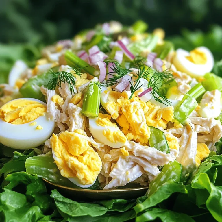 To make the best Pickle Ranch Chicken and Egg Salad, you need some key ingredients. Here’s what you will need: - 2 cups cooked chicken, shredded - 4 hard-boiled eggs, chopped - 1/2 cup dill pickles, finely chopped - 1/4 cup red onion, finely chopped - 1/2 cup celery, diced - 1 cup ranch dressing - 1 tablespoon Dijon mustard - 1 teaspoon garlic powder - Salt and pepper to taste These ingredients work together to create a tasty and creamy salad. The chicken gives protein, while the eggs add richness. Dill pickles bring a nice crunch and tang. You can make your salad even better with some simple garnishes. Here are some ideas: - Fresh dill for a pop of color and flavor - Sliced tomatoes for freshness - Crushed crackers for extra crunch Using these garnishes can make your salad look nice. They also add different flavors and textures. This salad offers a balanced mix of nutrients. Each serving has protein from the chicken and eggs. The celery and pickles add fiber and vitamins. Here’s a quick rundown: - Calories: About 350 per serving - Protein: Around 30 grams - Fat: About 20 grams - Carbohydrates: Roughly 10 grams If you want to make it healthier, you can swap the ranch dressing for a lighter option. You can also reduce the amount of mayo or mustard you use. For the full recipe, check out the [Full Recipe]. Start with 2 cups of cooked chicken. I like to use rotisserie chicken for ease. Shred the chicken into small pieces. Next, boil 4 eggs until hard. After they cool, chop them into small bits. Combine the shredded chicken and chopped eggs in a large bowl. Now, add 1/2 cup of finely chopped dill pickles. This will give your salad a nice crunch and tang. In another bowl, mix 1 cup of ranch dressing, 1 tablespoon of Dijon mustard, and 1 teaspoon of garlic powder. Stir until blended. Pour this mixture over the chicken and egg mix. Gently fold everything together. Make sure each piece is coated well. Taste your salad and add salt and pepper as needed. This is your chance to adjust the flavor. Once mixed, chill the salad in the fridge for at least 30 minutes. This helps the flavors blend. Serve it on fresh greens or as a filling in a sandwich. You can also add fresh dill as a garnish for a pop of color. Enjoy this easy and tasty dish any time of the day! For the full recipe, check the details above. You can make this salad your own. Try adding different veggies like bell peppers or cucumbers. Swap out the chicken for turkey or even tofu for a vegan twist. You can also mix in avocado for creaminess. If you love heat, add jalapeños or a dash of hot sauce. Each twist gives a new flavor and makes it fun! Chilling your salad is key for taste. After mixing, cover the bowl with plastic wrap or a lid. Refrigerate for at least 30 minutes. This time lets the flavors blend. For best results, chill it longer, up to two hours. This step makes the salad refreshing and tasty, perfect for hot days! One mistake is not seasoning enough. Always taste your salad before serving. If it needs salt or pepper, add it! Another mistake is skipping the chilling step. Serving it warm won't let the flavors shine. Lastly, don’t overmix; you want the eggs and chicken to stay chunky. Follow these tips for a great dish every time. For the complete recipe, check the Full Recipe. {{image_2}} You can change the taste of your pickle ranch chicken and egg salad easily. Try adding different herbs like parsley or chives for a fresh twist. If you love heat, a pinch of cayenne pepper or some diced jalapeños can spice things up. You can also use flavored ranch dressings, like buttermilk or spicy ranch, to give your salad a new kick. Adding some crumbled bacon brings a smoky flavor that many enjoy. If chicken isn't your thing, don't worry! You can use turkey instead. It works well and keeps the salad just as tasty. For a seafood twist, try canned tuna or crab meat. Both options add a unique flavor that pairs great with the pickles. If you have leftover roasted veggies, toss them in for a hearty vegetarian dish. Making a vegan version is simple too. Replace chicken with chickpeas or tofu for protein. You can mash the chickpeas to mimic the chicken texture. Use a vegan ranch dressing or make your own with cashews, lemon juice, and herbs. For the eggs, try using mashed avocado. It adds creaminess and healthy fats. This way, you can enjoy a delicious salad while keeping it plant-based. For the full recipe, refer to Pickle Ranch Chicken and Egg Salad. To store your Pickle Ranch Chicken and Egg Salad, place it in an airtight container. Make sure the lid seals tightly. This keeps the salad fresh and prevents odors from other foods. Store it in the refrigerator right away. You can enjoy it cold or let it warm slightly at room temperature before serving. When stored correctly, the salad lasts about 3 to 4 days in the fridge. Always check for any changes in smell or texture before eating. If you see any signs of spoilage, it's best to toss it out. The fresher you eat it, the better the taste will be. Freezing Pickle Ranch Chicken and Egg Salad is not ideal. The creamy dressing may separate when thawed. However, if you want to freeze it, leave out the dressing. Store the chicken and egg mixture in a freezer-safe bag. When ready to eat, thaw the mixture in the fridge overnight. Add fresh dressing before serving. Always remember, fresh is best! You can find the full recipe to guide you. Yes, you can make this salad ahead of time. It tastes even better after chilling. The flavors mix well when it sits. I recommend making it a day in advance. Just keep it in the fridge until you're ready to eat. You can use yogurt or sour cream as a ranch dressing substitute. For a lighter taste, try a vinaigrette. Some people like to mix mayonnaise with herbs for a creamy option. Choose what you enjoy most! Absolutely! This salad is great for meal prep. You can store it in containers. It stays fresh for a few days. Just be sure to keep it cold until you eat. It’s perfect for lunches or quick dinners. To make it healthier, use low-fat ranch dressing or Greek yogurt. You can add more veggies like bell peppers or spinach. Reducing the amount of chicken can also help. Focus on fresh, whole ingredients for a nutritious twist. For the full recipe, check the detailed instructions above. In this post, we explored the key ingredients and step-by-step process for making Pickle Ranch Chicken and Egg Salad. We discussed tips to customize your dish and avoid common mistakes. We also covered variations for different tastes and dietary needs, plus how to store leftovers effectively. Pickle Ranch Chicken and Egg Salad is simple and fun to make. You can adjust it to fit your flavor and protein choices. Now you’re ready to create your own tasty version! Enjoy your cooking adventure!