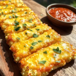 To make cheesy cauliflower breadsticks, you will need a few key ingredients. Here’s the list: - 1 medium head of cauliflower, riced (about 4 cups) - 1 cup shredded mozzarella cheese - 1/2 cup grated parmesan cheese - 1 large egg - 1 teaspoon garlic powder - 1 teaspoon onion powder - 1 teaspoon Italian seasoning - Salt and pepper to taste These ingredients give the breadsticks a rich and cheesy flavor. The cauliflower acts as the main base, while the cheeses add creaminess. If you want to add a bit more flair, consider these optional garnishes: - 1/4 cup finely chopped fresh parsley Fresh parsley not only adds color but also a refreshing taste. You can sprinkle it on top just before serving. For dipping, I recommend using marinara sauce. It pairs well with the cheesy flavors. You can also try pesto or ranch dressing for a different twist. These sauces enhance the overall eating experience and make each bite even tastier. For the complete details on making these delicious breadsticks, check out the Full Recipe. How to rice cauliflower To rice cauliflower, first, wash the head. Cut it into smaller pieces. Then, use a food processor to pulse the florets. You want it to look like rice grains. This step is key for your breadsticks. Steaming tips After ricing, steam the cauliflower. Place it in a steamer basket over boiling water. Steam for about 5-7 minutes until it is tender. Don’t skip this step; it helps remove moisture. Drain the cauliflower well and let it cool slightly. Use a kitchen towel to squeeze out any extra water. This makes your breadsticks crispier! In a large bowl, mix the riced cauliflower with the other ingredients. Add mozzarella, parmesan, egg, garlic powder, onion powder, Italian seasoning, salt, and pepper. Use a spatula to blend everything well. You want a thick dough-like mix. This step is important for the right texture. Preheat the oven to 425°F (220°C). Line a baking sheet with parchment paper. Spread the cauliflower mix onto the sheet. Shape it into a rectangle about 1/2 inch thick. Bake for 20-25 minutes. Look for a golden brown top to know it's ready. Let it cool, slice, and serve with marinara sauce for a tasty treat! For the full recipe, check the previous section. To get the best texture for your cheesy cauliflower breadsticks, moisture control is key. After steaming the cauliflower, you must squeeze out any extra water. If you skip this step, the breadsticks may become soggy. Aim for a thick dough-like mix. It helps hold the shape when baking. The right blend of cheeses also matters. Use fresh mozzarella for stretch and flavor. One common mistake is not ricing the cauliflower well. Big chunks can lead to uneven baking. Make sure it resembles rice. Another error is overbaking. Keep an eye on them towards the end of the bake time. You want a golden color, not too brown. Lastly, don’t skip the seasoning. Garlic powder and Italian seasoning add great flavor. To boost flavor, try adding herbs like basil or oregano. You can also mix in some red pepper flakes for a spicy kick. If you want a cheesy burst, add more mozzarella. For a unique twist, consider adding sun-dried tomatoes or olives to the mix. These enhancements make each bite delicious. For the full recipe, visit the earlier section. {{image_2}} To make these cheesy cauliflower breadsticks low-carb, focus on the ingredients. Stick to cauliflower, cheese, and eggs. You can skip any high-carb items. Use almond flour instead of regular flour if you want a firmer texture. This keeps the breadsticks keto-friendly while adding a nutty flavor. For a dairy-free version, swap the cheeses. Try using nutritional yeast for a cheesy taste. You can also use vegan cheese. Just ensure it melts well. This option keeps the flavor while making it suitable for those avoiding dairy. You can add spice to your breadsticks with herbs and spices. Consider adding paprika or red pepper flakes for heat. Fresh herbs like basil or cilantro also work well. These additions make each bite more exciting. You can adjust the seasoning based on your taste. Explore different flavors to create your perfect cheesy cauliflower breadsticks. For more details, check the Full Recipe. To keep your cheesy cauliflower breadsticks fresh, start by letting them cool. Once cooled, place them in an airtight container. You can store them in the fridge for up to three days. This keeps them moist and tasty. Make sure to separate layers with parchment paper to avoid sticking. When you are ready to enjoy the breadsticks again, preheat your oven to 350°F (175°C). Place the breadsticks on a baking sheet. Heat them for about 10 to 15 minutes. This way, they get warm and crispy again. You can also use a microwave for a faster option. Heat for 30 seconds at a time until warm, but the oven gives better texture. If you want to save some for later, freezing is a great option. First, let the breadsticks cool completely. Then, wrap each stick in plastic wrap. Place them in a freezer-safe bag or container. They can last in the freezer for up to three months. When you are ready to eat, thaw them overnight in the fridge. Reheat them in the oven for best results. This way, you’ll always have a tasty snack ready! For the complete recipe, check out the Full Recipe. Yes, you can use frozen cauliflower rice. Just thaw it first. Squeeze out extra water. This helps keep your breadsticks from being soggy. Using frozen riced cauliflower can save you time. It’s a great shortcut when you want to make these tasty breadsticks quickly. Cauliflower packs a punch of nutrients. It is low in calories but high in fiber. This helps with digestion. Cauliflower is also rich in vitamins C and K. These vitamins boost your immune system and help with bone health. Plus, it has antioxidants that fight free radicals. This makes cauliflower a smart choice for a healthy diet. Yes, you can make these breadsticks ahead of time. Prepare the mixture and shape it into a slab. Then, cover and refrigerate it for up to 24 hours. When you are ready, just bake it. You can also bake them in advance and store them. Keep them in the fridge for up to three days. Reheat them in the oven for a crispy finish. For the full recipe, check out the earlier section. This blog post covered how to make delicious cauliflower breadsticks. We looked at ingredients, step-by-step instructions, and tips for the best results. I shared storage advice and answered common questions. In summary, these breadsticks fit well into many diets and taste great. You can customize them to suit your needs. Enjoy making these healthy snacks for any meal.