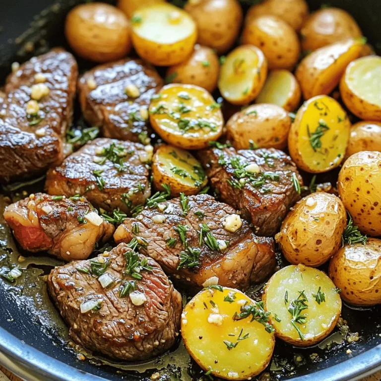 - 1 lb sirloin steak, cut into bite-sized pieces - 1 lb baby potatoes, halved - 4 tablespoons unsalted butter - 4 cloves garlic, minced - 1 teaspoon dried rosemary - 1 teaspoon dried thyme - Salt and pepper to taste - 2 tablespoons olive oil - Fresh parsley, chopped (for garnish) You can swap the sirloin for other cuts like ribeye or flank steak. If you want a different texture, try using Yukon gold or red potatoes. For a gluten-free option, ensure your garlic and herbs are certified gluten-free. When choosing steak, look for cuts with good marbling. This means fat lines within the meat. Fresh baby potatoes should feel firm and smooth, without any soft spots. For garlic, choose bulbs that are dry and firm. This ensures a strong flavor. Fresh ingredients make a big difference in taste. First, wash the baby potatoes under cold water. This helps remove dirt and debris. Next, cut the potatoes in half. This makes them cook faster and absorb flavor better. Set the potatoes aside for now. For the steak, take your sirloin and cut it into bite-sized pieces. Season them with salt, pepper, and dried rosemary. You want every piece to have some flavor. Heat a large skillet over medium-high heat. Add 2 tablespoons of olive oil to the skillet. Once hot, add the seasoned steak pieces. Sear them for about 2-3 minutes on each side. This gives them a nice brown crust. After the steak is done, remove it from the skillet and set it aside. In the same skillet, add the cooked baby potatoes. Cook them for about 5 minutes until they start to brown. This adds a great texture and taste. Now, reduce the heat to medium. Push the potatoes to one side of the skillet. Add 4 tablespoons of butter and 4 cloves of minced garlic to the empty space. Let the butter melt for about 30 seconds. Once melted, mix the garlic with the potatoes. Stir in 1 teaspoon of dried thyme. Then, return the cooked steak to the skillet. Toss everything gently until it is well coated in the garlic butter. Taste your dish and add more salt or pepper if needed. Remove from heat and garnish with fresh parsley before serving. For the full recipe, check out the detailed steps above. To make the best steak, use a meat thermometer. For rare steak, cook to 125°F. For medium-rare, aim for 135°F. If you like it medium, go for 145°F. For medium-well, cook until 150°F. Finally, well-done steak reaches 160°F. These numbers help you cook steak just right. You can boost the taste of your steak and potatoes by adding herbs. Try fresh or dried rosemary and thyme. These herbs pair well with garlic. You can also make a marinade. Mix olive oil, garlic, and herbs to soak the steak. Leave it for at least 30 minutes. This makes the steak more flavorful. Using a one-pan method makes cooking easy. Start with the steak, then cook the potatoes in the same pan. This adds flavor. To prevent sticking, use enough oil. Make sure the pan is hot before adding the steak. This seals in the juices. If the food sticks, let it cook a bit longer. {{image_2}} You can switch up the protein in this dish. Try using chicken instead of steak. Chicken thighs work well and stay juicy. If you like seafood, shrimp can be a great choice too. Just cook the shrimp for about 2-3 minutes until they turn pink. For a vegetarian option, use hearty mushrooms or tofu. Both soak up the garlic butter flavor nicely. Change the flavor by using different garlic infusions. You can roast garlic for a sweeter taste. If you want some heat, add chili flakes to the butter. This gives a nice kick without overpowering the dish. You can also mix in fresh herbs like basil or oregano for added taste. Add seasonal vegetables to keep it fresh. In spring, asparagus or peas add bright flavor. In summer, try zucchini or bell peppers for crunch. In fall, root veggies like carrots or butternut squash work great. Using local produce adds flavor and supports your community. Mix these veggies in with the potatoes for a colorful dish. For the full recipe, check the earlier section. After enjoying your Garlic Butter Steak and Potatoes Skillet, it’s wise to store leftovers right. Let the dish cool down for about 30 minutes. Then, place it in an airtight container. This helps keep the flavors fresh. - For refrigeration, the dish lasts up to 3 days. - If you plan to eat it later, freezing is a great option. Use freezer-safe bags or containers. When it’s time to enjoy leftovers, you want them warm and tasty. There are a few easy ways to reheat. - Use a skillet over medium heat. Add a splash of water or broth to keep it moist. - You can also microwave it. Place the dish in a microwave-safe bowl and cover it. Heat in short bursts, stirring in between. These methods help keep the steak tender and the potatoes soft. You can keep your Garlic Butter Steak and Potatoes Skillet in the fridge for up to 3 days. If you freeze it, it’s best to eat within 2 months for the best flavor. When you thaw, do so in the fridge overnight. This keeps the taste great and helps with texture. To check if your steak is done, look for a few signs. The meat should feel firm but springy to the touch. You can also cut into the steak to see the color inside. For precise results, use a meat thermometer. A medium-rare steak should read 130°F to 135°F. For medium, aim for 140°F to 145°F. Let your steak rest for a few minutes before cutting. This helps keep it juicy. Yes, you can make this dish ahead of time. Cook the steak and potatoes as usual. Store them in the fridge for up to three days. When you’re ready to eat, reheat them in a skillet over low heat. Add a bit of butter to keep it moist. You can also make the garlic butter ahead. Store it in the fridge and mix it in when you're ready. This dish pairs well with many sides. Consider a fresh salad with greens and a light dressing. Steamed vegetables like broccoli or green beans also work great. For a heartier option, serve with garlic bread. You can even try a light pasta dish for a twist. Each option adds something special to your meal. Absolutely! This recipe is great for meal prepping. The steak and potatoes store well and reheat nicely. Make sure to cool them completely before you store them. Use airtight containers for best results. This way, you can enjoy a delicious meal during the week with minimal effort. This blog post covered a delicious garlic butter steak and potatoes skillet. We explored the key ingredients and their substitutes. I shared steps for prep and cooking, along with tips for perfecting your steak. We also discussed variations and storage tips to enhance your meal. In final thoughts, follow these steps for a tasty dish. Experiment with flavors and enjoy your cooking journey. Simple adjustments make a big difference. Happy cooking!