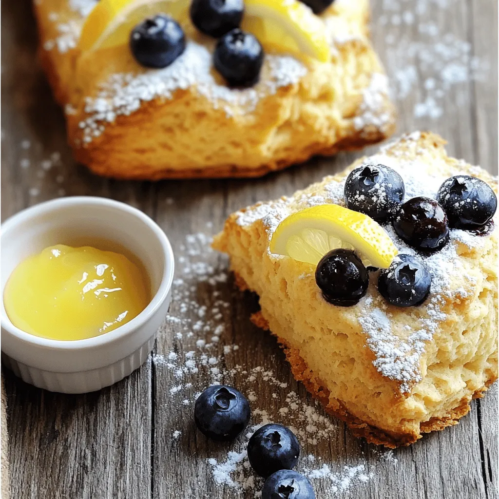To make tasty Lemon Blueberry Scones, you need the following ingredients: - 2 cups all-purpose flour - 1/2 cup granulated sugar - 1 tablespoon baking powder - 1/2 teaspoon salt - 1/2 cup unsalted butter, cold and cubed - 1/2 cup fresh blueberries (plus extra for topping) - Zest of 1 lemon - 1 tablespoon lemon juice - 1/2 cup heavy cream - 1 large egg - 1 teaspoon vanilla extract You can adjust some ingredients to suit your needs: - Flour: Use whole wheat flour or almond flour for a different taste. - Sugar: Coconut sugar or honey can work instead of granulated sugar. - Butter: Substitute with coconut oil or vegan butter for dairy-free scones. For a dairy-free option, use almond milk in place of heavy cream. You can also use silken tofu as an egg replacement. If fresh blueberries aren’t available, try using frozen blueberries or chopped strawberries instead. They both add great flavor! These tips help you customize your scones to fit your taste or any dietary needs. For the full recipe, check the complete section above. - Preheat your oven to 400°F (200°C). - Line a baking sheet with parchment paper. - In a large bowl, combine 2 cups of flour, 1/2 cup of sugar, 1 tablespoon of baking powder, and 1/2 teaspoon of salt. - Whisk until well mixed. This helps the scones rise evenly. - Add 1/2 cup of cold, cubed unsalted butter to the flour mix. - Use your fingers or a pastry cutter to blend the butter into the dry mix. - Keep mixing until it looks like coarse crumbs. - Cold butter is key to fluffy scones. It creates pockets of steam that make the scones rise. - In another bowl, whisk together 1/2 cup of heavy cream, 1 large egg, 1 tablespoon of lemon juice, and 1 teaspoon of vanilla extract. - Pour this wet mix into the dry ingredients. - Stir gently until just combined. A few flour streaks are okay. Overmixing can lead to tough scones. - Transfer the dough to a lightly floured surface. - Knead it a few times to bring it together. - Shape it into a disk about 1-inch thick. - Cut the disk into 8 wedges. Place them on the prepared baking sheet with space in between. - Bake in the preheated oven for 18-20 minutes. - Look for a light golden color on the edges. - Scones should feel firm to the touch. - Let them cool for 5 minutes before moving them to a wire rack. You can find the Full Recipe above to ensure you get all the details right! To create the best Lemon Blueberry Scones, avoid overmixing. Overmixing can lead to tough scones. When you mix the wet and dry ingredients, do it gently. A few flour streaks are okay. The goal is to combine them without losing that tender crumb. To achieve flaky scones, use cold butter. Cold butter creates steam when baking, which helps the scones rise. Cut the butter into small pieces. Then, work it into the flour mixture until it looks like coarse crumbs. This step is key for light and airy scones. You can enhance the flavor by adding spices. A pinch of cinnamon or nutmeg can add warmth. You may also try adding nuts like chopped pecans or walnuts. They give a nice crunch and extra flavor. For toppings, consider a glaze or whipped cream. A lemon glaze adds a sweet and tangy finish. You could also serve them with clotted cream or lemon curd. These options make your scones even more delightful. The best way to serve Lemon Blueberry Scones is warm. You can dust them with powdered sugar for a nice touch. Pair them with a hot cup of tea for a cozy treat. They also go well with coffee, especially a light roast. Enjoying them fresh from the oven makes for a special moment. For a fun twist, try serving them with fresh fruit on the side. Sliced strawberries or a fruit compote can brighten the plate. Don't forget to check out the Full Recipe for more details! {{image_2}} You can change the flavor of your Lemon Blueberry Scones in many ways. For a twist, try using raspberries or strawberries instead of blueberries. Both fruits add a sweet and tart touch. If you want a different citrus taste, consider using orange or lime zest. This will give a fresh and exciting flavor to your scones. Need gluten-free scones? You can swap regular flour for a gluten-free blend. Look for a blend that works well in baking. For a vegan version, replace the butter with coconut oil or a vegan butter. Use almond milk or oat milk instead of heavy cream and replace the egg with a flaxseed mixture. These swaps keep the scones tasty and light. Making your scones look great can be fun! Serve them on a nice plate with a dusting of powdered sugar. You can also pair them with a side of lemon curd for a special touch. If you want to give scones as gifts, wrap them in colorful paper tied with a ribbon. This makes a lovely treat for friends or family. You can find the Full Recipe to get started on these delicious variations. To keep your leftover scones fresh, let them cool completely. Place them in a container with a tight lid. You can also wrap them in plastic wrap for extra protection. Avoid stacking them too tightly to prevent squishing. If you have more than one layer, use parchment paper between layers. This keeps them from sticking together. You can freeze scones before or after baking. If you freeze before baking, shape the dough and cut it into wedges. Place the wedges on a baking sheet and freeze them for about an hour. Once frozen, transfer them to a freezer bag. This way, you can bake them fresh whenever you want. If you freeze baked scones, let them cool first. Wrap each scone in plastic wrap, then place them in a freezer bag. To enjoy, thaw them in the fridge overnight. Reheat in the oven at 350°F (175°C) for about 10 minutes. Scones last about two days at room temperature. If you refrigerate them, they stay fresh for about a week. Frozen scones keep well for up to three months. Make sure to label your bags with the date to help you remember! Scones and biscuits have key differences. Scones are richer and sweeter. They often have cream or eggs, which makes them denser. Biscuits are lighter and flaky. They use just flour, fat, and liquid. The texture of scones is more cake-like, while biscuits are fluffy and crumbly. Yes, you can make the dough ahead. Prepare it and wrap it in plastic. Store it in the fridge for up to 24 hours. When you are ready, just roll it out and bake. This saves time on busy mornings or special occasions. You can tell when scones are done by their color and texture. They should be lightly golden on the edges. Press gently on the top; it should spring back. A toothpick inserted in the center should come out clean. You can use frozen blueberries! They work well, but keep a few tips in mind. Add them straight from the freezer to avoid juice run-off. This helps keep your dough from turning blue. Fresh blueberries are great too, but frozen are easy and convenient. If your dough is too sticky, add a little more flour. Work it in slowly, a tablespoon at a time. You want it soft but not wet. Use flour on your hands and the surface when shaping. This keeps your hands clean and helps form perfect scones. For the complete method, check out the Full Recipe. In this blog post, I covered everything you need to know to make perfect Lemon Blueberry Scones. We explored key ingredients, easy steps for baking, and helpful tips for texture and taste. Remember, using cold butter keeps your scones flaky. Feel free to experiment with flavors and storage methods to make your scones last. Whether you enjoy them fresh or share them as gifts, your scones will surely be a hit! Enjoy baking and treat yourself to this tasty delight.