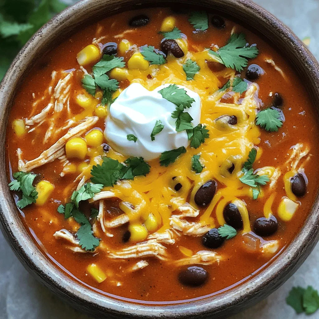 To make this tasty soup, you need: - 1 lb boneless, skinless chicken breasts - 1 can (15 oz) black beans, rinsed and drained - 1 can (15 oz) corn, drained - 1 can (10 oz) red enchilada sauce - 1 can (14.5 oz) diced tomatoes with green chilies - 1 medium onion, diced - 3 cloves garlic, minced - 4 cups chicken broth - 1 teaspoon chili powder - 1 teaspoon cumin - Salt and pepper to taste These ingredients come together for a rich and hearty meal. The chicken adds protein, while the beans and corn bring fiber and sweetness. The spices give it that warm, comforting flavor we all love. For a finishing touch, consider these garnishes: - Shredded cheese (cheddar or Mexican blend) - Sour cream - Fresh cilantro These toppings add creaminess and freshness to the soup. The cheese melts into the hot broth, while the sour cream cools the heat from the spices. Cilantro gives it a nice pop of color and flavor. You can find the Full Recipe for this delicious soup and get started on your comfort meal today! To start, gather your ingredients. You will need boneless, skinless chicken breasts, black beans, corn, red enchilada sauce, diced tomatoes, onion, garlic, chicken broth, and spices. 1. Layering ingredients in the slow cooker: Place the chicken breasts at the bottom. This helps the chicken cook well. Then, add the black beans and corn evenly on top. Pour in the enchilada sauce and diced tomatoes with their juice. This gives the soup a rich flavor. 2. Mixing spices and broth: Next, add the diced onion, minced garlic, chicken broth, chili powder, cumin, salt, and pepper. Stir everything together. Make sure the spices are well mixed. This step builds a tasty base for your soup. Now it’s time to cook. You can choose either the high or low setting on your slow cooker. - Cooking times for high and low settings: If you cook on low, it takes about 6-7 hours. On high, it takes about 3-4 hours. The chicken should be cooked through. - Shredding chicken and combining ingredients after cooking: Once the chicken is ready, remove it from the slow cooker. Use two forks to shred it. This makes it easy to mix back into the soup. Return the shredded chicken to the pot and stir well. Then, add the shredded cheese. Mix until it melts. Taste the soup and adjust seasoning if needed. This simple process creates a warm, hearty dish that’s great for any meal. You can find the Full Recipe for more details and tips. To make your Slow Cooker Chicken Enchilada Soup truly special, consider adding spices. A pinch of cayenne pepper can give it a nice kick. You can also add smoked paprika for a deeper flavor. Fresh lime juice brightens the soup. A squeeze just before serving makes a big difference. If you love creaminess, top it with avocado slices. They add richness and taste. After cooking, the chicken is tender and easy to shred. You can use two forks to pull it apart. This method gives you control over how fine you want the pieces. For a faster option, try a hand mixer. Set it on low and let it do the work for you. If you have a stand mixer, use the paddle attachment. It shreds the chicken in seconds. These tools save you time and make the task fun. For the full recipe, check out the detailed steps above. {{image_2}} You can easily make a vegetarian version of this soup. Start by swapping the chicken for plant-based alternatives like tofu or chickpeas. Both options provide great texture and protein. You can also use vegetable broth instead of chicken broth. This change keeps the soup flavorful without meat. For beans, consider using pinto or kidney beans. They add a nice creaminess to the dish. If you like heat, try a spicy version. Add chopped jalapeños for a fresh kick. You can also use hot sauce to bring up the spice level. Just a few dashes can make a big difference. For seasonings, increase chili powder or cumin. These spices will enhance the flavor and heat of the soup. Adjust these to your taste for a perfect balance. For the full recipe, check the Slow Cooker Chicken Enchilada Soup section. To keep your Slow Cooker Chicken Enchilada Soup fresh, first let it cool. Use an airtight container. Store it in the fridge for up to three days. If you want to keep it longer, freeze the soup. It stays good in the freezer for about three months. Just make sure to label and date your containers. When you're ready to enjoy the soup again, you have a few options. You can use the microwave or the stovetop. For the microwave, place the soup in a bowl and heat it for a few minutes. Stir halfway to ensure it heats evenly. If you use the stovetop, warm it in a pot over medium heat, stirring often. This way, the flavors stay rich and tasty. Always taste before serving to see if it needs more seasoning. Yes, you can use frozen chicken in your slow cooker. If you do, cook it on high for about 4 to 5 hours. This will ensure it reaches a safe temperature. Make sure to check the chicken with a meat thermometer. It should read 165°F. Cooking from frozen saves time but may require more liquid. Add a little extra broth to keep the soup balanced. To thicken your soup, use a few simple methods. You can mash some of the beans in the soup. This adds texture and body. Another option is to add a slurry made from cornstarch and water. Mix 1 tablespoon of cornstarch with 2 tablespoons of cold water. Stir it in and let it cook for a few more minutes. You can also add more cheese to create a creamy texture without losing flavor. This soup pairs well with many sides. You can serve it with tortilla chips for crunch. A simple salad with lime dressing also works well. If you love bread, warm corn tortillas are a great choice. For a heartier option, add a side of rice. You can even top the soup with avocado slices or fresh jalapeños for extra flavor. Explore more fun ideas in the Full Recipe! Slow Cooker Chicken Enchilada Soup is simple and fun to make. You learned about essential ingredients, like chicken and canned goods, and how to layer them correctly. We went through cooking tips, storage info, and variations, like vegetarian and spicy options. You can enjoy this tasty soup any night of the week. Experiment with garnishes and flavor boosts. Don’t be afraid to adjust the recipe to fit your taste. Your next meal can be both quick and delicious!