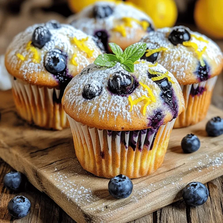 - 1 cup ricotta cheese - 2 large eggs - 1/2 cup granulated sugar - 1/4 cup unsalted butter, melted - Zest of 1 lemon - 2 tablespoons fresh lemon juice - 1 teaspoon vanilla extract - 1 1/2 cups all-purpose flour - 1 teaspoon baking powder - 1/2 teaspoon baking soda - 1/4 teaspoon salt - 1 cup fresh blueberries (or frozen, if in season) These ingredients create a bright and fluffy muffin. The ricotta cheese gives a creamy texture and a slight tang. Eggs help bind everything, adding moisture too. The sugar balances the tartness of the lemon and blueberries. Butter adds richness, while lemon zest and juice bring a refreshing flavor. The flour provides structure, and the baking powder and soda help the muffins rise. Salt enhances the flavors. Blueberries add sweetness and a burst of color. You can use fresh or frozen blueberries based on the season. - Muffin tin - Mixing bowls - Whisk and spatula You will need a muffin tin to shape your muffins. Mixing bowls help keep your ingredients organized. A whisk and spatula ensure you mix everything well without overdoing it. - Calories per muffin: Approximately 180 - Macronutrient breakdown: - Protein: 4g - Carbohydrates: 28g - Fat: 7g These muffins are not just delicious; they also provide a nice balance of nutrients. They are great for breakfast or a snack. You can enjoy them warm with a cup of tea or coffee. For the full recipe, check out the instructions above. - Preheat oven to 375°F (190°C). - Prepare muffin tin with liners or grease it lightly. Preheating the oven helps the muffins rise nicely. Lining the tin makes for easy cleanup and helps them come out easily. - Whisk together ricotta, eggs, sugar, and melted butter. - Add lemon zest, juice, and vanilla extract. Mixing the wet ingredients first gives the muffins a rich flavor. The ricotta adds creaminess, while lemon zest and juice bring freshness. - In a separate bowl, mix flour, baking powder, baking soda, and salt. - Gradually add to the wet mixture and combine. Be gentle when mixing in the dry ingredients. This avoids overmixing, which can make the muffins tough. A few lumps are okay. - Gently fold blueberries into the batter. - Be careful not to crush them. When folding in blueberries, use a spatula. This helps keep them whole, adding bursts of flavor in every bite. Frozen blueberries work well too, but fresh is best when they are in season. - Scoop batter into muffin tin, filling each cup about three-quarters full. - Bake for 18-20 minutes and use a toothpick test. Baking time can vary, so check after 18 minutes. Insert a toothpick in the center of a muffin. If it comes out clean, they are ready. Enjoy the smell as they bake! For the full recipe, follow the steps above. To create the best muffins, avoid overmixing. Mix the wet and dry ingredients just until they blend. A few lumps are okay. This keeps the muffins fluffy. Also, use room temperature ingredients. When eggs and ricotta are warm, they mix better. This helps the muffins rise nicely. Selecting the best blueberries is key. Look for plump, juicy berries. Fresh berries offer the best taste. If using frozen, thaw them first and drain excess liquid. Adjust the lemon flavor to your taste. You can add more zest or juice for a stronger lemon kick. Start with the recipe and tweak it as you like. Presentation matters! Dust your muffins with powdered sugar before serving. This adds a lovely touch. You can also top them with fresh blueberries and a mint sprig. This not only looks great but tastes fresh too. Good visuals make your muffins even more tempting. This is how you impress guests or family. For a full recipe, check out the [Full Recipe]. {{image_2}} You can easily make this recipe gluten-free. Just swap all-purpose flour for a gluten-free blend. Many brands work great in muffins. For sweeteners, try honey or maple syrup instead of sugar. You may need to adjust the liquid in your batter. Adding nuts can give your muffins a nice crunch. Chopped walnuts or pecans work well. You can also mix in chocolate chips for a sweet twist. If you want to change up the fruit, try raspberries or chopped strawberries. Both fruits pair nicely with lemon and ricotta. Take advantage of seasonal produce for a fresh taste. In spring, use fresh strawberries or cherries. In fall, consider adding pumpkin spice to the mix. You can also adjust flavors for holidays. For example, add nutmeg and cinnamon for a festive fall treat. For the full recipe, be sure to check out the [Full Recipe]. After baking, let the muffins cool in the pan for 5 minutes. This timing helps them set. Then, transfer them to a wire rack. Use a spatula to lift them gently. This way, they won’t break apart. Cooling on a wire rack keeps them fluffy and avoids sogginess. Store leftover muffins in an airtight container. This keeps them fresh and moist. You can place them in the fridge for up to 5 days. For longer storage, freeze them. Wrap each muffin in plastic wrap and place them in a freezer bag. They can last for up to 3 months. To reheat, use an oven or microwave. For the oven, preheat to 350°F (175°C). Wrap muffins in foil to keep them moist. Heat for 10-15 minutes. If using a microwave, heat for 15-20 seconds. This warms them up without drying them out. Enjoy your Lemon Ricotta Blueberry Muffins warm from the oven! For the full recipe, refer back to the beginning. Yes, you can use different fruits in these muffins. Fresh or frozen fruit works well. Try raspberries, strawberries, or blackberries as tasty swaps. Each fruit adds its own unique flavor. Remember to adjust the sugar based on the fruit’s sweetness. To make these muffins healthier, consider these tips: - Reduce sugar: Cut the sugar by a quarter. - Use whole wheat flour: This adds fiber and nutrients. - Add nuts: Walnuts or almonds can boost healthy fats. - Use yogurt: Swap out some ricotta for plain yogurt. If you don’t have ricotta cheese, here are some alternatives: - Cottage cheese: Blend it for a smooth texture. - Cream cheese: Thin it out with a little milk. - Greek yogurt: This makes the muffins creamier. These options will still yield delicious muffins. To check if the muffins are done, look for these signs: - The tops should be golden brown. - The edges pull away from the muffin tin slightly. - Press the top gently; it should spring back. - You can also use a toothpick; it should come out clean. These tips help ensure your muffins are perfectly baked. These delicious muffins combine simple ingredients and steps to create a tasty treat. You learned about mixing wet and dry items, preparing the oven, and adding fresh blueberries. I shared tips for perfect texture, flavor, and presentation, plus ways to adapt the recipe to your needs. Remember, you can experiment with different fruits and make them healthier. Enjoy your baking journey and share these muffins with friends and family!