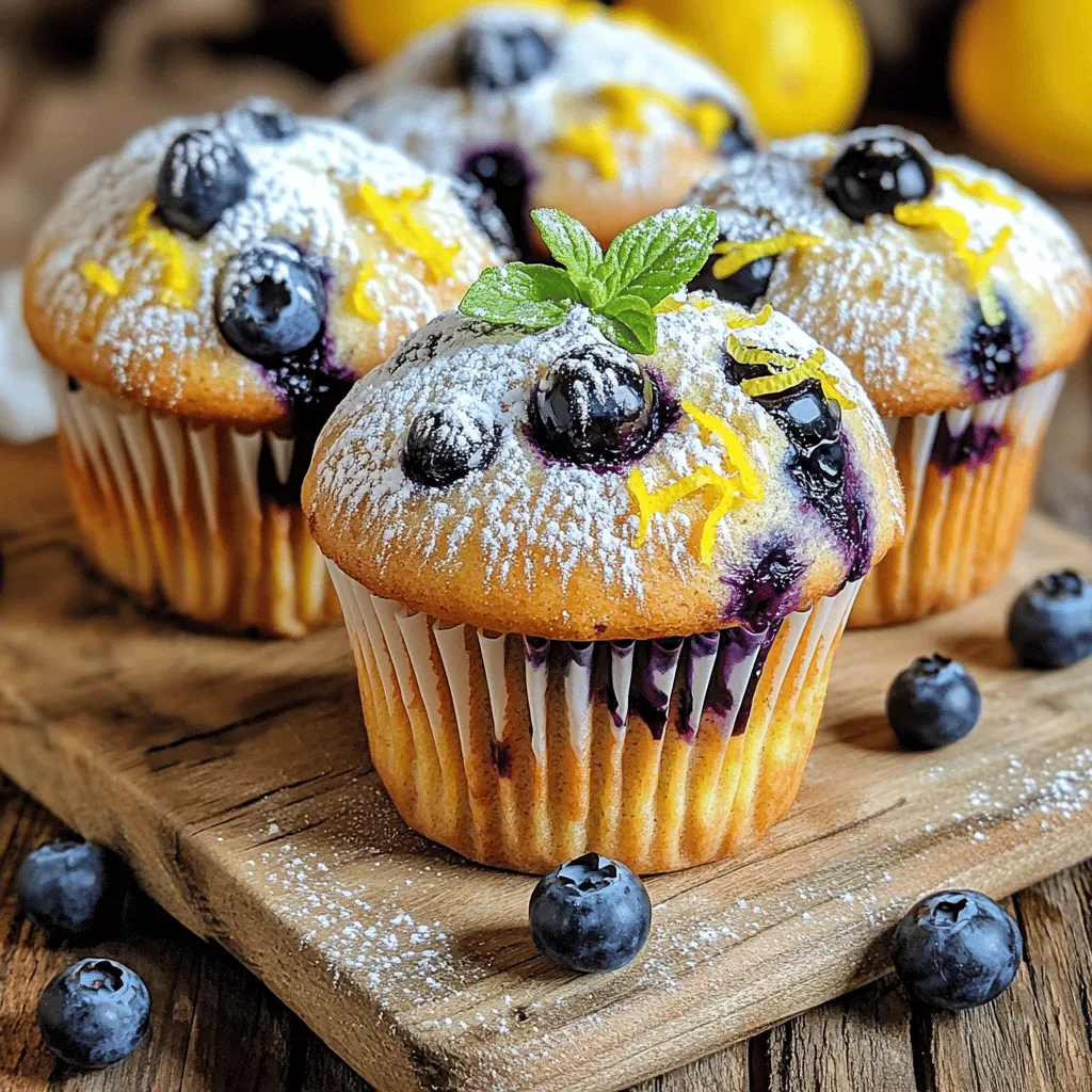 - 1 cup ricotta cheese - 2 large eggs - 1/2 cup granulated sugar - 1/4 cup unsalted butter, melted - Zest of 1 lemon - 2 tablespoons fresh lemon juice - 1 teaspoon vanilla extract - 1 1/2 cups all-purpose flour - 1 teaspoon baking powder - 1/2 teaspoon baking soda - 1/4 teaspoon salt - 1 cup fresh blueberries (or frozen, if in season) These ingredients create a bright and fluffy muffin. The ricotta cheese gives a creamy texture and a slight tang. Eggs help bind everything, adding moisture too. The sugar balances the tartness of the lemon and blueberries. Butter adds richness, while lemon zest and juice bring a refreshing flavor. The flour provides structure, and the baking powder and soda help the muffins rise. Salt enhances the flavors. Blueberries add sweetness and a burst of color. You can use fresh or frozen blueberries based on the season. - Muffin tin - Mixing bowls - Whisk and spatula You will need a muffin tin to shape your muffins. Mixing bowls help keep your ingredients organized. A whisk and spatula ensure you mix everything well without overdoing it. - Calories per muffin: Approximately 180 - Macronutrient breakdown: - Protein: 4g - Carbohydrates: 28g - Fat: 7g These muffins are not just delicious; they also provide a nice balance of nutrients. They are great for breakfast or a snack. You can enjoy them warm with a cup of tea or coffee. For the full recipe, check out the instructions above. - Preheat oven to 375°F (190°C). - Prepare muffin tin with liners or grease it lightly. Preheating the oven helps the muffins rise nicely. Lining the tin makes for easy cleanup and helps them come out easily. - Whisk together ricotta, eggs, sugar, and melted butter. - Add lemon zest, juice, and vanilla extract. Mixing the wet ingredients first gives the muffins a rich flavor. The ricotta adds creaminess, while lemon zest and juice bring freshness. - In a separate bowl, mix flour, baking powder, baking soda, and salt. - Gradually add to the wet mixture and combine. Be gentle when mixing in the dry ingredients. This avoids overmixing, which can make the muffins tough. A few lumps are okay. - Gently fold blueberries into the batter. - Be careful not to crush them. When folding in blueberries, use a spatula. This helps keep them whole, adding bursts of flavor in every bite. Frozen blueberries work well too, but fresh is best when they are in season. - Scoop batter into muffin tin, filling each cup about three-quarters full. - Bake for 18-20 minutes and use a toothpick test. Baking time can vary, so check after 18 minutes. Insert a toothpick in the center of a muffin. If it comes out clean, they are ready. Enjoy the smell as they bake! For the full recipe, follow the steps above. To create the best muffins, avoid overmixing. Mix the wet and dry ingredients just until they blend. A few lumps are okay. This keeps the muffins fluffy. Also, use room temperature ingredients. When eggs and ricotta are warm, they mix better. This helps the muffins rise nicely. Selecting the best blueberries is key. Look for plump, juicy berries. Fresh berries offer the best taste. If using frozen, thaw them first and drain excess liquid. Adjust the lemon flavor to your taste. You can add more zest or juice for a stronger lemon kick. Start with the recipe and tweak it as you like. Presentation matters! Dust your muffins with powdered sugar before serving. This adds a lovely touch. You can also top them with fresh blueberries and a mint sprig. This not only looks great but tastes fresh too. Good visuals make your muffins even more tempting. This is how you impress guests or family. For a full recipe, check out the [Full Recipe]. {{image_2}} You can easily make this recipe gluten-free. Just swap all-purpose flour for a gluten-free blend. Many brands work great in muffins. For sweeteners, try honey or maple syrup instead of sugar. You may need to adjust the liquid in your batter. Adding nuts can give your muffins a nice crunch. Chopped walnuts or pecans work well. You can also mix in chocolate chips for a sweet twist. If you want to change up the fruit, try raspberries or chopped strawberries. Both fruits pair nicely with lemon and ricotta. Take advantage of seasonal produce for a fresh taste. In spring, use fresh strawberries or cherries. In fall, consider adding pumpkin spice to the mix. You can also adjust flavors for holidays. For example, add nutmeg and cinnamon for a festive fall treat. For the full recipe, be sure to check out the [Full Recipe]. After baking, let the muffins cool in the pan for 5 minutes. This timing helps them set. Then, transfer them to a wire rack. Use a spatula to lift them gently. This way, they won’t break apart. Cooling on a wire rack keeps them fluffy and avoids sogginess. Store leftover muffins in an airtight container. This keeps them fresh and moist. You can place them in the fridge for up to 5 days. For longer storage, freeze them. Wrap each muffin in plastic wrap and place them in a freezer bag. They can last for up to 3 months. To reheat, use an oven or microwave. For the oven, preheat to 350°F (175°C). Wrap muffins in foil to keep them moist. Heat for 10-15 minutes. If using a microwave, heat for 15-20 seconds. This warms them up without drying them out. Enjoy your Lemon Ricotta Blueberry Muffins warm from the oven! For the full recipe, refer back to the beginning. Yes, you can use different fruits in these muffins. Fresh or frozen fruit works well. Try raspberries, strawberries, or blackberries as tasty swaps. Each fruit adds its own unique flavor. Remember to adjust the sugar based on the fruit’s sweetness. To make these muffins healthier, consider these tips: - Reduce sugar: Cut the sugar by a quarter. - Use whole wheat flour: This adds fiber and nutrients. - Add nuts: Walnuts or almonds can boost healthy fats. - Use yogurt: Swap out some ricotta for plain yogurt. If you don’t have ricotta cheese, here are some alternatives: - Cottage cheese: Blend it for a smooth texture. - Cream cheese: Thin it out with a little milk. - Greek yogurt: This makes the muffins creamier. These options will still yield delicious muffins. To check if the muffins are done, look for these signs: - The tops should be golden brown. - The edges pull away from the muffin tin slightly. - Press the top gently; it should spring back. - You can also use a toothpick; it should come out clean. These tips help ensure your muffins are perfectly baked. These delicious muffins combine simple ingredients and steps to create a tasty treat. You learned about mixing wet and dry items, preparing the oven, and adding fresh blueberries. I shared tips for perfect texture, flavor, and presentation, plus ways to adapt the recipe to your needs. Remember, you can experiment with different fruits and make them healthier. Enjoy your baking journey and share these muffins with friends and family!