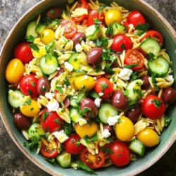 - Orzo pasta: This small pasta looks like rice. It cooks fast and absorbs flavors well. - Vegetables and herbs: Use fresh cherry tomatoes, crisp cucumbers, and red onions. Add a touch of parsley for a fresh taste. - Dressings and seasonings: A mix of olive oil, lemon juice, and oregano gives this salad a sunny flavor. Salt and pepper bring everything together. - Protein options: You can add grilled chicken, shrimp, or chickpeas for extra protein. - Nuts and seeds: Toss in some toasted pine nuts or sunflower seeds for a nice crunch. - Additional cheeses: Try using goat cheese or grated Parmesan for a different flavor. For the full recipe, check out the Mediterranean Orzo Delight. To start, bring two cups of vegetable broth to boil in a medium pot. This adds great flavor to the orzo. Once boiling, add one cup of orzo pasta. Cook it for about eight to ten minutes. You want it to be al dente, which means it should be firm but cooked through. Tips for achieving the perfect al dente texture: - Stir the orzo occasionally to avoid sticking. - Taste it a minute or two before the time is up. This helps you catch the perfect texture. - Once cooked, drain the orzo in a colander. Rinse it under cold water. This stops the cooking and cools it down quickly. Now, let’s make the salad. In a large mixing bowl, combine the cooled orzo, one cup of halved cherry tomatoes, one diced cucumber, half a finely chopped red onion, and one cup of halved Kalamata olives. Next, add one cup of crumbled feta cheese and a quarter cup of chopped fresh parsley. These ingredients create a colorful and tasty mix. For the dressing, take a small bowl. Whisk together a quarter cup of olive oil, two tablespoons of lemon juice, one teaspoon of dried oregano, and a pinch of salt and pepper. Pour the dressing over your salad mix. Gently toss all the ingredients together until well combined. This helps each bite be full of flavor. Taste your salad and adjust the seasoning with extra salt or pepper if needed. Let the salad sit for about 15 minutes at room temperature. This helps all the flavors meld together beautifully. For the full recipe, check out the Mediterranean Orzo Delight. Enjoy making your Greek Orzo Salad! One common mistake is overcooking the orzo. You want it al dente, which means firm. Follow the package instructions closely. Once cooked, drain it right away and rinse it under cold water. This stops the cooking process and keeps it from getting mushy. Another mistake is forgetting to let the flavors meld. After tossing your salad, let it sit for about 15 minutes. This time allows the dressing and ingredients to blend. You’ll be surprised how much better it tastes! To enhance flavor, adjust the seasoning to your liking. Start with the salt and pepper. Taste your salad after mixing. If it’s too bland, add a pinch more salt or pepper. Fresh herbs can make a big difference too. I love using parsley, basil, or mint. They add a burst of freshness. Try mixing in a bit of each for a unique twist! Presentation matters. Serve the salad in a large, colorful bowl. This makes it more inviting. For garnishing, add extra parsley or whole olives on top. It not only looks pretty but also adds flavor. Choosing the right serving dish can elevate your salad. A shallow bowl or platter works best. This way, everyone can see the beautiful colors and textures. Enjoy your meal! {{image_2}} To make your Greek Orzo Salad unique, try adding Mediterranean ingredients. You can toss in roasted red peppers or artichoke hearts. They add great texture and flavor. Fresh herbs like dill or mint can brighten the dish, too. Seasonal vegetable swaps also work well. In summer, add ripe zucchini or bell peppers. In fall, think about using roasted butternut squash. These swaps keep the salad fresh and exciting all year. If you need gluten-free options, use rice or quinoa instead of orzo. Both grains bring a great taste and varied texture. You can find gluten-free orzo in some stores as well. For vegan adaptations, skip the feta and use avocado or a nut-based cheese. You can also add chickpeas for protein. They taste amazing and add extra nutrition. To make a full meal, pair your salad with grilled chicken or fish. These proteins complement the fresh flavors well. You could also serve it alongside pita bread or hummus for a fun twist. For a light lunch, enjoy the Greek Orzo Salad with a cup of soup. A lemony lentil soup goes perfectly with it. For the full recipe of Mediterranean Orzo Delight, be sure to check out the complete instructions. It will guide you to create this flavorful dish with ease. After enjoying your Greek Orzo Salad, store any leftovers right away. Use an airtight container to keep it fresh. This will help lock in the flavors and moisture. Place the salad in the fridge within two hours of serving. The cool air will slow down spoilage. To keep the salad fresh, avoid adding the dressing until you're ready to eat. The dressing can make the orzo soggy. Store it separately in a small container. When you're ready to enjoy it again, simply mix in the dressing. If you have more salad than you can eat, you can freeze it. However, freezing can change the texture of some ingredients. It’s best to freeze only the orzo and vegetables. Avoid freezing feta cheese and olives, as they do not thaw well. To freeze, place the salad in a freezer-safe container. Leave some space at the top for expansion. To thaw, take it out of the freezer and move it to the fridge overnight. Once thawed, give it a good stir. You can add fresh dressing before serving. In the fridge, your Greek Orzo Salad will last for about 3 to 5 days. Keep an eye on the smell and look for any signs of spoilage. If it smells off or looks slimy, it’s best to toss it out. If you freeze the salad, it can last for 2 to 3 months. After this time, it may lose flavor and quality. Always check for signs of spoilage before eating. If it looks or smells bad, do not eat it. Orzo is a type of pasta shaped like rice. It is typically made from semolina flour or whole wheat. One serving of orzo gives you about 200 calories, 7 grams of protein, and 42 grams of carbs. It also has some fiber and iron. This makes orzo a filling and tasty base for salads. Yes, you can make Greek Orzo Salad ahead of time. To prep, cook the orzo and cool it down. Chop your veggies and store them in the fridge. Mix the dressing in a separate container. Combine everything for the best taste just before serving. This keeps the salad fresh and crunchy. If you need a feta cheese substitute, try using goat cheese or ricotta. For a dairy-free option, use tofu or a nut-based cheese. These options still give a nice creaminess to your salad while meeting different dietary needs. For the full recipe, check out Mediterranean Orzo Delight. Greek Orzo Salad is a simple dish that packs flavor. We covered the main ingredients like orzo, fresh veggies, and dressings. You learned how to cook orzo perfectly and mix the salad. Avoid common mistakes and try my tips to enhance the taste. Explore variations to make it your own, and don’t forget to store your leftovers properly. This salad is not just tasty; it fits many diets. Enjoy making this dish again and again!