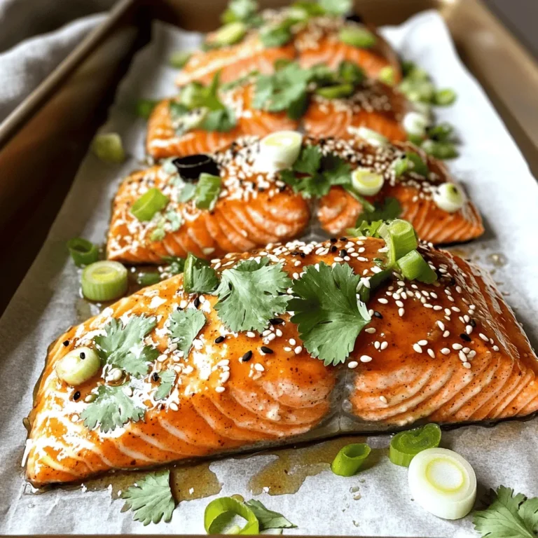 - 4 salmon fillets (6 oz each) - 2 tablespoons sesame oil - 2 tablespoons soy sauce (low sodium) - 1 tablespoon fresh ginger, grated - 2 cloves garlic, minced - 1 tablespoon honey - 1 tablespoon rice vinegar - 1 tablespoon sesame seeds (white or black) - 2 green onions, sliced (for garnish) - Salt and pepper to taste - Optional: Fresh cilantro for garnish You will love how these ingredients come together. Each one adds a unique touch to the dish. The salmon fillets stand out as the star, rich in omega-3 fats. Using sesame oil and soy sauce gives a savory base. The fresh ginger and garlic add a nice kick. Honey balances the flavors with a sweet note. Garnishes like sesame seeds and green onions make it pretty. They also add texture and freshness. A splash of rice vinegar brightens the dish too. You can even add cilantro if you like fresh herbs. With the right mix of ingredients, you create a dish that's both flavorful and healthy. You can find the full recipe above, where I share all the steps to make this delicious salmon. - Preheat the oven to 400°F (200°C). - Prepare the marinade by combining sesame oil, soy sauce, ginger, garlic, honey, and rice vinegar. I find that starting with a hot oven is key to getting the best texture. The marinade adds a rich flavor to the salmon. Mix all the marinade ingredients in a bowl. Whisk until smooth. That simple step sets the stage for great taste. - Season salmon fillets with salt and pepper, place on baking sheet, and pour marinade over them. - Let the salmon marinate for at least 15 minutes before baking. Season each salmon fillet lightly with salt and pepper. This enhances the dish's flavor. Place the fillets on a lined baking sheet. Pour the marinade over the salmon, ensuring each piece gets coated. Allow the salmon to marinate for 15 minutes. This wait is worth it; it helps the fish absorb all those flavors. - Sprinkle sesame seeds over salmon and bake for 12-15 minutes. - Check for doneness; salmon should flake easily with a fork. Once the salmon has marinated, sprinkle sesame seeds on top. This adds a nice crunch. Bake it in the preheated oven for 12-15 minutes. Keep an eye on it. You want the salmon to flake easily with a fork. This shows it is done perfectly. Enjoying this dish is easy, and it is filled with flavor! For the complete instructions, check the Full Recipe section. - Use a meat thermometer to ensure salmon reaches 145°F (63°C) for safe consumption. - Adjust cooking time based on the thickness of the salmon fillets. Cooking salmon well can be tricky. If your fillet is thick, it may need a bit more time. A thinner piece cooks faster, so keep an eye on it. Using a meat thermometer helps you avoid overcooking. I find that pulling it out just before it hits 145°F lets it stay juicy. - Marinate for a longer duration for deeper flavor infusion (up to 1 hour). - Consider using fresh herbs to enhance the marinade's aroma and taste. Marinating salmon is key to flavor. I often let it sit for at least 30 minutes. If you have time, an hour works wonders! Fresh herbs like cilantro or parsley can add bright notes to your dish. You can mix them right in or sprinkle them on top before serving. - Pair with steamed vegetables or rice for a complete meal. - Drizzle with additional sesame oil before serving for extra flavor. I love serving baked sesame ginger salmon with steamed broccoli or green beans. They add color and nutrients to your plate. A drizzle of sesame oil on top just before serving gives an extra punch. You can also add a side of fluffy rice for a hearty meal. For the full recipe, check earlier sections. Enjoy your cooking! {{image_2}} You can easily change the flavors of this dish. Add citrus zest like lime or orange for a tangy twist. This brightens the dish and adds freshness. Another idea is to swap honey with maple syrup. This gives the fish a different sweet note that pairs well with the ginger. You don’t have to stick with salmon! You can use other fish like trout or cod while keeping the marinade the same. Each fish brings its own taste and texture. If you want a crunch, swap sesame seeds for crushed nuts. This adds a nice texture contrast and a nutty flavor. Grilling is a fun cooking method for this dish. Grill the salmon over medium heat to give it a smoky flavor. It’s a great way to enjoy the outdoors while cooking. If you prefer a very tender texture, try slow cooking. This method makes the salmon melt in your mouth and enhances the flavors well. Store leftovers in an airtight container in the refrigerator for up to 3 days. I recommend keeping the salmon covered to lock in moisture. When you're ready to eat, reheat gently in the oven. This helps avoid drying it out. You can also use the microwave if you're in a hurry, but it may not be as tasty. You can freeze marinated salmon prior to cooking for up to 3 months. This is a great way to save time on busy days. Just place the marinated salmon in a freezer bag, and squeeze out the air before sealing. When you're ready to cook, thaw it in the refrigerator overnight. This keeps the salmon juicy and flavorful before baking. For even reheating, always use the oven. This retains the salmon's texture. Preheat your oven to 350°F (175°C) and place the salmon on a baking sheet. Heat for about 10 minutes or until warm. Avoid reheating in the microwave for best results, as it can make the salmon rubbery. Enjoy your delicious meal again! - Look for the salmon to flake easily with a fork and have an opaque color. This means it is done and safe to eat. The flesh should not be raw or translucent. - Yes, just ensure it is thawed completely before proceeding with the recipe. Thawing helps the salmon cook evenly. You can thaw it in the fridge overnight or use the cold water method for quicker results. - Consider serving with jasmine rice, quinoa, or a fresh salad. These sides add texture and balance. They also soak up the delicious sauce from the salmon. - 15 minutes is recommended, but marinating for up to 1 hour enhances flavor. This allows the marinade to seep into the fish. The longer it sits, the more tasty it becomes. - You can find the full recipe below in the ingredients and instructions sections. This will guide you step-by-step for a perfect dish every time. This blog post covered how to make baked sesame ginger salmon. You learned the key ingredients, marinating steps, and cooking tips to make the dish delicious. Remember, marinating adds flavor, and adjusting the cooking method gives variety. You can also store leftovers safely and enjoy them later. With these simple steps, you can impress anyone at your table. Enjoy experimenting with flavors and serving this tasty meal!