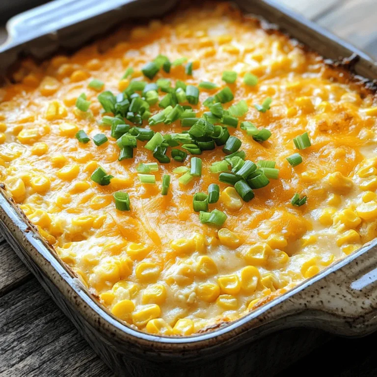To make Easy Cheesy Corn Casserole, you need the following ingredients: - 2 cups sweet corn (fresh or canned) - 1 cup creamed corn - 1 cup shredded cheddar cheese - 1/2 cup sour cream - 1/4 cup milk - 1/2 cup cornmeal - 1/4 cup sugar - 1 teaspoon baking powder - 1 teaspoon salt - 1/2 teaspoon black pepper - 1/4 cup chopped green onions (for garnish) - 1 tablespoon butter (for greasing dish) If you don’t have sweet corn, try using frozen corn. Just thaw it first. For the cheese, feel free to use a mix of cheddar and Monterey Jack. It adds a nice flavor twist. If you're out of sour cream, plain yogurt works great too. You can switch milk with a non-dairy option if needed. Enjoy playing with these options! They can make your dish even more delightful. 1. Preheat the oven to 350°F (175°C). This helps the casserole cook evenly. 2. Grease a 9x9-inch baking dish with 1 tablespoon of butter. This keeps the casserole from sticking. 3. In a large bowl, mix the wet ingredients: 2 cups of sweet corn, 1 cup of creamed corn, 1 cup of shredded cheddar cheese, 1/2 cup of sour cream, and 1/4 cup of milk. Stir until it blends well. 4. In another bowl, whisk together dry ingredients: 1/2 cup of cornmeal, 1/4 cup of sugar, 1 teaspoon of baking powder, 1 teaspoon of salt, and 1/2 teaspoon of black pepper. 5. Fold the dry mixture into the wet corn mixture. Mix gently until just combined. This keeps the texture light. 6. Pour the batter into your greased baking dish. Use a spatula to smooth the top. 1. Bake the casserole in the preheated oven for about 30-35 minutes. 2. Look for signs of doneness: the casserole should be golden brown, and a toothpick inserted in the center should come out clean. This means it’s ready to enjoy. You can find the full recipe for more details. To get the best texture in your cheesy corn casserole, follow these tips. First, mix the wet ingredients well. This helps all the flavors blend nicely. Use fresh corn for a sweet crunch, but canned corn works too. When mixing in the dry ingredients, do not overmix. A few lumps are okay; they keep the casserole light. For seasonings, I love to add a pinch of smoked paprika or cayenne. This gives a nice kick. You can also try adding garlic powder for extra flavor. Don't forget to taste your mixture before baking. This way, you can adjust the salt or sugar to your liking. Corn casserole pairs well with many side dishes. Try serving it with a fresh green salad or roasted vegetables. It also goes great with grilled chicken or ribs. These options balance the rich cheese and corn nicely. For leftovers, store your casserole in an airtight container. It will last for about three days in the fridge. If you want to save it longer, freeze it. Just wrap it tightly. To reheat, bake it in the oven until hot. This keeps the texture nice and creamy. For the full recipe, check out the Easy Cheesy Corn Casserole guide. {{image_2}} You can make this Easy Cheesy Corn Casserole even more fun with simple changes. Adding proteins like crispy bacon or tender chicken gives it a heartier touch. Just cook the bacon until it’s crispy, then crumble it into the mix. For chicken, use leftover rotisserie chicken or sauté some diced breast. Both options add great flavor! You can also play with cheese. While cheddar is classic, try using Monterey Jack or pepper jack for a spicy kick. Mixing different cheeses creates a rich taste. Adding veggies can also enhance the dish. Consider diced bell peppers, chopped spinach, or even jalapeños for a twist. They brighten the casserole and add color. If you need gluten-free options, this casserole is easy to modify! Use gluten-free cornmeal instead of regular cornmeal. This keeps the texture nice while making it safe for gluten-free diets. For a vegan version, swap the sour cream with a plant-based alternative like cashew cream or coconut yogurt. Use non-dairy milk instead of regular milk. You can replace cheese with vegan cheese or nutritional yeast for a cheesy flavor. These changes make the dish accessible to everyone while keeping it delicious. Feel free to explore these variations and make the casserole your own! Check out the Full Recipe for more ideas. To keep your Easy Cheesy Corn Casserole fresh, store it in an airtight container. Let it cool to room temperature before you cover it. This helps prevent moisture build-up. Place it in the refrigerator if you plan to eat it within a few days. For longer storage, you can freeze it. Just wrap it tightly in plastic wrap, then foil. This keeps it from freezer burn. When you are ready to eat it again, thaw it in the fridge overnight. Reheat it in the oven at 350°F (175°C) for about 20 minutes. You can also microwave it for a quick heat-up. Just cover it to keep it moist. In the refrigerator, the casserole lasts about 3 to 5 days. If you freeze it, expect it to stay good for 2 to 3 months. After that, it may lose its taste and texture. Always check for signs of spoilage like off smells or changes in color before you eat it. Enjoy this dish fresh for the best taste! How to make Easy Cheesy Corn Casserole ahead of time? You can prepare the casserole a day early. Just mix all the ingredients and place them in the baking dish. Cover it and store it in the fridge. When you are ready to bake, take it out and let it sit for about 30 minutes. Then, bake as directed. This makes it easy for busy days! Can you use frozen corn instead of fresh? Yes, you can use frozen corn! It works just as well as fresh corn. Just thaw it and drain any excess water before mixing it in. This saves time and is often easier to find. What can you pair with this casserole for a complete meal? This casserole goes well with many sides. You can serve it with grilled chicken or a fresh salad. It also pairs nicely with roasted vegetables. For a heartier meal, add some chili or pulled pork on the side. These options create a well-rounded dinner. Don't forget to check out the Full Recipe for more tips! This article covered all you need to know about making Easy Cheesy Corn Casserole. We reviewed the ingredients, with alternatives, and shared step-by-step instructions. You found tips for perfect texture and ideas for serving. Variations let you customize flavors and meet dietary needs. I also explained how to store leftovers and answered common questions. Now, you can enjoy your casserole with confidence. Happy cooking!