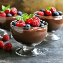 - 1 cup silken tofu, drained - 1/2 cup dark vegan chocolate chips (dairy-free) - 1/4 cup maple syrup - 1 teaspoon vanilla extract - 1/4 teaspoon sea salt - 1/4 cup almond or coconut milk (adjust for consistency) - Fresh berries and mint leaves for garnish When I make vegan chocolate mousse, I choose high-quality ingredients. Silken tofu gives the mousse a creamy texture. Dark vegan chocolate chips bring rich flavor. Maple syrup adds sweetness without any animal products. The vanilla extract enhances the taste. Sea salt balances the sweetness perfectly. Almond or coconut milk helps adjust the mousse's thickness. If you want to try different sweeteners, consider agave or coconut sugar. Both work well and add unique flavors. For chocolate, you can also use other dairy-free options, like carob chips or raw cacao. This mousse is not only tasty but also packed with nutrition. One serving has about 150 calories. The silken tofu offers protein and healthy fats. Dark chocolate has antioxidants and can boost mood. Maple syrup provides natural sugars and vitamins. Enjoying this mousse can satisfy your sweet tooth while being good for you! 1. Melting the vegan chocolate chips Start by melting the dark vegan chocolate chips. You can use a microwave-safe bowl. Heat the chocolate in 30-second bursts, stirring in between. This will keep it from burning. You can also melt it using a double boiler on the stove. Just make sure the water does not touch the bowl. 2. Blending the tofu mixture While the chocolate melts, prepare the tofu. Drain the silken tofu and place it in a blender. Add the maple syrup, vanilla extract, and sea salt. Blend until the mixture is smooth and creamy. This step creates the base of your mousse. 1. Adding melted chocolate to the tofu After the chocolate cools a bit, pour it into the blender with the tofu mixture. Blend again until everything is fully combined. The mixture should look rich and glossy. 2. Adjusting consistency with non-dairy milk If the mousse seems too thick, add non-dairy milk slowly. You can use almond or coconut milk for this. Blend until you reach the desired consistency. Make sure to taste the mousse at this stage. 1. Refrigerating the mousse Once the mousse is ready, spoon it into serving bowls or glasses. Cover them with plastic wrap. Refrigerate for at least 30 minutes. This helps the mousse firm up and enhances the flavors. 2. Serving suggestions When ready to serve, add fresh berries and mint leaves on top. This not only looks great but also adds a fresh flavor. Enjoy your creamy and delicious vegan chocolate mousse! For full details, check the Full Recipe. To get that perfect creamy texture, blending is key. Start with a strong blender. This helps blend the silken tofu smoothly. Make sure your tofu is well-drained. If it has too much water, your mousse may turn out too runny. Blend until there are no lumps left. Chilling time is just as important. Once you mix in the melted chocolate, put the mousse in the fridge. Let it chill for at least 30 minutes. This helps it firm up and enhances the texture. Want to kick up the flavor? You can add spices like cinnamon or espresso powder. A pinch goes a long way and adds a rich taste. You can also use flavored extracts. Almond or hazelnut extracts add a lovely twist. Just a drop can change the whole dessert. One common mistake is ending up with a grainy mousse. This can happen if the chocolate isn't fully melted or mixed well. Make sure your chocolate is smooth before blending. Another mistake is not getting the sweetness just right. Taste your mousse before chilling. If it’s not sweet enough, add a little more maple syrup. Start small, then add more if needed. This way, you ensure your mousse is just how you like it. For the full recipe, check the details provided earlier. {{image_2}} For a raw vegan chocolate mousse, I use simple, fresh ingredients. Here’s what you need: - 1 cup raw cashews (soaked for 4 hours) - 1/2 cup raw cacao powder - 1/4 cup maple syrup - 1 teaspoon vanilla extract - 1/4 cup almond or coconut milk (adjust for consistency) To adjust flavor and texture, blend the soaked cashews until smooth. Add the cacao powder, maple syrup, and vanilla extract. Mix until creamy. If it’s too thick, add more almond or coconut milk. This version is rich and tasty, perfect for a healthier dessert. If you want a sugar-free mousse, I have some great alternatives. Instead of maple syrup, try these options: - Erythritol - Stevia - Monk fruit sweetener Using stevia or monk fruit sweetener can keep your mousse sweet without added sugar. I recommend starting with a small amount. Taste as you go to get the right level of sweetness. This way, you can enjoy a guilt-free treat. Seasonal fruits can make your mousse even better. Think about adding: - Raspberries in summer - Pumpkin puree in fall - Fresh mint in spring You can also infuse spices like peppermint for a festive touch during holidays. Just mix in a little peppermint extract when blending. This adds a fun twist to your mousse and makes it feel special for the season. For the full recipe, check out the complete instructions above. To keep your vegan chocolate mousse fresh, store it in airtight containers. Glass jars or plastic containers work well. These containers prevent moisture and odors from affecting the mousse. Make sure to cover the top with plastic wrap if using a bowl. This extra layer helps maintain its creamy texture. You can store vegan chocolate mousse in the fridge for up to five days. Just make sure it stays sealed in its container. If you want to keep it longer, you can freeze it. It can last for about two months in the freezer. Just remember to use a freezer-safe container to avoid freezer burn. When you're ready to enjoy your frozen mousse, take it out and let it thaw in the fridge. This method keeps the texture smooth. Avoid using the microwave, as it can change the mousse's creamy consistency. Once thawed, stir gently to revive its fluffiness before serving. Enjoy your delicious treat! Yes, you can use various types of chocolate. Dark chocolate gives a rich flavor. If you want something sweeter, try semi-sweet chocolate. You can also use white chocolate if you prefer a different taste. Just make sure the chocolate is dairy-free to keep it vegan. This mousse can be a great filling or frosting in vegan cakes. It adds moisture and a rich chocolate flavor. You can layer it between cake or use it to top cupcakes. Just remember, the mousse is delicate, so use it gently in baking. If you don't have silken tofu, avocado is a great choice. It gives creaminess and a nice texture. You can also use cashew cream for a nutty flavor. Just blend soaked cashews until smooth. Both options work well in this mousse. In this blog post, we explored how to make a rich vegan chocolate mousse. We covered key ingredients, like silken tofu, dark chocolate, and maple syrup. I shared tips to achieve the perfect texture and variations for different diets. Remember, cooling the mousse is key to its creaminess. With this easy recipe, you can impress friends and family while enjoying a delicious dessert. Feel free to experiment with flavors and ingredients to make it your own. Enjoy creating a tasty treat that everyone will love!