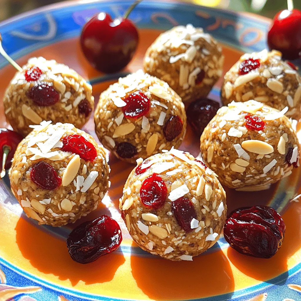 - 1 cup rolled oats - 1/2 cup almond butter - 1/3 cup honey or maple syrup These three ingredients form the base of your Cherry Almond Protein Balls. Rolled oats give a hearty texture and lots of fiber. Almond butter adds creaminess and healthy fats. Honey or maple syrup brings natural sweetness to the mix. - 1/2 cup dried cherries, chopped - 1/4 cup almond meal - 1/2 cup chocolate protein powder Dried cherries add a burst of flavor and chewy goodness. Almond meal gives a nice crunch and boosts nutrition. Chocolate protein powder adds protein and a rich taste, making the snack more filling. - 1/4 teaspoon cinnamon - 1/4 teaspoon salt - 1/4 cup slivered almonds (for rolling) Cinnamon can add warmth and depth to the flavor. A pinch of salt enhances all the tastes in the balls. Rolling them in slivered almonds gives a lovely finish, adding extra crunch. For the full recipe, check out the details above. Mixing the base ingredients First, grab a large mixing bowl. Add 1 cup of rolled oats, 1/2 cup of almond butter, and 1/3 cup of honey or maple syrup. Use a spatula to stir these ingredients together. Mix until everything is smooth and well combined. This step is key to a tasty base. Incorporating additional ingredients Now, it's time to add more flavor. Chop 1/2 cup of dried cherries and add them to the bowl. Next, add 1/4 cup of almond meal, 1/2 cup of chocolate protein powder, 1/4 teaspoon of cinnamon, and 1/4 teaspoon of salt. Mix again until all the ingredients blend well. If the mixture feels sticky, refrigerate it for about 15 minutes. This makes it easier to handle. Chilling the mixture After mixing, cool the protein mixture in the fridge. This helps it firm up. Once chilled, it will be easier to roll into balls. Forming the protein balls Take the chilled mixture and use your hands to roll it into small balls. Aim for about 1 inch in diameter. This size is perfect for snacking. Rolling in slivered almonds Next, take 1/4 cup of slivered almonds and place them on a plate. Roll each protein ball in the slivered almonds. This adds a nice crunch and extra flavor. Make sure each ball gets evenly coated. Storing instructions Finally, store your protein balls in an airtight container. Keep them in the fridge for up to one week. Enjoy these Cherry Almond Protein Balls as a quick snack or a post-workout treat. For the complete process, check out the Full Recipe. Handling sticky mixtures If your mixture feels sticky, don’t worry! Chill it in the fridge for about 15 minutes. This makes it easier to handle. Once chilled, you can form your protein balls with ease. If it’s still sticky, add a little more almond meal to help firm it up. Adjusting ingredient measurements Sometimes, you might want to tweak the recipe. If you want it sweeter, add more honey or maple syrup. For a thicker texture, increase the almond meal. Just keep the balance in mind so your protein balls still hold together well. Presentation tips for Cherry Almond Protein Balls Make your protein balls look great! Arrange them on a colorful plate. Add whole cherries and a sprinkle of shredded coconut on top. This makes the snack more inviting. It’s a simple way to impress your family or friends! Pairing ideas for snacks or meals Cherry almond protein balls work well with many snacks. Try pairing them with a fruit smoothie or a cup of yogurt. They also make a great addition to a lunchbox for kids. Add some fresh fruit on the side for a balanced meal. Health benefits of oats and almonds Oats are rich in fiber, which helps digestion. They also provide long-lasting energy. Almonds add healthy fats and protein. This combination helps keep you full for longer. Together, they make these protein balls a very nutritious snack. High protein content from the protein powder Using chocolate protein powder boosts the protein level significantly. This helps in muscle recovery after workouts. Each protein ball offers a great balance of carbs and protein. It’s perfect for anyone needing a quick energy boost during the day. {{image_2}} You can make Cherry Almond Protein Balls even more exciting. Try swapping dried cherries for other dried fruits. Cranberries or apricots work well. Each fruit brings a new flavor and sweetness. You can also use different nut butters. Peanut butter adds a bold taste, while cashew butter offers a creamier texture. Want to make it vegan? Simply replace honey with maple syrup. Use plant-based protein powder for the best result. This change keeps all the flavor while being animal-free. For gluten-free options, make sure your oats are certified gluten-free. This small step ensures everyone can enjoy these tasty bites. You can easily boost the nutrition of these protein balls. Add chia seeds or flaxseeds for extra fiber and omega-3s. They blend well without changing the taste much. If you love chocolate, toss in dark chocolate chips or protein bits. Both options add flavor and a little fun to each bite. To keep your Cherry Almond Protein Balls fresh, store them in an airtight container. This helps lock in moisture and flavor. I like to use glass containers with tight seals. You can keep them in the refrigerator for up to one week. Remember to label the container with the date you made them. If you want to save some for later, freezing is a great option. To freeze, place the protein balls on a baking sheet lined with parchment paper. Make sure they do not touch each other. Freeze them for about two hours until solid, then transfer them to a freezer-safe bag. They can last for up to three months in the freezer. When you are ready to eat, just take them out and let them sit at room temperature for 15-30 minutes to defrost. You can also pop them in the fridge overnight for a slower thaw. When stored in the fridge, these protein balls have an average shelf life of about one week. Keep an eye out for signs of spoilage. If you see mold or notice any off smells, it’s best to toss them. Always trust your senses when it comes to food safety. Cherry Almond Protein Balls stay fresh for about one week in the fridge. Store them in an airtight container to keep them moist. If you want them to last longer, you can freeze them. In the freezer, they last up to three months. Just defrost them in the fridge overnight before you enjoy them again. Yes, you can! Peanut butter works great as a substitute for almond butter. Cashew butter is also a good choice if you prefer a milder taste. Sunflower seed butter is perfect for those with nut allergies. Each swap adds a unique flavor while keeping the protein content high. Absolutely! These protein balls are perfect for meal prep. You can make a big batch and store them in the fridge. Portion them out into snack-sized containers for easy grab-and-go. This saves time and helps you stay on track with your healthy eating goals. You can also mix in different flavors each week to keep things exciting. For the Full Recipe, refer to the earlier sections. In this post, I outlined how to make Cherry Almond Protein Balls. You learned about essential and optional ingredients, plus step-by-step instructions. I shared tips for serving and nutritional benefits. You even discovered fun variations to try. These bites are not only tasty but also packed with nutrients. With easy ways to customize and store them, you can enjoy healthy snacks anytime. Get creative and make these protein balls your own!