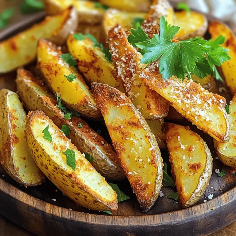 To make Air Fryer Parmesan Potato Wedges, you will need the following ingredients: - 4 large russet potatoes, cut into wedges - 1/4 cup olive oil - 1/2 cup grated Parmesan cheese - 1 teaspoon garlic powder - 1 teaspoon onion powder - 1 teaspoon smoked paprika - 1 teaspoon dried oregano - Salt and pepper to taste - Fresh parsley, chopped (for garnish) Choosing the right potatoes is key. For the best flavor and texture, I recommend using russet potatoes. They have a high starch content, which helps make your wedges fluffy inside and crispy outside. Look for potatoes that are firm, with no blemishes or sprouts. When it comes to fresh herbs, don’t skip the parsley. A sprinkle of fresh parsley adds a bright flavor and a nice color to your dish. It makes your wedges look and taste great. Always use fresh herbs when you can. They make a big difference! For more details on cooking these delicious wedges, check the Full Recipe. To start, you need to scrub the russet potatoes well. This step is vital for removing dirt. After scrubbing, cut each potato into wedges. Aim for even sizes to ensure they cook the same. If the wedges are too thick, they may take longer to cook. About 1-inch thick is perfect for a nice crunch. Now let’s make the seasoning mix. In a large bowl, combine grated Parmesan cheese, garlic powder, onion powder, smoked paprika, dried oregano, salt, and pepper. This mix brings out the best flavors. Stir well to blend everything. This step is easy but very important. The seasoning will create that tasty crust on your wedges. Before cooking, preheat your air fryer to 400°F (200°C). This takes about 5 minutes. Preheating helps the wedges cook evenly. Once ready, arrange the potato wedges in a single layer in the basket. If you have many wedges, cook them in batches. This ensures they turn golden brown and crispy. Air fry at 400°F for 15-20 minutes. Remember to shake the basket halfway through. This action helps them cook on all sides. When they look golden and crispy, they are ready to enjoy. For the full recipe, check out the detailed cooking guide! To get those golden, crispy potato wedges, follow these steps. First, cut the potatoes evenly. This ensures they cook at the same speed. Next, soak the wedges in cold water for 30 minutes. This helps remove excess starch, making them crispier. After soaking, dry the wedges well. This step is key to getting rid of moisture that can lead to sogginess. When you coat the wedges with olive oil, make sure they are fully covered. This helps the seasoning stick and promotes crispiness. Spread the wedges in a single layer in the air fryer basket. If they overlap, they won’t crisp up well. Finally, shake the basket halfway through cooking. This promotes even cooking and browning. There are a few pitfalls when air frying potatoes. One common mistake is not preheating the air fryer. Preheating allows for immediate heat, giving the wedges a better texture. Another mistake is overloading the basket. Cooking too many wedges at once can lead to uneven cooking. Always cook in batches if needed. Also, don't skip the seasoning mix. This adds depth to the flavor. If you forget to dry the potatoes, they will not get crispy. Lastly, be careful with cooking time. Every air fryer is different. Check your wedges a few minutes early to avoid burning. These Parmesan potato wedges shine with the right dips. Ranch dressing is a classic choice. It complements the savory cheese flavor. Ketchup also works well for a sweet twist. If you want something tangy, try a garlic aioli. For a fun twist, serve them with a spicy sriracha mayo. This adds heat and creaminess. You can also pair them with a fresh salad for a balanced meal. Don't forget to sprinkle fresh parsley on top for a pop of color and flavor. For the full recipe, check out the complete guide. {{image_2}} You can easily change the taste of your potato wedges. Try adding spices like cayenne pepper for heat, or Italian seasoning for a herb mix. You can also use fresh herbs like rosemary or thyme to add a fragrant touch. If you love a smoky flavor, increase the smoked paprika. Experimenting with spices keeps things fun and fresh! While russet potatoes are classic, you can try other types for a twist. Yukon gold potatoes are creamy and buttery, giving a different texture. Sweet potatoes bring a natural sweetness. Red potatoes hold their shape well and offer a nice bite. Each type of potato gives a unique taste and feel, so choose what you love! Want to make your wedges even better? Add cheese! Sprinkle extra Parmesan on top before cooking for a cheesy crust. You can also mix in vegetables like bell peppers or zucchini for added nutrition. Another fun idea is to toss in some cooked bacon bits for a savory kick. These extras make your meal more exciting! For the full recipe, check out the section above. To store leftover Air Fryer Parmesan Potato Wedges, first let them cool. Place the wedges in an airtight container. They will stay fresh for up to three days in the fridge. Make sure to separate layers with parchment paper to prevent sticking. This helps keep them nice and crispy when you reheat. If you want to save some for later, freezing is a great option. First, let the cooked wedges cool completely. Then, place them in a single layer on a baking sheet. Freeze them for about an hour. After that, transfer the frozen wedges to a freezer-safe bag. They can last up to three months. When you're ready to eat, just pull them out and reheat. To bring back the crispiness of your potato wedges, use the air fryer again. Preheat the air fryer to 375°F (190°C). Place the wedges in the basket in a single layer. Heat them for about 5 to 8 minutes. This method keeps them crunchy and delicious, just like when they were first cooked. If you prefer, you can also use the oven for reheating. Just make sure to spread them out on a baking sheet. This helps them crisp up nicely. Cook potato wedges in an air fryer for 15 to 20 minutes. The exact time depends on how thick you cut the wedges. For thinner wedges, aim for 15 minutes. For thicker ones, go for 20 minutes. Always check for a golden-brown color. Shake the basket halfway through to ensure even cooking. This will help them crisp up nicely. Yes, you can use other cheeses if you don't have Parmesan. Some great options are: - Pecorino Romano: It adds a stronger, saltier flavor. - Cheddar: This gives a rich, creamy taste. - Gouda: It brings a smoky flavor to the wedges. Feel free to mix and match based on your taste. Just remember, the cheese should melt well. Many sauces go well with these tasty wedges. Here are some popular choices: - Ranch: Creamy and herb-filled, it complements the flavors. - Ketchup: A classic choice that never fails. - Garlic Aioli: Adds a rich, garlicky kick. - BBQ Sauce: Sweet and smoky for a fun twist. These sauces elevate the dish and make it even more enjoyable. To make Air Fryer Parmesan Potato Wedges, gather fresh ingredients and follow our simple steps. Start with the right russet potatoes for the best taste. Prepare, season, and cook them to achieve that perfect crispiness. Avoid common mistakes for great results. You can also add different flavors or cheese to make the dish your own. Store leftovers properly to enjoy later. These wedges are tasty and easy to make, perfect for any meal. Enjoy sharing them with friends and family.