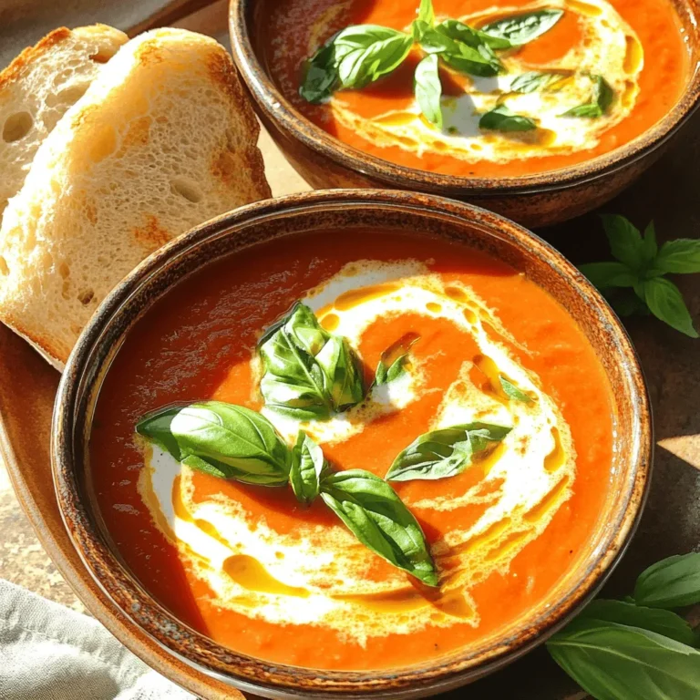 To make this warm and tasty soup, gather these key ingredients: - 2 tablespoons olive oil - 1 medium onion, diced - 3 cloves garlic, minced - 1 carrot, finely chopped - 1 celery stalk, finely chopped - 2 cans (14 ounces each) crushed tomatoes - 4 cups vegetable broth - 1 teaspoon dried oregano - 1 teaspoon sugar - Salt and pepper to taste These ingredients form the heart of your soup. Olive oil adds richness, while onion and garlic give depth. Carrots and celery build a great flavor base. Crushed tomatoes create a smooth texture, and broth brings it all together. Don’t forget the oregano, sugar, salt, and pepper for that perfect taste. You can also enhance your soup with these optional ingredients: - 1/2 cup heavy cream (or coconut cream for a dairy-free option) - 1 cup fresh basil leaves, torn - Optional: Crusty bread or croutons for serving Heavy cream adds a rich, creamy texture. If you prefer a dairy-free option, coconut cream works well. Fresh basil leaves give a bright flavor to the soup. Serving it with crusty bread or croutons makes it even more fun to enjoy. For the full recipe, check out the detailed steps below. To begin, I heat 2 tablespoons of olive oil in a large pot over medium heat. Once the oil is warm, I add 1 medium onion, diced into small pieces. I sauté the onion for about 5 minutes. It should become soft and translucent. This step builds the soup’s base flavor. Next, I stir in 3 cloves of minced garlic, 1 finely chopped carrot, and 1 finely chopped celery stalk. I continue to cook these vegetables for another 5 minutes. They need to soften and blend well together. This mix gives the soup a rich taste and a lovely aroma. After the vegetables soften, I pour in 2 cans of crushed tomatoes and 4 cups of vegetable broth. I stir the mixture well to combine all the ingredients. This is where the soup starts to take shape. Now, I add 1 teaspoon of dried oregano, 1 teaspoon of sugar, and salt and pepper to taste. The sugar balances the acidity of the tomatoes. I bring the soup to a boil and then lower the heat. I let it simmer uncovered for 20-25 minutes. This allows the flavors to meld together nicely. Once the soup has simmered, I add 1 cup of torn fresh basil leaves. I let them wilt in the soup for about 2 minutes. This adds a fresh, vibrant flavor. Now, it's time to blend. I can use an immersion blender for quick blending right in the pot. If I use a regular blender, I must be careful. I let the soup cool a bit before blending in batches. This prevents splatter and burns. I blend until smooth. After blending, I return the soup to the pot and stir in 1/2 cup of heavy cream. I heat it gently until warm. Finally, I taste the soup and adjust the seasoning if needed. The soup is now ready to serve. For the full experience, I recommend serving it hot with crusty bread or croutons. Enjoy the comforting and flavorful dish! To get the best flavor from your Tuscan Tomato Basil Soup, let it simmer. This helps the flavors blend well. As it cooks, taste the soup. You can add more salt or pepper based on your liking. Don't rush this step; it makes a big difference. You can save time by prepping your ingredients ahead. Chop your veggies like onion, garlic, and carrot the day before. This makes cooking faster. Also, consider using store-bought broth or canned tomatoes. They can cut down your cooking time without losing flavor. Garnishing your soup can make it look special. Add a swirl of cream on top and sprinkle fresh basil. It adds color and taste. For serving, pair the soup with crusty bread or crunchy croutons. This makes every bite more enjoyable. For the full recipe, check out the cooking instructions. {{image_2}} You can make this soup even better for you. Try using coconut cream instead of heavy cream. This option gives a nice, rich taste while keeping it dairy-free. If you want to cut down on sodium, use low-sodium broth instead of regular broth. This change keeps the soup tasty without too much salt. Want to boost the flavor? You can add shredded chicken or beans for some protein. Both options make the soup more filling. You can also mix in fresh herbs like thyme or parsley. These herbs add a new layer of flavor that complements the basil nicely. For a fun twist, try Italian flavors. Add a spoonful of pesto or sprinkle some parmesan cheese on top. Both ingredients bring a rich taste that matches the soup. If you want a Mediterranean flair, consider adding sun-dried tomatoes or olives. These ingredients create a unique and tasty variation on the classic soup. For the full recipe, check out the details above. Store leftover soup in airtight containers. This keeps it fresh and safe. You can refrigerate it for up to five days. Make sure to cool the soup before sealing the container. Freezing is a great way to save extra soup. Pour the cooled soup into freezer-safe containers. Leave some space at the top for expansion. You can freeze it for up to three months. To enjoy later, thaw the soup overnight in the fridge. Reheat the soup on the stove over low heat. Stir often to keep it from sticking. If the soup is too thick after freezing, add a little broth or water. This will help bring it back to the right consistency. Enjoy your warm, flavorful soup again! To add heat, consider these easy options: - Red pepper flakes: Add 1/2 to 1 teaspoon while cooking. - Chili powder: Stir in 1 teaspoon when you add the tomatoes. - Hot sauce: A few dashes can make a big difference. - Jalapeños: Add diced fresh jalapeños for a fresh kick. Each of these ideas can enhance the flavor and heat of your soup. Start small, then taste and adjust as needed. Yes, you can use fresh tomatoes! Here are tips for substituting: - Choose ripe tomatoes: Use 2 to 3 pounds of fresh tomatoes. - Blanch and peel: Boil them briefly, then remove the skins for a smooth texture. - Adjust liquid: Since fresh tomatoes have more water, reduce the vegetable broth to 3 cups. This swap can bring a bright, fresh taste to your soup. Yes, you can make it vegan! Here are some easy swaps: - Replace heavy cream: Use coconut cream or a nut-based cream. - Check broth: Ensure your vegetable broth is vegan-friendly. This way, you can enjoy a delicious, plant-based version of this comforting dish. For the full recipe, check the details above! You now have a complete guide to making Tuscan Tomato Basil Soup. We covered essential ingredients, step-by-step instructions, and tips for flavor. You also learned about variations you can try and how to store leftovers. This soup is simple but full of flavor. You can adjust it to fit your taste. Whether you keep it classic or add your twist, this dish will please everyone. Enjoy your cooking journey!