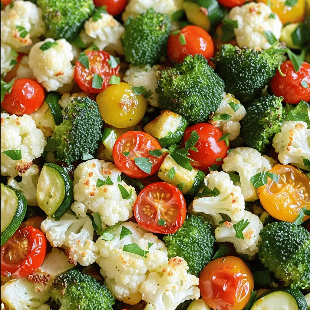 - 2 cups broccoli florets - 2 cups cauliflower florets - 1 cup cherry tomatoes, halved - 1 bell pepper (any color), diced - 1 medium zucchini, sliced - 1 medium red onion, sliced - 4 cloves garlic, minced - 3 tablespoons olive oil - 2 teaspoons mixed dried herbs (oregano, thyme, basil) - Salt and pepper to taste - Fresh parsley for garnish - Prep time: 15 minutes - Total time: 45 minutes - Servings: 4 Gather these fresh ingredients to make Garlic Herb Roasted Veggies. Use vibrant veggies that catch your eye. Each vegetable adds its own flavor and texture. The mix of broccoli and cauliflower gives a nice crunch. Cherry tomatoes add a pop of sweetness, while the bell pepper adds color. Zucchini keeps things light and tender, and red onion brings depth. For seasoning, garlic is a must. It gives that strong, bold flavor we love. Olive oil helps everything roast perfectly. The dried herbs bring a lovely aroma and taste. Salt and pepper enhance all the flavors. Finally, fresh parsley adds a bright finish. You can prep this in just 15 minutes. Then, roast them for about 25-30 minutes. This dish serves four, making it great for family meals or gatherings. Check out the Full Recipe for more details. You should preheat your oven to 425°F (220°C). This is important because the right temperature helps the veggies roast evenly. If the oven is not hot enough, the veggies may steam instead of roast. Roasting brings out their natural sweetness and flavor. Start by washing your vegetables well. Use cold water to remove dirt and grit. Next, cut them into uniform pieces. This ensures they cook at the same rate. For this dish, chop the broccoli and cauliflower into florets. Slice the zucchini and red onion. Dicing the bell pepper and halving the cherry tomatoes will add a nice pop of color. In a large bowl, combine all your chopped veggies. Take a small bowl and whisk together minced garlic, olive oil, dried herbs, salt, and pepper. Drizzle this mixture over the veggies. Toss everything well to coat every piece. This step is key to ensure that each bite bursts with flavor. Spread the coated veggies out on a baking sheet. Make sure they are in a single layer. This helps them roast evenly. You should roast them for about 25-30 minutes. Stir halfway through to ensure they brown nicely. When done, the veggies should be tender and slightly caramelized. Enjoy this simple yet flavorful dish as a side! To avoid sogginess, make sure your veggies are dry. After washing, pat them with a towel. Moisture leads to steaming, not roasting. Cut your vegetables into similar sizes. This helps them cook evenly. For even cooking, use a large baking sheet. Spread the veggies out in a single layer. Crowding them can trap steam. Stir the veggies halfway through cooking. This helps them brown nicely on all sides. You can add more herbs for extra flavor. Fresh thyme and rosemary work great. A sprinkle of red pepper flakes adds a nice kick. Try different spices like cumin or paprika for a twist. For alternative oils, consider avocado or grapeseed oil. These oils have high smoke points. They can give your veggies a unique taste. You can also mix oils for a richer flavor. To serve, place the veggies in a colorful dish. A white plate makes their colors pop. Garnish with fresh parsley or basil. A squeeze of lemon juice adds brightness. You can also serve with a dipping sauce. Hummus or yogurt dip pairs well. For a special touch, sprinkle with grated cheese. For the full recipe, check the detailed instructions above. {{image_2}} You can change the veggies based on the season. In summer, you can use fresh zucchini, bell peppers, and cherry tomatoes. In fall and winter, root veggies like carrots and sweet potatoes work great. They add sweetness and heartiness. You can mix and match your favorites. Try adding asparagus in spring or Brussels sprouts in winter. Each season brings new flavors. This recipe is easy to adapt for special diets. It is vegan and gluten-free. Just check the ingredients you use. For added protein, try chickpeas or lentils. They pair well with the veggies. You can also add nuts or seeds for a crunch. This way, you make your meal more filling and nutritious. You can roast or grill these veggies. Roasting gives them a nice caramelized flavor. Grilling adds a smoky touch. If you prefer a quicker method, use an air fryer. Cut the cooking time by about 5-10 minutes. Just ensure you check for tenderness. Each method brings out unique flavors, so try them all! For the full recipe, check out the detailed instructions above. To keep your garlic herb roasted veggies fresh, use the right storage method. Place any leftovers in airtight containers. This helps prevent moisture loss and keeps flavors intact. Store them in the fridge if you plan to eat them within a few days. For best taste, enjoy them within three to five days. When it's time to enjoy your leftovers, you have two main options: the microwave or the oven. For quick reheating, the microwave works well. Just place the veggies in a bowl and heat for a minute or two. Stir halfway to ensure even heating. If you prefer a crispy texture, use the oven. Preheat it to 350°F (175°C) and spread the veggies on a baking sheet. Heat for about 10 to 15 minutes until warm and slightly crisp. If you want to save your roasted veggies for later, freezing is a great option. First, let them cool completely. Spread the veggies in a single layer on a baking sheet. Freeze until solid, then transfer them to a freezer-safe bag or container. This method helps avoid clumping. When you're ready to use them, simply take out the amount you need. Thaw in the fridge overnight or use the microwave for a quick thaw. Enjoy your garlic herb roasted veggies whenever you want! For the complete recipe, check out the Full Recipe. Roasting time depends on the veggie type. Most veggies take about 25 to 30 minutes. For softer veggies like zucchini, check them at 20 minutes. Harder veggies like carrots may need a bit longer. Stir halfway through roasting for even cooking. They should be tender and slightly caramelized when done. Yes, you can use frozen vegetables. Frozen veggies are quick and easy. They can save time, but they may lack the crispiness of fresh. Fresh veggies have better flavor and texture. If using frozen, roast them for a shorter time. You want to avoid mushy results. These roasted veggies pair well with many dishes. Try serving them with grilled chicken or fish. They also go great with pasta or rice. For a vegetarian option, serve them over quinoa or in a salad. Their bold flavor enhances any meal. To add heat, sprinkle red pepper flakes over the veggies. You can also mix in diced jalapeños for a fresh kick. Another option is to use a spicy herb blend. Taste as you go to find your perfect heat level. Enjoy the extra flavor boost! This blog post detailed how to make Garlic Herb Roasted Veggies. We covered the right vegetables, seasonings, and steps to prepare them. I shared tips for perfect roasting and ideas for serving. You can easily adjust the recipe to fit your needs. Keep these points in mind as you try it out. Enjoy the process and the tasty results. You'll impress your family and friends with your cooking skills. Happy roasting!