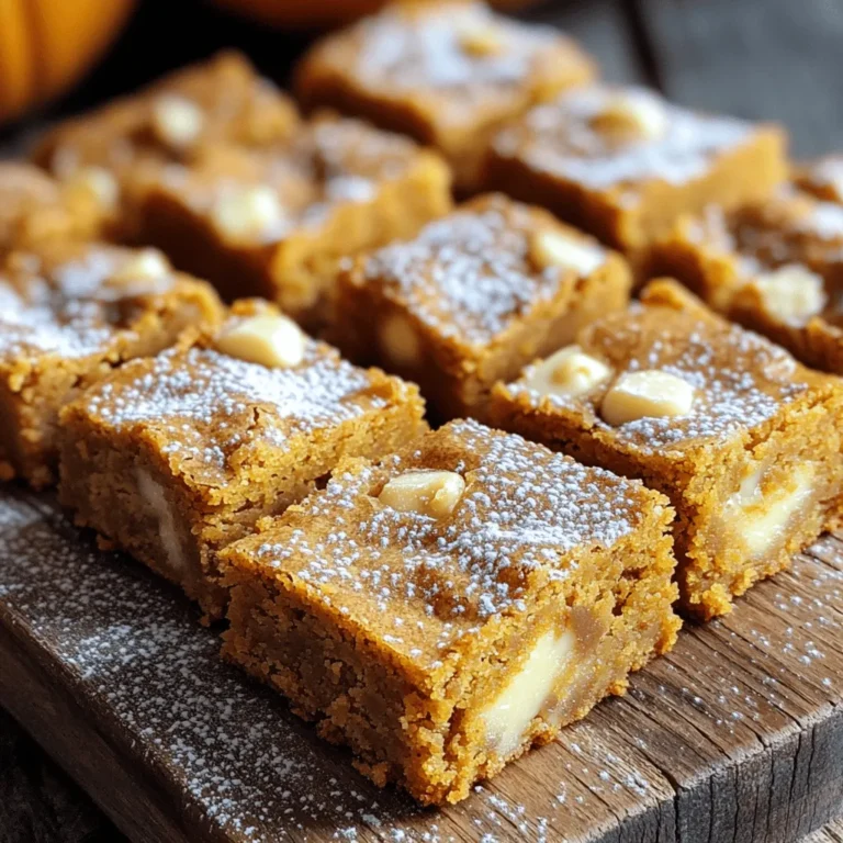 Gather these simple ingredients to make your Brown Butter Pumpkin Blondies: - 1 cup unsalted butter - 1 cup brown sugar - ½ cup granulated sugar - 2 large eggs - 1 cup pumpkin puree - 1 teaspoon vanilla extract - 2 cups all-purpose flour - 1 teaspoon baking powder - ½ teaspoon baking soda - ½ teaspoon salt - 1 teaspoon ground cinnamon - ½ teaspoon ground nutmeg - ½ teaspoon ground ginger - 1 cup white chocolate chips (or chopped walnuts) Each ingredient plays a role in creating rich flavors and a soft texture. The brown butter adds a nutty taste that pairs perfectly with pumpkin. Using both sugars gives a nice depth, while the spices bring warmth. You can choose white chocolate chips for sweetness or walnuts for crunch. For the full recipe, follow the steps outlined to create this delicious treat. Enjoy baking! - Preheat your oven to 350°F (175°C). Grease and line an 8x8-inch baking dish with parchment paper. - In a medium saucepan, melt 1 cup of unsalted butter over medium heat. Swirl it occasionally. Cook until it turns golden brown, about 5-7 minutes. The butter will smell nutty. Remove it from heat and let it cool slightly. - In a large mixing bowl, combine the brown butter, 1 cup of brown sugar, and ½ cup of granulated sugar. Mix well until fully combined. - Add 2 large eggs, 1 cup of pumpkin puree, and 1 teaspoon of vanilla extract to the sugar mixture. Whisk until smooth. - In another bowl, whisk together 2 cups of all-purpose flour, 1 teaspoon of baking powder, ½ teaspoon of baking soda, ½ teaspoon of salt, 1 teaspoon of ground cinnamon, ½ teaspoon of ground nutmeg, and ½ teaspoon of ground ginger. - Gradually add the dry ingredients to the wet mixture, stirring until just combined. Be careful not to overmix. - Fold in 1 cup of white chocolate chips or chopped walnuts, if you prefer. - Pour the batter into the prepared baking dish. Spread it evenly. - Bake for 25-30 minutes. Check doneness with a toothpick inserted in the center. It should come out clean, though a few moist crumbs are okay. - Allow the blondies to cool completely in the pan on a wire rack. Once cool, lift them out and cut into squares. For the full recipe, refer to the ingredients list above. To make your blondies shine, start with brown butter. Heat the butter until it turns golden brown. Swirl it gently in the pan. This step adds a nutty flavor that makes all the difference. Watch carefully to avoid burning. It should take about 5 to 7 minutes. Next, don’t overmix your batter. Mix just until you see no more dry flour. Overmixing makes the blondies tough. You want them soft and chewy. Trust me; less is more here. For a lovely presentation, dust your blondies with powdered sugar. A sprinkle of cinnamon on top adds warmth. Serve them warm for the best taste. Pairing these blondies with vanilla ice cream creates a dreamy dessert. The cold ice cream will melt slightly on the warm blondies, and it’s pure bliss. Be careful not to overbake your blondies. Check for doneness at 25 minutes. Insert a toothpick into the center. If it comes out clean or with few moist crumbs, they’re ready. Overbaking will dry them out, and no one wants that. Also, use room temperature ingredients. Cold eggs or butter can affect the batter's texture. Let your eggs sit out for a bit before mixing. This simple step helps create a uniform batter. For the Full Recipe, you can find all the details to create these delicious treats. {{image_2}} You can switch out sugars in this recipe. Try using coconut sugar or maple sugar. These options add a unique flavor. For butter, if you want a non-dairy choice, use coconut oil or vegan butter. Both work well and keep the blondies moist. Spices can lift the taste of your blondies. Consider adding allspice or cloves for a warm kick. You can also use different chocolates. Dark chocolate chips give a rich flavor. Milk chocolate offers a sweeter touch, while semi-sweet is a great middle ground. Get creative by adding nuts or dried fruits. Chopped pecans or walnuts bring crunch and texture. Dried cranberries or raisins add a sweet chewiness. You can also mix flavors, like adding orange zest for a citrus twist or a touch of espresso for depth. Check out the Full Recipe for more ideas! To keep your brown butter pumpkin blondies fresh, store them in an airtight container. This will keep the moisture in and the blondies soft. You can line the container with parchment paper to prevent sticking. If you have leftovers, avoid stacking them directly on top of each other. Instead, separate layers with parchment paper for best results. If you want to freeze your blondies, start by cutting them into squares. Place the pieces on a baking sheet lined with parchment. Freeze them for about an hour until firm. Then, transfer the squares to a freezer-safe bag or container. Squeeze out any air before sealing. To thaw, simply leave them in the fridge overnight. For a quick snack, you can microwave them for a few seconds. At room temperature, your blondies will last for about three days. After that, they may start to dry out. If you see any mold or change in smell, it's best to toss them. For longer storage, the freezer is your best friend. Brown Butter Pumpkin Blondies have a chewy texture. They feel soft and rich. They are not cakey like regular cake. The brown butter adds a nutty flavor that enhances the chewiness. You will love the contrast of the soft interior and slightly crisp edges. Yes, you can make these blondies ahead of time. Bake them and let them cool completely. Then, store them in an airtight container. They stay fresh for about five days at room temperature. If you want to keep them longer, freeze them. Just wrap them tightly in plastic wrap and then foil. Check your blondies by looking at the edges. They should look set and slightly golden. For a more precise test, use a toothpick. Insert it in the center of the blondies. If it comes out clean or with a few moist crumbs, they are done. Avoid overbaking, or they will become dry. To reheat blondies, use the oven or microwave. For the oven, set it to 350°F (175°C). Place the blondies on a baking sheet for about 5-10 minutes. For the microwave, heat them for 10-15 seconds. Check to ensure they don’t dry out. Enjoy them warm for the best flavor! For the Full Recipe, check the main section! Brown Butter Pumpkin Blondies are easy to make and taste amazing. We covered all the ingredients, preparation steps, and common mistakes to avoid. Plus, I shared tips for storage and fun flavor variations. Remember, browning the butter makes all the difference. When made right, these blondies will be your new favorite treat. Enjoy them warm, topped with ice cream or dusted with sugar. Happy baking!