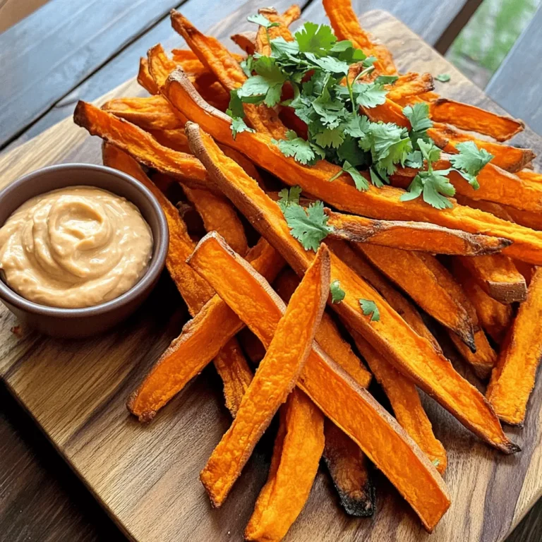 To make delicious sweet potato fries, gather these main ingredients: - 2 large sweet potatoes, peeled and cut into fries - 2 tablespoons olive oil - 1 teaspoon smoked paprika - 1 teaspoon garlic powder - Salt and pepper to taste These ingredients create the perfect blend of flavors and textures for your fries. The sweet potatoes provide natural sweetness, while smoked paprika adds depth. For the chipotle aioli, you will need: - 1 cup mayonnaise - 1-2 chipotle peppers in adobo sauce, finely minced - 1 tablespoon lime juice - 1 teaspoon cumin This aioli is creamy with a smoky kick. The chipotle peppers give it a spicy depth, making it a perfect dip for the fries. You can elevate your dish with these optional garnishes and spices: - Fresh cilantro, chopped (for garnish) Adding fresh cilantro brightens the dish and adds a pop of color. You can also sprinkle extra smoked paprika or lime zest for more flavor. For the full recipe, check out the [Full Recipe]. Start by peeling your sweet potatoes. Then, cut them into thin fries. Aim for uniform size so they cook evenly. Place the fries in a large bowl. Add 2 tablespoons of olive oil, 1 teaspoon of smoked paprika, and 1 teaspoon of garlic powder. Sprinkle salt and pepper to taste. Toss everything together until the fries are well coated. This step is key for flavor. Now, preheat your oven to 425°F (220°C). Line a baking sheet with parchment paper. Spread the sweet potato fries in a single layer on the sheet. Make sure they don’t touch to get crispy. Bake for about 25-30 minutes. Flip the fries halfway through for even cooking. They should turn golden and crispy. While the fries bake, prepare the chipotle aioli. In a mixing bowl, combine 1 cup of mayonnaise. Add 1 to 2 minced chipotle peppers in adobo sauce for heat. Squeeze in 1 tablespoon of lime juice and add 1 teaspoon of cumin. Mix well until smooth. Taste and adjust the heat by adding more chipotle if needed. This dip will take your fries to the next level. Once the fries are done, let them cool slightly. This helps them stay crispy. Serve your sweet potato fries hot with the chipotle aioli on the side. Garnish with chopped fresh cilantro for a nice touch. Enjoy this tasty treat! For the full recipe, check the details above. To make your sweet potato fries extra crispy, cut them evenly. Aim for a uniform thickness, around 1/4 inch. This helps them cook at the same rate. Toss them in olive oil and seasonings, then spread them out on a baking sheet. Avoid crowding the fries. This allows hot air to circulate and crisp them up. You can also soak the cut fries in water for 30 minutes before baking. This removes excess starch, which helps them get crispy. To save time, you can prep the sweet potatoes a day ahead. Cut them into fries and store them in a bowl of water in the fridge. This keeps them fresh and ready for cooking. You can also mix the aioli ingredients earlier. Just store it in an airtight container. This way, you can whip up this dish quickly when you’re ready to serve. A few tools can make your cooking journey smoother. Start with a good knife for cutting the sweet potatoes. A cutting board and a large bowl help with mixing. You’ll need a baking sheet lined with parchment paper for easy cleanup. A whisk or fork works well for mixing the aioli. Finally, having a spatula on hand helps you flip the fries halfway through baking. These tools ensure a fun and simple cooking experience. For the complete recipe, check out the Full Recipe. {{image_2}} You can change the flavor of your sweet potato fries with different seasonings. For a spicy kick, try adding cayenne pepper. If you like a hint of sweetness, mix in some cinnamon with your olive oil. You can also use Italian herbs like oregano or thyme for a fresh taste. Another option is to sprinkle some nutritional yeast for a cheesy flavor without dairy. These alternatives keep your fries exciting and tasty. The chipotle aioli is fantastic, but you can explore other flavors too. For a classic twist, use roasted garlic instead of chipotle. You could also mix in fresh herbs like basil or dill for a bright touch. If you enjoy a tangy flavor, add some Dijon mustard or a splash of vinegar. Each aioli flavor brings a new experience, making every dip special. Sweet potato fries with aioli are perfect for sharing. Set them out in a big bowl at your next party. You can also make a dipping station with different aioli flavors to please all guests. Consider pairing your fries with a fresh salad or a platter of veggies. This combo makes for a colorful and yummy spread. For a fun twist, serve the fries in small cones for a cute presentation. Remember, the key is to make it fun and inviting for everyone. Check out the Full Recipe for more ideas. If you have leftover sweet potato fries, store them in an airtight container. Let them cool before sealing to keep moisture out. They stay fresh for about 2-3 days in the fridge. If you want to enjoy them later, consider freezing them. Place fries in a single layer on a baking sheet. Once frozen, transfer them to a freezer bag. They can last up to 3 months! To bring back that crispy texture, reheat your fries in the oven. Preheat to 400°F (200°C). Spread the fries on a baking sheet in a single layer. Bake for about 10-15 minutes, flipping halfway through. This method helps avoid soggy fries. You can also use an air fryer for extra crunch! Set it to 350°F (175°C) and cook for about 5-7 minutes. Store leftover chipotle aioli in a sealed container in the fridge. It keeps well for about 1 week. If you want to add some depth, stir in a splash of lime juice before serving. This will keep the flavor fresh and bright. If you make a larger batch, consider freezing it in ice cube trays. Once frozen, transfer to a freezer bag. This way, you can use just what you need later. For the full recipe, check out the details above! Yes, you can use regular potatoes. Russet or Yukon Gold work well. They have a great texture and flavor. However, sweet potatoes add a unique sweetness. This sweetness pairs nicely with the smoky aioli. If you choose regular potatoes, adjust cooking time. Watch for golden color and crispiness. To make the aioli spicier, add more chipotle peppers. You can also mix in cayenne pepper or hot sauce. Start with a little. Taste as you go to find your perfect heat level. This way, you can control the spice. A little goes a long way, so be careful! Yes, you can easily make this recipe vegan. Swap mayonnaise for a plant-based version. There are many tasty options available. Use vegan mayo to keep the creamy texture. The rest of the recipe stays the same. You’ll still enjoy all the flavors and crunch! The best way to cut sweet potatoes is to slice them evenly. Aim for about 1/4 inch thick. This size helps them cook evenly. Start by cutting off the ends. Then, slice the potato lengthwise. Make long strips, then cut those into fries. Uniform size ensures perfect cooking every time. This blog post shared how to make tasty sweet potato fries and chipotle aioli. You learned the key ingredients and step-by-step instructions to create them. I offered tips for crispiness and ideas for variations to keep things fun. Storing leftovers was also covered, so you can enjoy them later. In the end, cooking these fries and aioli can bring joy to any meal. Use your creativity to explore flavors and enjoy every bite!