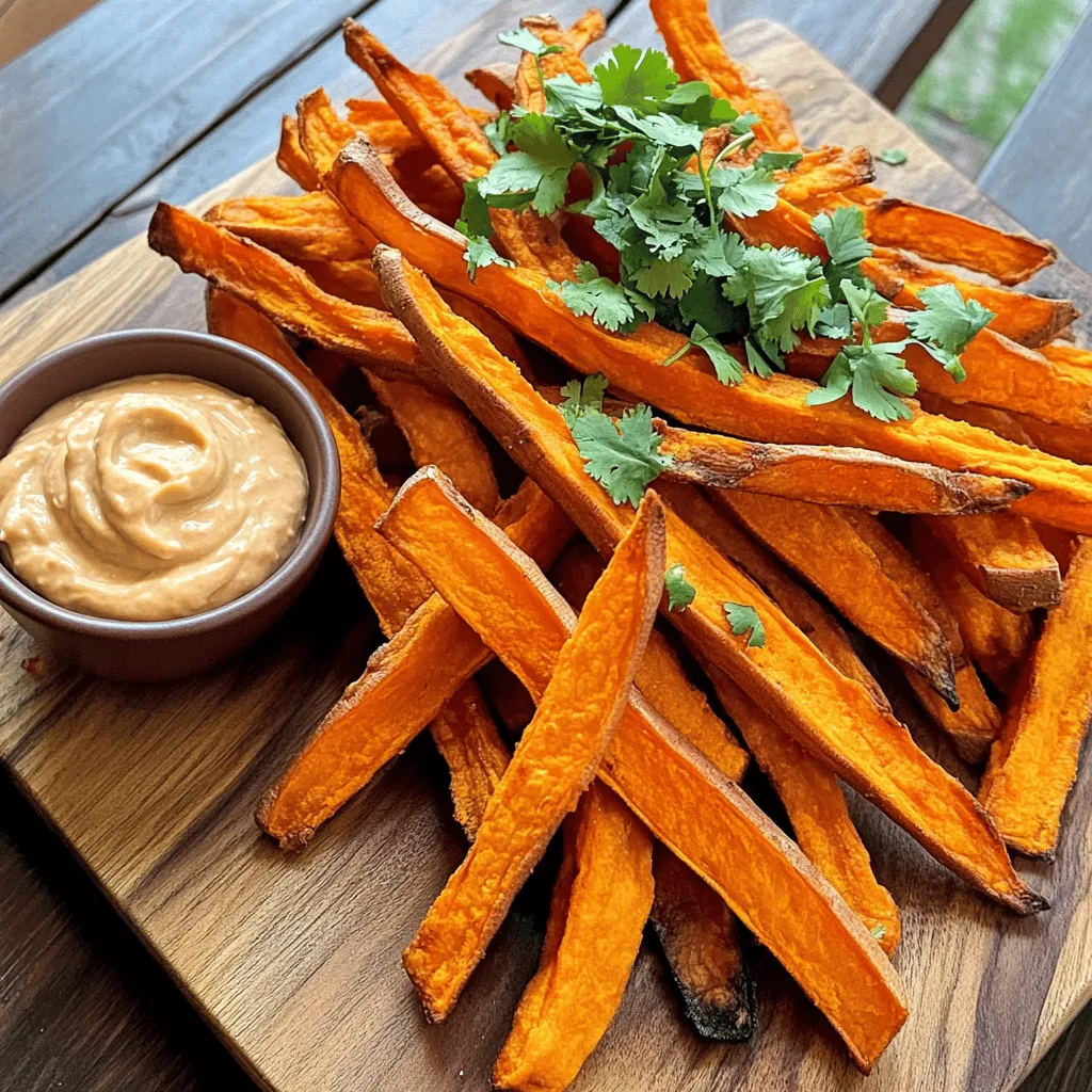 To make delicious sweet potato fries, gather these main ingredients: - 2 large sweet potatoes, peeled and cut into fries - 2 tablespoons olive oil - 1 teaspoon smoked paprika - 1 teaspoon garlic powder - Salt and pepper to taste These ingredients create the perfect blend of flavors and textures for your fries. The sweet potatoes provide natural sweetness, while smoked paprika adds depth. For the chipotle aioli, you will need: - 1 cup mayonnaise - 1-2 chipotle peppers in adobo sauce, finely minced - 1 tablespoon lime juice - 1 teaspoon cumin This aioli is creamy with a smoky kick. The chipotle peppers give it a spicy depth, making it a perfect dip for the fries. You can elevate your dish with these optional garnishes and spices: - Fresh cilantro, chopped (for garnish) Adding fresh cilantro brightens the dish and adds a pop of color. You can also sprinkle extra smoked paprika or lime zest for more flavor. For the full recipe, check out the [Full Recipe]. Start by peeling your sweet potatoes. Then, cut them into thin fries. Aim for uniform size so they cook evenly. Place the fries in a large bowl. Add 2 tablespoons of olive oil, 1 teaspoon of smoked paprika, and 1 teaspoon of garlic powder. Sprinkle salt and pepper to taste. Toss everything together until the fries are well coated. This step is key for flavor. Now, preheat your oven to 425°F (220°C). Line a baking sheet with parchment paper. Spread the sweet potato fries in a single layer on the sheet. Make sure they don’t touch to get crispy. Bake for about 25-30 minutes. Flip the fries halfway through for even cooking. They should turn golden and crispy. While the fries bake, prepare the chipotle aioli. In a mixing bowl, combine 1 cup of mayonnaise. Add 1 to 2 minced chipotle peppers in adobo sauce for heat. Squeeze in 1 tablespoon of lime juice and add 1 teaspoon of cumin. Mix well until smooth. Taste and adjust the heat by adding more chipotle if needed. This dip will take your fries to the next level. Once the fries are done, let them cool slightly. This helps them stay crispy. Serve your sweet potato fries hot with the chipotle aioli on the side. Garnish with chopped fresh cilantro for a nice touch. Enjoy this tasty treat! For the full recipe, check the details above. To make your sweet potato fries extra crispy, cut them evenly. Aim for a uniform thickness, around 1/4 inch. This helps them cook at the same rate. Toss them in olive oil and seasonings, then spread them out on a baking sheet. Avoid crowding the fries. This allows hot air to circulate and crisp them up. You can also soak the cut fries in water for 30 minutes before baking. This removes excess starch, which helps them get crispy. To save time, you can prep the sweet potatoes a day ahead. Cut them into fries and store them in a bowl of water in the fridge. This keeps them fresh and ready for cooking. You can also mix the aioli ingredients earlier. Just store it in an airtight container. This way, you can whip up this dish quickly when you’re ready to serve. A few tools can make your cooking journey smoother. Start with a good knife for cutting the sweet potatoes. A cutting board and a large bowl help with mixing. You’ll need a baking sheet lined with parchment paper for easy cleanup. A whisk or fork works well for mixing the aioli. Finally, having a spatula on hand helps you flip the fries halfway through baking. These tools ensure a fun and simple cooking experience. For the complete recipe, check out the Full Recipe. {{image_2}} You can change the flavor of your sweet potato fries with different seasonings. For a spicy kick, try adding cayenne pepper. If you like a hint of sweetness, mix in some cinnamon with your olive oil. You can also use Italian herbs like oregano or thyme for a fresh taste. Another option is to sprinkle some nutritional yeast for a cheesy flavor without dairy. These alternatives keep your fries exciting and tasty. The chipotle aioli is fantastic, but you can explore other flavors too. For a classic twist, use roasted garlic instead of chipotle. You could also mix in fresh herbs like basil or dill for a bright touch. If you enjoy a tangy flavor, add some Dijon mustard or a splash of vinegar. Each aioli flavor brings a new experience, making every dip special. Sweet potato fries with aioli are perfect for sharing. Set them out in a big bowl at your next party. You can also make a dipping station with different aioli flavors to please all guests. Consider pairing your fries with a fresh salad or a platter of veggies. This combo makes for a colorful and yummy spread. For a fun twist, serve the fries in small cones for a cute presentation. Remember, the key is to make it fun and inviting for everyone. Check out the Full Recipe for more ideas. If you have leftover sweet potato fries, store them in an airtight container. Let them cool before sealing to keep moisture out. They stay fresh for about 2-3 days in the fridge. If you want to enjoy them later, consider freezing them. Place fries in a single layer on a baking sheet. Once frozen, transfer them to a freezer bag. They can last up to 3 months! To bring back that crispy texture, reheat your fries in the oven. Preheat to 400°F (200°C). Spread the fries on a baking sheet in a single layer. Bake for about 10-15 minutes, flipping halfway through. This method helps avoid soggy fries. You can also use an air fryer for extra crunch! Set it to 350°F (175°C) and cook for about 5-7 minutes. Store leftover chipotle aioli in a sealed container in the fridge. It keeps well for about 1 week. If you want to add some depth, stir in a splash of lime juice before serving. This will keep the flavor fresh and bright. If you make a larger batch, consider freezing it in ice cube trays. Once frozen, transfer to a freezer bag. This way, you can use just what you need later. For the full recipe, check out the details above! Yes, you can use regular potatoes. Russet or Yukon Gold work well. They have a great texture and flavor. However, sweet potatoes add a unique sweetness. This sweetness pairs nicely with the smoky aioli. If you choose regular potatoes, adjust cooking time. Watch for golden color and crispiness. To make the aioli spicier, add more chipotle peppers. You can also mix in cayenne pepper or hot sauce. Start with a little. Taste as you go to find your perfect heat level. This way, you can control the spice. A little goes a long way, so be careful! Yes, you can easily make this recipe vegan. Swap mayonnaise for a plant-based version. There are many tasty options available. Use vegan mayo to keep the creamy texture. The rest of the recipe stays the same. You’ll still enjoy all the flavors and crunch! The best way to cut sweet potatoes is to slice them evenly. Aim for about 1/4 inch thick. This size helps them cook evenly. Start by cutting off the ends. Then, slice the potato lengthwise. Make long strips, then cut those into fries. Uniform size ensures perfect cooking every time. This blog post shared how to make tasty sweet potato fries and chipotle aioli. You learned the key ingredients and step-by-step instructions to create them. I offered tips for crispiness and ideas for variations to keep things fun. Storing leftovers was also covered, so you can enjoy them later. In the end, cooking these fries and aioli can bring joy to any meal. Use your creativity to explore flavors and enjoy every bite!