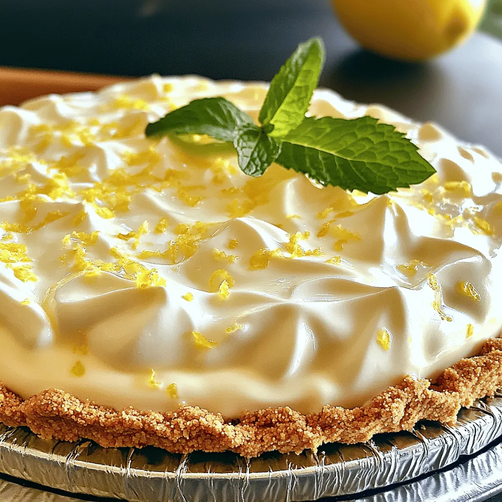 - 1 ½ cups graham cracker crumbs - ½ cup unsalted butter, melted - 1 cup sweetened condensed milk - ½ cup freshly squeezed lemon juice - 1 tablespoon lemon zest - 1 cup heavy whipping cream - ¼ cup powdered sugar - Fresh mint leaves for garnish (optional) To make a no-bake lemon icebox pie, you need simple and fresh ingredients. The graham cracker crumbs form a crunchy base. Unsalted butter binds the crumbs and adds richness. The sweetened condensed milk gives the pie its creamy texture and sweetness. Freshness is key, so use freshly squeezed lemon juice for the best flavor. Lemon zest enhances the lemon taste with its bright, tangy notes. The heavy whipping cream creates a light and fluffy filling when whipped. Powdered sugar sweetens the cream and helps it hold shape. Lastly, you can add fresh mint leaves on top for a pop of color. This pie is all about bright flavors and easy preparation. You can find the full recipe to explore each step in detail. To start, gather your graham cracker crumbs and melted butter. In a medium bowl, mix them well. You want the crumbs to soak up the butter. The mixture should feel like wet sand. Next, press this crumb mixture into the bottom and up the sides of a 9-inch pie pan. Make sure it is tight and even. After that, place the crust in the refrigerator. Let it chill while you make the filling. Now, let’s prepare the filling. In a separate bowl, combine the sweetened condensed milk, freshly squeezed lemon juice, and lemon zest. Whisk these ingredients together until they blend well. This mixture will be sweet and zesty. Next, grab another large bowl. Whip the heavy cream until soft peaks form. Then, slowly add the powdered sugar. Keep beating until you see stiff peaks. This step is key for a light filling. Finally, gently fold the lemon mixture into the whipped cream. Be careful not to deflate the whipped cream. Once the filling is ready, it’s time to assemble the pie. Pour the lemon filling into the chilled graham cracker crust. Use a spatula to smooth the top. Make it look nice and even. Now, cover the pie with plastic wrap. Place it back in the refrigerator for at least 4 hours. This allows it to set up well. When you’re ready to serve, you can garnish with fresh mint leaves if you like. For the full recipe, check out the instructions above. To make great whipped cream, start with cold tools. Use a cold bowl and beaters. This helps the cream whip better. Pour the heavy cream in the bowl. Beat on medium speed. Watch for soft peaks to form. This takes about two minutes. When you see soft peaks, slowly add the powdered sugar. Keep beating until stiff peaks form. Stop as soon as you see stiff peaks. Overbeating can turn cream into butter, which is a big mistake! For a bright taste, use both lemon juice and zest. A good ratio is one tablespoon of zest for every half cup of juice. This gives a fresh, zesty flavor. If you want to change it up, try using lime or orange instead of lemon. You can also swap sweetened condensed milk for coconut cream. This will add a light coconut flavor, which pairs well with lemon. When serving, think about how to make it pretty! You can add fresh mint leaves on top for color. Slices of lemon on the side also look great. For an extra treat, serve with vanilla ice cream or whipped cream. This adds a creamy touch that many will love. You can even pair it with a fruit salad for a light dessert. {{image_2}} You can easily change the flavor of your No-Bake Lemon Icebox Pie. Here are some fun ideas: - Adding different fruit flavors: Try using lime, orange, or even berry juice. Each fruit gives a new taste. Mix it up and find your favorite. - Incorporating herbs like basil or mint: Adding fresh herbs can give a surprising twist. Mint adds a cool flavor, while basil gives a warm touch. Just chop them finely and mix them right into the filling. The crust can also change based on your taste or diet. Here are some tasty options: - Using chocolate or cookie crust: A chocolate crust can add a rich taste. You can use crushed Oreos or chocolate graham crackers for a fun twist. - Gluten-free options: Use gluten-free graham crackers or almond flour to make a crust. Your pie will still taste amazing, and everyone can enjoy it. If you want a dairy-free pie, you can make some simple swaps: - Substituting with coconut cream: Replace heavy cream with coconut cream for a rich, creamy texture. It adds a lovely tropical note too. - Using non-dairy condensed milk alternatives: There are plenty of non-dairy options available now. Look for coconut or almond-based condensed milk. This keeps your pie sweet and delicious without dairy. Feel free to explore these variations to make your No-Bake Lemon Icebox Pie uniquely yours! For the complete recipe, check out the [Full Recipe]. To store your no-bake lemon icebox pie in the refrigerator, first, cover it tightly with plastic wrap. This keeps it fresh and prevents any odors from other foods getting in. Make sure to place it in the back of the fridge where it’s coldest. Your pie can last up to five days this way. To keep it fresh for longer, try not to slice into the pie until you're ready to serve. Each slice exposes the filling to air, which can dry it out. If you notice the top getting a bit crusty, you can add a dollop of whipped cream on each slice to help keep it moist. If you want to freeze your lemon icebox pie, you can do so easily. First, make sure the pie is fully set. Then, cover it tightly with plastic wrap, and wrap it again with aluminum foil. This double layer helps prevent freezer burn. You can freeze it for up to two months. When you're ready to enjoy your pie, take it out of the freezer and place it in the fridge to thaw overnight. For the best texture, avoid thawing it at room temperature. This technique helps preserve the creamy filling and keeps it from becoming too soft. No-Bake Lemon Icebox Pie lasts about 3 to 5 days in the fridge. To keep it fresh, cover the pie with plastic wrap or foil. This helps prevent it from absorbing odors. If you want to enjoy it longer, you can freeze it. Just make sure to wrap it tightly. When you’re ready to eat it, thaw it in the fridge overnight. The texture remains nice and creamy. Yes, you can use bottled lemon juice. However, fresh lemon juice gives a brighter taste. Bottled juice may have a different flavor due to preservatives. If you use bottled juice, try to pick one labeled "100% pure." This choice can still make your pie tasty, but fresh lemons really shine in this recipe. If you need a substitute for heavy cream, try using coconut cream. It has a similar texture and works well. Another option is to blend milk with butter. Mix ¾ cup of milk with ¼ cup of melted unsalted butter. This mix can mimic the richness of heavy cream. For a lighter version, use half-and-half, though it won’t whip up as thick. This blog post shared how to make a no-bake lemon icebox pie. We covered the key ingredients, step-by-step instructions, and helpful tips. You learned about variations and storing your pie for freshness. Now, enjoy your tasty treat and amaze your friends with your skills! This pie is full of flavor and easy to make. Have fun exploring different flavors and share your creations!