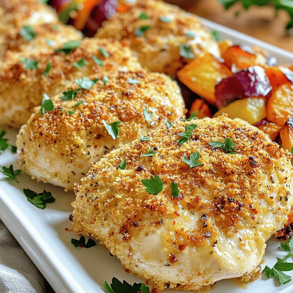 For Baked Parmesan Crusted Chicken, you need a few key items: - 4 boneless, skinless chicken breasts - 1 cup grated Parmesan cheese - 1 cup breadcrumbs (preferably panko for extra crunch) - 2 teaspoons garlic powder - 1 teaspoon dried oregano - 1 teaspoon paprika - 1/2 teaspoon salt - 1/2 teaspoon black pepper - 1/4 cup mayonnaise - 2 tablespoons lemon juice - Fresh parsley for garnish (optional) You might not have every ingredient at home. Here are some easy swaps: - Use regular breadcrumbs instead of panko if needed. - Greek yogurt can replace mayonnaise for a tangy taste. - Any dried herb can work instead of oregano. - You can use lime juice instead of lemon juice. Having the right tools makes cooking easier. Here is what I suggest: - A shallow bowl for mixing the cheese and breadcrumbs. - Another bowl for the mayo and lemon juice. - A baking sheet lined with parchment paper to avoid sticking. - A meat thermometer to check the chicken’s doneness. - A spatula for easy transfer of chicken to the baking sheet. This recipe is simple and fun! You can easily follow the Full Recipe for more details. To start, gather your chicken breasts. You want them to be boneless and skinless. Rinse the chicken under cool water. Pat each piece dry with a paper towel. This helps the coating stick better. Next, preheat your oven to 375°F (190°C) and line a baking sheet with parchment paper. This step makes cleaning easier later. In a shallow bowl, mix the grated Parmesan cheese, breadcrumbs, garlic powder, oregano, paprika, salt, and black pepper. Stir until the dry mix is well combined. In another bowl, combine mayonnaise and lemon juice. This mix helps the crust stick and keeps the chicken moist. Now, take each chicken breast and dip it in the mayo mix. Make sure each side is coated. After that, press the chicken into the cheesy breadcrumb mix. Cover it completely. Place the coated chicken breasts on your lined baking sheet. Make sure they are spaced apart. This allows even cooking. Bake them in your preheated oven for 25 to 30 minutes. The goal is to reach an internal temperature of 165°F. The crust should be golden brown and crispy. Once done, remove the chicken from the oven. Let it rest for five minutes before serving. This step makes it juicier when you cut into it. For more details, check the Full Recipe. To get that crunchy, golden crust, use panko breadcrumbs. They create a better texture. Mix the breadcrumbs with Parmesan cheese and spices well. This makes every bite flavorful. Make sure to coat the chicken fully in the mayo mix first. This helps the crust stick nicely. Press the chicken into the breadcrumb mix firmly. You want it to have a thick layer for crunch. One big mistake is not preheating the oven. A hot oven helps the chicken cook evenly. Another mistake is not using enough seasoning. The spices in the breadcrumb mix add flavor. If you skip or skimp on them, the dish will taste flat. Avoid overcrowding the baking sheet too. Give each piece space to cook and crisp up. To check if your chicken is done, use a meat thermometer. Insert it into the thickest part of the chicken. It should read 165°F (75°C). If you don't have a thermometer, cut into the chicken. The juices should run clear, not pink. Let the chicken rest for five minutes after baking. This helps keep it juicy and tender. For more details on the recipe, check the Full Recipe. {{image_2}} To add a twist, try an Italian herb mix. Combine dried basil and thyme with the Parmesan and breadcrumbs. This mix adds a fresh taste to the chicken. You can also add crushed red pepper flakes for extra flavor. This variation will transport your taste buds to Italy! If you like heat, this version is for you. Add cayenne pepper to the breadcrumb mix. A teaspoon will do, but adjust to your spice preference. You can also switch out the paprika for smoked paprika for a deeper flavor. This spicy touch makes every bite exciting. For a low-carb meal, replace breadcrumbs with almond flour. Use the same amount, and mix it with Parmesan cheese and spices. Almond flour creates a crunchy texture while keeping carbs low. This option suits keto diets without giving up on flavor. Explore these variations to make your Baked Parmesan Crusted Chicken even more delightful. For more detailed guidance, check out the Full Recipe. After you enjoy your Baked Parmesan Crusted Chicken, store any leftovers in an airtight container. This keeps the chicken fresh and tasty. Make sure to let the chicken cool completely before sealing it. You can keep it in the fridge for up to three days. The chicken may lose some crispiness, but it will still be delicious. To reheat the chicken, preheat your oven to 350°F (175°C). Place the chicken on a baking sheet lined with parchment paper. Bake for about 10-15 minutes. Check that it heats all the way through. This method helps keep the crust crispy. You can also use a microwave, but the crust may become softer. If using the microwave, heat in short bursts to avoid overcooking. If you want to save some for later, freezing is a great option. First, let the chicken cool completely. Wrap each piece tightly in plastic wrap or foil. Place the wrapped chicken in a freezer bag. Label the bag with the date. You can freeze the chicken for up to three months. To reheat, thaw in the fridge overnight before using the oven again. For the best taste, I recommend eating it fresh or refrigerated. You can find the Full Recipe for more details. You can pair Baked Parmesan Crusted Chicken with many sides. I love serving it with roasted vegetables. Carrots, broccoli, and zucchini work great. A fresh green salad also complements the dish well. For a heartier meal, try mashed potatoes or rice. These sides balance the crunchy chicken nicely. You can even add a simple garlic bread for extra flavor. Yes, you can use chicken thighs. They add a rich flavor and stay moist. Just adjust the cooking time. Thighs may take a bit longer to cook. Ensure they reach an internal temperature of 165°F. This way, you keep all the tasty juices inside. Feel free to experiment with your favorite chicken cuts. Leftovers can last up to four days in the fridge. Make sure to place them in an airtight container. This keeps them fresh and tasty. You can also freeze the chicken for up to three months. Just wrap it well in plastic wrap or foil. When ready to eat, thaw it in the fridge overnight. Then, reheat it in the oven for the best crispiness. Enjoy your meal! In this article, we covered the key ingredients and tools for baked Parmesan crusted chicken. We provided step-by-step instructions and shared tips for perfect results. You learned about variations to suit your taste and how to store leftovers. Baking chicken can be simple and fun. With these tips, you can create a tasty dish that everyone will enjoy. Happy cooking!