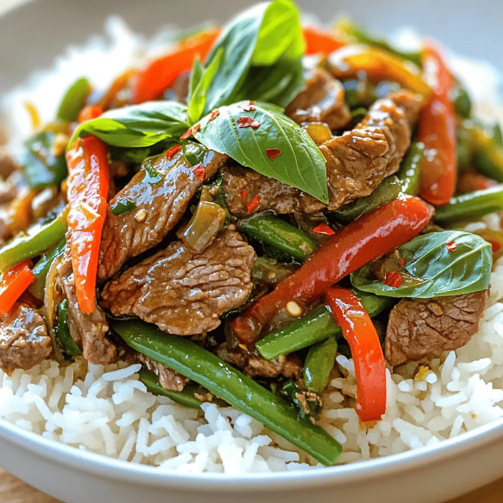 Here’s what you need for Thai Basil Beef Stir-Fry: - 1 lb (450g) beef sirloin, thinly sliced - 2 cups fresh basil leaves (Thai basil preferred) - 1 red bell pepper, sliced - 1 cup green beans, trimmed and cut into 2-inch pieces - 4 cloves garlic, minced - 2 tablespoons fish sauce - 1 tablespoon soy sauce - 1 tablespoon oyster sauce - 1 teaspoon sugar - 1 tablespoon vegetable oil - 1 teaspoon crushed red pepper flakes (adjust to taste) - Steamed jasmine rice (for serving) If you can't find something, don’t worry! Here are some swaps: - For beef sirloin, try flank steak or chicken. - You can use regular basil if Thai basil is hard to find. - Swap green beans with snap peas or broccoli florets. - Use tamari or coconut aminos instead of soy sauce for a gluten-free option. When you shop, look for fresh, vibrant colors. - Choose beef that is bright red and firm to the touch. - Fresh basil should smell fragrant and have no wilting leaves. - Bell peppers should feel firm and shiny, without blemishes. - Green beans should snap easily and look bright green. These tips help ensure your stir-fry tastes great. Check out the Full Recipe for more details! To start, you need to marinate the beef. Take 1 pound of thinly sliced beef sirloin. In a bowl, mix the beef with 2 tablespoons of fish sauce, 1 tablespoon of soy sauce, 1 tablespoon of oyster sauce, and 1 teaspoon of sugar. This mix gives the beef amazing flavor. Let the beef sit for about 15 minutes. This helps it soak up the taste. While the beef marinates, you can prepare the vegetables. Slice 1 red bell pepper into thin strips. Trim the ends of 1 cup of green beans and cut them into 2-inch pieces. Next, mince 4 cloves of garlic. Fresh garlic adds a great taste. Keep the vegetables ready for the stir-fry. Now it's time to cook! Heat 1 tablespoon of vegetable oil in a large skillet or wok over medium-high heat. Wait until the oil is hot and shimmering. Add the minced garlic and sauté for about 30 seconds. You want it fragrant but not burned. Increase the heat to high and add the marinated beef. Stir-fry it for 2-3 minutes until the beef turns brown but stays tender. Next, toss in the sliced bell pepper and green beans. Stir-fry for another 2-3 minutes until the vegetables are crisp-tender. For a spicy kick, sprinkle 1 teaspoon of crushed red pepper flakes over the stir-fry. Finally, add the fresh basil leaves. Stir-fry just until the basil wilts, which takes about 1 minute. Remove from heat and serve it hot over steaming jasmine rice. Enjoy your flavorful Thai Basil Beef Stir-Fry! For the full recipe, check the complete list above. To get great texture, start with hot oil. Heat your skillet or wok until it shines. Add the garlic first and let it sizzle. Then, add the beef quickly. Don’t overcrowd the pan; this keeps the beef from steaming. Stir-fry in small batches if needed. This method keeps the beef juicy and tender. Seasoning is key in Thai basil beef stir-fry. Use fish sauce, soy sauce, and oyster sauce for depth. Each adds a unique flavor. Taste as you cook. If you like it sweeter, add a pinch of sugar. For heat, adjust the crushed red pepper flakes. The goal is to create a balanced dish that sings with flavor. One common mistake is overcooking the beef. It should be browned but still tender. Another mistake is not using enough sauce. The sauce gives flavor and moisture. Lastly, don’t skip the basil. It adds freshness and aroma. For the full recipe, refer back to the cooking instructions. {{image_2}} You can easily make this dish vegetarian or vegan. Replace the beef with tofu or tempeh. Use soy sauce or tamari instead of fish sauce. Add more colorful veggies like carrots or mushrooms. This way, you keep the flavor and make it plant-based. Even without meat, it stays tasty and satisfying. If you want to switch proteins, try chicken or shrimp. Thinly slice chicken breast for a similar cook time. Shrimp cooks quickly, about 2-3 minutes. For a fun twist, use seitan for a meaty texture. Each option brings a unique taste to the dish. To change the spice level, start with fewer crushed red pepper flakes. You can always add more if you like it hot. For a milder flavor, omit the flakes and use sweet bell peppers. If you love heat, add fresh chilies or a dash of hot sauce. Adjust to your taste for the perfect kick. After your meal, let the Thai basil beef cool down. Use an airtight container to keep the leftovers. This helps maintain their flavor and freshness. Store them in the fridge for up to three days. If you have a lot, divide into smaller portions. This way, it’s easier to reheat just what you need. To reheat, use a skillet over medium heat. Add a splash of water or broth to keep it moist. Stir often to ensure even heating. You can also use the microwave. Place it in a microwave-safe dish, cover it, and heat for one to two minutes. Check if it’s hot throughout before eating. If you want to store it longer, freezing is a great option. Place the leftovers in a freezer-safe container. Make sure to leave some space for expansion. Label the container with the date. You can freeze it for up to three months. When ready to eat, thaw it overnight in the fridge. Then, reheat as mentioned above. Enjoy your Thai basil beef stir-fry again! You can serve Thai Basil Beef Stir-Fry with steamed jasmine rice. This rice soaks up the sauce well. You may also add a side of fresh cucumber salad. This salad adds a nice crunch and coolness. Another option is a simple stir-fried vegetable mix. Broccoli, carrots, and snap peas work great here. Yes, you can make this dish ahead of time. Cook the beef and vegetables, then store them in the fridge. Just keep the basil separate until you serve it. The basil wilts quickly and loses flavor. You can reheat the dish on the stove or in the microwave when ready to eat. The beef should be browned on the outside but still tender. It should take about 2-3 minutes to cook. Use a thin slice to check the center. It should not be pink. If it is, cook it for another minute or two. Always aim for a temperature of 145°F (63°C) for safety. In this blog post, I covered key elements for making a tasty Thai Basil Beef Stir-Fry. You learned about essential ingredients, cooking steps, and tips for perfect seasoning. I shared ways to make it vegetarian, suggested protein swaps, and outlined storage methods. Remember, fresh ingredients make a big difference. Experiment with flavors and enjoy your dish. With these tips, you can create a delicious meal that pleases everyone. Happy cooking!