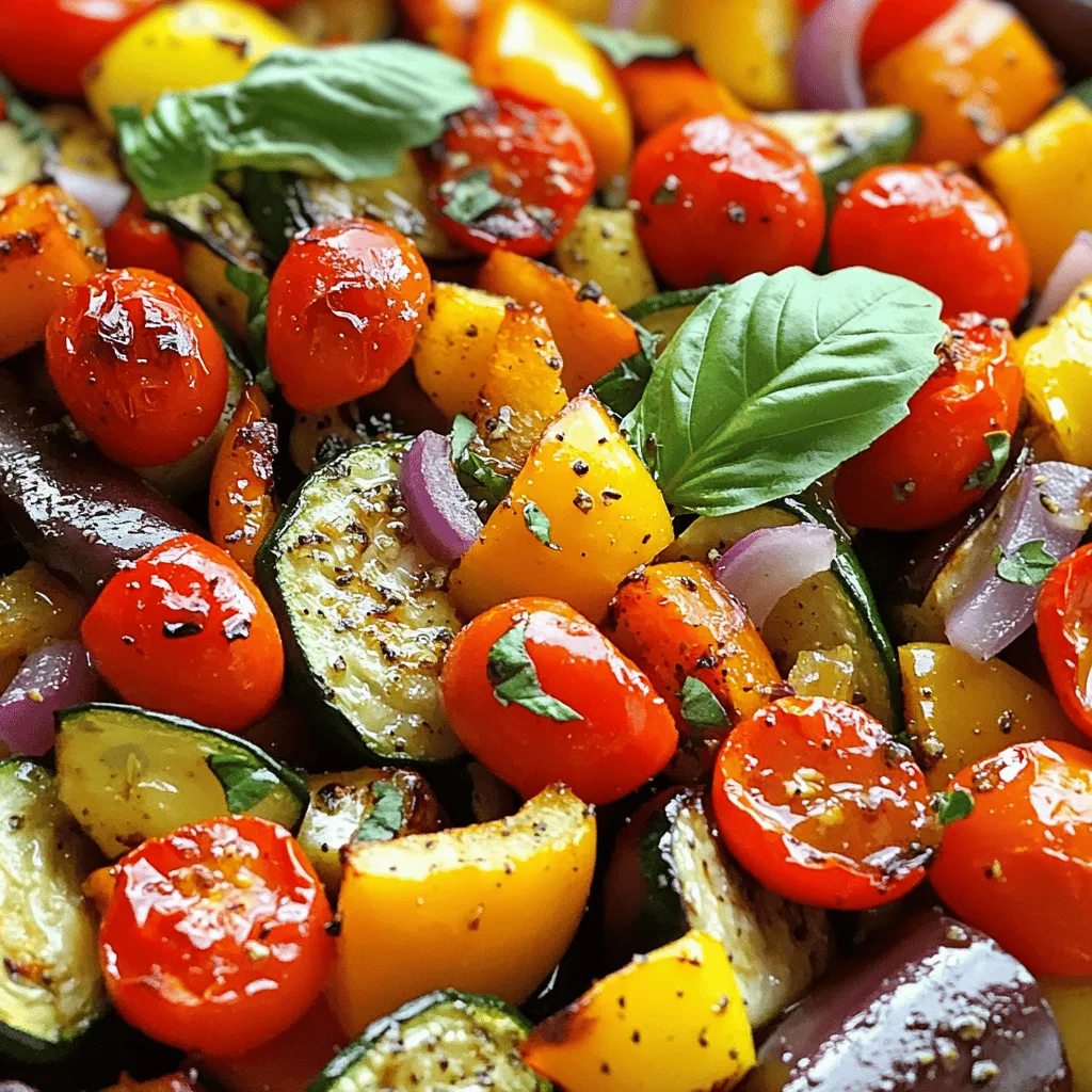 To make simple roasted veggies, gather these key ingredients: - 1 bell pepper (red, yellow, or orange), chopped - 1 medium zucchini, sliced - 1 medium eggplant, diced - 1 cup cherry tomatoes, halved - 1 red onion, chopped - 3 cloves garlic, minced - 3 tablespoons olive oil - 1 teaspoon dried oregano - 1 teaspoon smoked paprika - Salt and pepper to taste - Fresh basil leaves, for garnish These ingredients combine to create a colorful and tasty dish. The bell pepper adds sweetness, while the zucchini brings a nice crunch. Eggplant gives a rich flavor, and cherry tomatoes burst with juice. Garlic adds depth, and spices make everything pop. Using seasonal veggies boosts taste and freshness. In spring, try asparagus or peas. Summer is perfect for fresh corn or green beans. In fall, use butternut squash or sweet potatoes. For winter, consider root veggies like carrots or parsnips. These choices will keep your roasted veggies exciting and flavorful. If you have allergies, there are easy swaps. For gluten-free, all ingredients work well. If you avoid garlic, use onion powder for flavor. Need a nut-free option? Olive oil is safe and healthy. For a vegan option, this recipe is naturally vegan. You can modify it to fit your needs without losing taste. Check out the Full Recipe for more details on making this dish. To start, gather your ingredients. You need: - 1 bell pepper (red, yellow, or orange), chopped - 1 medium zucchini, sliced - 1 medium eggplant, diced - 1 cup cherry tomatoes, halved - 1 red onion, chopped - 3 cloves garlic, minced - 3 tablespoons olive oil - 1 teaspoon dried oregano - 1 teaspoon smoked paprika - Salt and pepper to taste - Fresh basil leaves, for garnish First, preheat your oven to 425°F (220°C). This step is crucial for even cooking. In a large bowl, mix the bell pepper, zucchini, eggplant, cherry tomatoes, red onion, and garlic. Make sure to chop them into similar sizes for even roasting. Next, drizzle the olive oil over the veggies. Sprinkle the dried oregano, smoked paprika, salt, and pepper on top. Toss well until every piece is coated. This helps the flavors blend together. Now, spread the vegetable mix in a single layer on a baking sheet lined with parchment paper. This keeps them from sticking and makes for easy cleanup. Roast in the preheated oven for 20-25 minutes. Check halfway through and stir the veggies. This ensures they cook evenly and get that nice caramelization. You want them to be tender but not mushy. Once your veggies are roasted, take them out and let them cool for a few minutes. They are best served warm. I love to garnish with fresh basil leaves for a pop of color and flavor. You can enjoy them alone or as a side dish. They pair well with grilled meats or tossed in pasta. For the full recipe, refer to the instructions above. The best oven temperature for roasting veggies is 425°F (220°C). This heat helps the veggies cook well. Higher temps can burn them, while lower temps can make them soggy. Always preheat your oven. This step ensures even cooking. Cooking times vary for each veggie. Here’s a quick guide: - Bell Peppers: Roast for 20-25 minutes. They soften nicely. - Zucchini: Takes about 15-20 minutes. Watch for a tender bite. - Eggplant: Needs 25-30 minutes. It becomes creamy and rich. - Cherry Tomatoes: Only need 10-15 minutes. They burst with flavor. - Red Onion: Cook for 20-25 minutes. It sweetens and softens. Always stir halfway through to cook evenly. To get crisp veggies, follow these tips. First, cut veggies into uniform sizes. This helps them cook at the same rate. Second, don’t overcrowd the baking sheet. Leave space for air to circulate. Third, use enough oil. A light coat keeps them from drying out. Finally, let them roast without stirring too often. This gives them that nice, crispy edge. For a full recipe, check the Colorful Roasted Veggie Medley. {{image_2}} You can boost the flavor of roasted veggies in many ways. Try adding fresh herbs. Chopped parsley, thyme, or rosemary can make a big difference. You can also use different spices. A pinch of cayenne pepper adds heat, while curry powder gives warmth. For more umami, consider adding soy sauce or balsamic vinegar. These simple changes will make your dish pop and taste fresh. Mixing veggies can create exciting flavors and colors. For a sweet taste, pair carrots with sweet potatoes. For a crunchy texture, add Brussels sprouts with bell peppers. You can also try a Mediterranean twist by using zucchini, eggplant, and tomatoes. Each combination brings a new experience to the table. Explore what you like best! You can take your roasted veggies to new places. Try a Mexican style by adding corn and black beans, topped with lime juice. For an Italian flair, use Italian herbs and add olives. An Asian twist can come from sesame oil and soy sauce with your veggies. Each culture offers unique flavors that will spark your creativity in the kitchen. For a full recipe, check out the Colorful Roasted Veggie Medley. After enjoying your roasted veggies, let them cool. Place the leftovers in an airtight container. This keeps them fresh in the fridge for up to three days. If you want to enjoy them later, storage is key. A good seal prevents moisture and keeps flavors intact. To reheat your roasted veggies, use the oven for the best texture. Preheat it to 350°F (175°C). Spread the veggies on a baking sheet. Heat them for about 10-15 minutes until hot. If you're in a hurry, you can use the microwave. Just warm them in 30-second intervals. Freezing is a great option for long-term storage. First, let the veggies cool completely. Then, spread them out on a baking sheet. Freeze them for about an hour. Once frozen, transfer them to a freezer bag. This method prevents clumping. You can keep them in the freezer for up to three months. When you're ready to use them, just roast from frozen or thaw in the fridge overnight. For more details, check the Full Recipe. To keep your veggies crisp, start with a hot oven, around 425°F (220°C). Cut your vegetables into even sizes. This helps them cook evenly. Use a large baking sheet, allowing space between each piece. If they touch, they steam, which makes them soggy. Try to keep them in a single layer. Toss them halfway through cooking for even browning. Some great choices are bell peppers, zucchini, eggplant, and cherry tomatoes. These veggies cook well together and share similar cooking times. You can also add red onions and garlic for extra flavor. Feel free to mix in seasonal veggies like carrots or Brussels sprouts as well. Just remember, keep the sizes even for best results. Seasoning is key to tasty roasted veggies. Start with olive oil to help the spices stick. Use salt and pepper for the basics. Add dried herbs like oregano for depth. Smoked paprika gives a nice smokey taste. You can also try garlic powder or onion powder for extra flavor. Fresh herbs like basil or parsley are great to add after cooking. This adds a fresh touch to your dish. Check out the Full Recipe for more tips! In this post, we explored the key ingredients and steps for roasting veggies. We discussed essential ingredients, seasonal finds, and substitutions for allergies. I shared clear instructions, tips for perfect roasting, and fun variations to try out. Storing and reheating leftovers was also included for your convenience. Take these ideas and make roasting vegetables fun and easy. Enjoy delicious flavors that fit your taste and your diet. Happy cooking!
