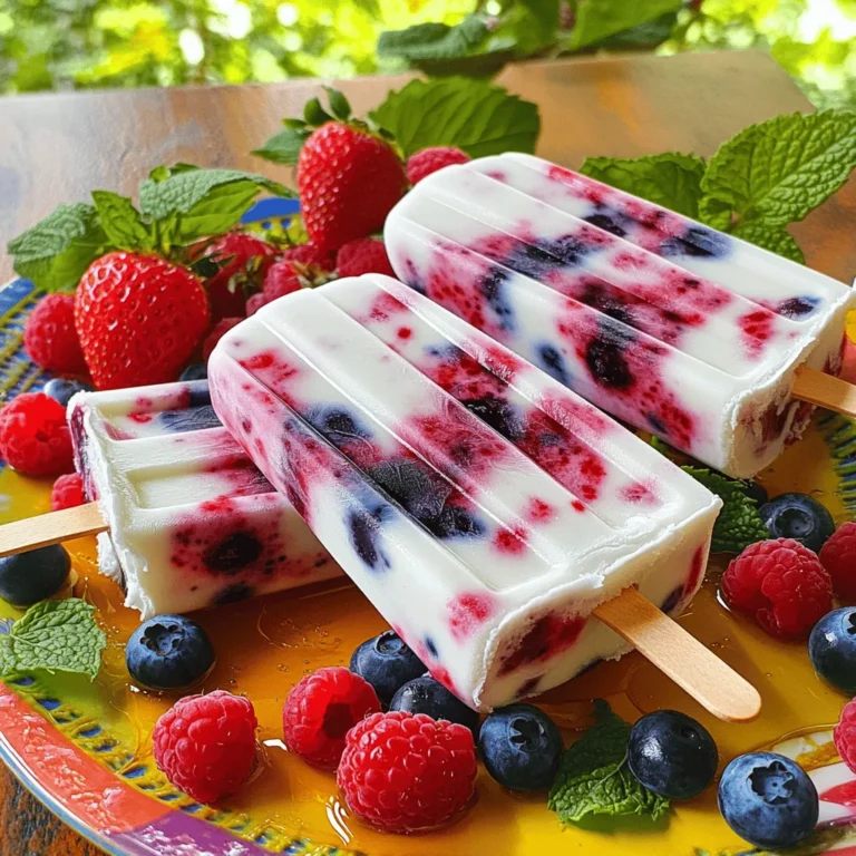 When making berry yogurt popsicles, the main ingredient is Greek yogurt. You can choose between plain or vanilla. Plain Greek yogurt offers a tangy flavor, while vanilla adds a touch of sweetness. Both options work well, but I lean towards vanilla for a richer taste. Next, let's talk about the berries. I love using a mix of strawberries, blueberries, and raspberries. Each berry brings its unique flavor and color. Strawberries offer sweetness, blueberries add a mild tartness, and raspberries provide a lovely burst of flavor. Feel free to experiment with your favorite berries! For sweeteners, I often use honey or maple syrup. Honey gives a floral note, while maple syrup adds a hint of earthiness. You can adjust the amount based on your taste. Both options are natural and delicious! Adding a teaspoon of vanilla extract enhances the flavor. It makes the popsicles taste even better. The vanilla pairs well with the yogurt and berries, creating a creamy, dreamy treat. To make these popsicles, you'll need some kitchen tools. First, I recommend using popsicle molds. They come in various shapes and sizes, so choose what you like best. You'll also need a blender or food processor. This helps mix the berries smoothly. If you want some berry chunks, just blend lightly. It’s fun to see the different colors and textures in each popsicle! For the full recipe, you can check the Full Recipe section. Enjoy your summer treat! To start, you need to blend the berries right. I use a blender for this. Add the mixed berries and honey or maple syrup. Blend until smooth but keep some small berry chunks. This gives your popsicles great texture. Next, mix the yogurt. In a bowl, combine Greek yogurt, vanilla extract, and a pinch of salt. Stir until it’s creamy and well-blended. This mixture will be the base of your popsicles. For a marbled effect, take half of the berry mixture. Gently swirl it into the yogurt mixture. This creates a beautiful look. When filling your molds, alternate layers of yogurt and the remaining berry puree. This adds color and taste. Be careful not to overfill to prevent spills. Leave a little space at the top of each mold. Now, it’s time to freeze. Place the molds in the freezer. The ideal freezing time is at least 4 to 6 hours. This makes sure your popsicles are solid. To remove the popsicles, run warm water over the outside of the molds. This helps them slide out easily. Serve your popsicles right away for a refreshing treat! For the complete recipe, check out the Full Recipe section. To make creamy yogurt popsicles, use full-fat Greek yogurt. It gives a rich and smooth feel. Blend the yogurt well with the other ingredients. You want it to be creamy, not watery. To keep berry chunks, blend the mixed berries until smooth, but do not over-blend. Leave some small pieces. This adds a nice bite and burst of flavor in every lick. For an inviting look, serve the popsicles on a colorful platter. Bright colors make them more fun. You can add fresh mint leaves on top for a pop of green. This little touch makes the dish look fancy. Try adding extra berries around the popsicles. This gives a fresh look and shows off the ingredients. You can even drizzle a bit of honey over for added sweetness. If your popsicles won’t come out, run warm water on the outside of the molds. This helps loosen them. You can also try twisting the sticks gently. If they taste too sweet, adjust the sweetness next time. Use less honey or maple syrup. You can also add a squeeze of lemon juice. This gives a nice balance to the sweetness. For the full recipe, refer to the Berry Bliss Yogurt Popsicles section. {{image_2}} You can easily change up the flavor of your berry yogurt popsicles. Try adding other fruits like banana or mango. These fruits add natural sweetness and a creamy texture. You can also mix in granola for a fun crunch. This makes each bite exciting and adds a new layer of flavor. If you want to make these popsicles vegan-friendly, use coconut yogurt instead of Greek yogurt. Coconut yogurt is just as creamy and delicious. You can also switch out honey or maple syrup for sugar alternatives like agave nectar or stevia. This way, you keep your treats sweet and healthy. Seasonality plays a big role in flavor. In spring and summer, use strawberries, blueberries, and raspberries. In fall, consider using apples or pears blended into the mix. In winter, frozen berries work great too! You can adapt the recipe to include other flavor profiles, like citrus fruits or even chocolate. This keeps your popsicles fresh and fun all year round. For more on making these popsicles, check the Full Recipe. To store your berry yogurt popsicles, place them in an airtight container. This keeps them fresh and tasty. If you don’t have a container, wrap the molds tightly in plastic wrap. Make sure you seal them well to prevent air from getting in. To avoid freezer burn, do not leave popsicles in the freezer for too long. Cover them completely. You can also add a layer of parchment paper between popsicles for extra protection. You can keep popsicles in the freezer for about two months. After that, their taste may change. If you see ice crystals or a dry surface, the popsicles may be past their prime. They might still be safe to eat, but they won’t taste as good. Cleaning your popsicle molds is easy. Just wash them with warm soapy water. Rinse well and let them dry completely. This helps prevent any leftover flavors from mixing into your new popsicles. You can use leftover ingredients in fun ways. If you have extra berry mix, try adding it to smoothies or yogurt bowls. You can also freeze it in ice cube trays for tasty ice cubes. These can brighten up your drinks on hot days. For the full recipe, check out the Berry Bliss Yogurt Popsicles. Yes, you can use frozen berries. Frozen berries are often picked at peak ripeness, which means they have great flavor. They make prep easy since you don’t need to wash or chop them. Just toss them in the blender straight from the freezer. However, be aware that frozen berries may make your mixture a bit watery. You can solve this by draining excess juice before blending. These popsicles last about two months in the freezer. After that, they may lose their flavor or texture. For the best taste, enjoy them within that time frame. Always keep them in an airtight container to prevent freezer burn. Yes! You can skip added sugar. Instead, use ripe bananas or dates for natural sweetness. These options add flavor without extra sugar. You can also use unsweetened applesauce as a sweetener. Adjust the amount to match your taste. If you need a dairy-free option, try coconut yogurt or almond yogurt. Both have a creamy texture. They work well in this recipe and keep the pops cool and refreshing. Just make sure to choose unsweetened varieties for the best flavor. You can also use regular yogurt if you prefer. For the full recipe, check out the Berry Bliss Yogurt Popsicles section. Making tasty yogurt popsicles is simple and fun. We explored key ingredients, like Greek yogurt and berries. You learned about mixing, layering, and freezing techniques. I shared tips to enhance flavor and texture and how to fix common issues. You can enjoy endless variations, from fruit mixes to dietary swaps. Remember to store them right for the best taste. Now you can create delicious popsicles all summer long! Enjoy the process, and let your creativity shine!