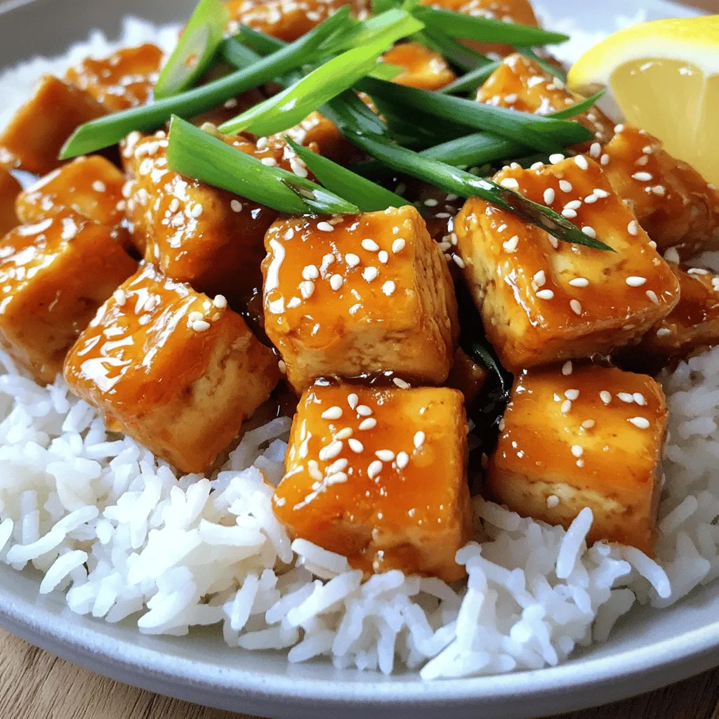 For this crispy honey garlic tofu, I recommend using firm or extra-firm tofu. Firm tofu holds its shape well, while extra-firm gives you a heartier bite. Both options work great, but I usually prefer extra-firm for added texture. You can also adjust the sweetness and saltiness. If you want a vegan option, try maple syrup instead of honey. For soy sauce, low-sodium versions are better. If you need gluten-free, use tamari. Garnishes elevate your dish. I love using green onions and sesame seeds. They add color and flavor. The crunch of sesame seeds complements the crispy tofu nicely. Green onions provide a fresh taste that brightens every bite. Presentation matters too. A pretty plate makes food more appealing. Serve your crispy honey garlic tofu on jasmine rice. Top it off with green onions and sesame seeds. This makes it look delicious and inviting. You can find the full recipe with all the details to make this dish in no time. To start, you need to press your tofu. This step helps to remove extra moisture. Wrap the tofu in a clean kitchen towel. Place something heavy on top, like a cast iron pan. Let it sit for about 15-30 minutes. This will make your tofu firmer and crispier later. Next, cut the tofu into cubes. I like to slice it into bite-sized pieces. Aim for about 1-inch cubes. This size helps them cook evenly and get crispy all around. Pat the cubes dry with paper towels to remove any remaining moisture. Now, let’s focus on cooking the tofu for the best crispiness. The best method is pan-frying. Heat your vegetable oil in a large non-stick skillet over medium-high heat. Make sure the oil is hot enough before adding the tofu. When you add the cubes, place them in a single layer. Fry them for about 3-4 minutes on one side. Then, flip them over carefully to cook the other side. Repeat this until all sides are golden brown and crispy. This step is key to achieving that lovely crunch. After frying the tofu, it’s time to make the sauce. In the same skillet, lower the heat to medium. Add minced garlic and grated ginger. Sauté these for about 30 seconds. This brings out their flavors and makes the dish smell amazing. Next, stir in the honey and soy sauce. Mix everything well and let it simmer for 2-3 minutes. This helps the sauce thicken and blend the flavors. It should reach a nice sticky consistency that coats the tofu perfectly. Once the sauce is ready, return the crispy tofu to the skillet. Toss gently to coat each piece in that delicious honey garlic sauce. Add a drizzle of sesame oil for extra flavor. Cook everything together for one more minute to heat through. Remember, this process will make your meal prep easy and tasty! For the full recipe, check the details above. To get that perfect crispiness when making crispy honey garlic tofu, you need to focus on two main things: cornstarch and heat. - Importance of cornstarch coating: Cornstarch is your best friend. It creates a light crust that helps the tofu fry up nice and crispy. Make sure to coat the tofu cubes evenly. This way, every piece gets that delightful crunch. - Temperature control during frying: Heat your oil to medium-high before adding the tofu. If the oil is too cool, the tofu will soak up oil and get soggy. If it's too hot, it will burn. You want that sweet spot where the tofu turns golden brown. To make your crispy honey garlic tofu even better, consider adding a few flavor boosts. - Optional additions: You can sprinkle in some chili flakes if you like heat. A squeeze of lime juice adds a nice tang that brightens the dish. Both options can elevate your meal to new heights. - Pairing suggestions: Serve your tofu with steamed veggies like broccoli or bell peppers. You can also pair it with jasmine rice or a fresh salad. These sides not only taste great but also bring color and balance to your plate. If you're ready to make this tasty dish, check out the [Full Recipe] for all the details! {{image_2}} You can change up the flavor of your crispy honey garlic tofu by trying different sauces. For a sweet twist, use teriyaki sauce instead of honey. If you like heat, a spicy garlic sauce works great too. To adapt the base recipe for different cuisines, consider using a sesame ginger sauce for an Asian flair or a maple soy glaze for a sweet touch. These small changes can make a big difference in taste. Pairing veggies with your tofu can enhance the dish. Good options include bell peppers, broccoli, and snap peas. These not only add color but also provide crunch. To incorporate veggies, simply add them to the skillet after frying your tofu. Stir-fry them briefly before adding the sauce and tofu back in. This way, the flavors meld together nicely. You can also serve the tofu with a side of steamed vegetables for a complete meal. To keep your crispy honey garlic tofu fresh, store it in an airtight container. Make sure to cool it down to room temperature before sealing. This helps maintain its texture. Cooked tofu lasts about 3 to 5 days in the fridge. If you notice any off smell or change in color, it's best to toss it. When reheating, the oven is your best friend. Preheat it to 375°F (190°C). Place the tofu on a baking sheet for about 10 minutes. This keeps it crispy. The microwave can make it soft, so use it only in a pinch. If you do use the microwave, heat for short bursts of 30 seconds. To revive the sauce flavor, add a splash of soy sauce or a hint of honey while reheating. This brings back that tasty glaze. You can also sprinkle fresh green onions on top before serving. Enjoy your meal prep with this delicious dish! For the full recipe, check out Crispy Honey Garlic Tofu. Silken tofu has a soft and creamy texture. This makes it less firm than the tofu I usually use. If you choose silken tofu, your dish will not be as crispy. Silken tofu works best in soups or smoothies. For crispy honey garlic tofu, stick with firm or extra-firm tofu. These types hold their shape well when cooked and give a great crunch. To make my crispy honey garlic tofu vegan, swap honey for maple syrup or agave nectar. Both options give a nice sweetness without using animal products. Make sure your soy sauce is vegan, too. Some brands might use fish sauce in their recipes. Check the label to be sure! I love serving this dish over jasmine rice. The rice soaks up the sweet sauce. You could also pair it with a fresh salad or stir-fried veggies. Try serving it in a bowl with quinoa or farro for a hearty meal. Adding green onions and sesame seeds on top makes it look extra tasty. To keep your crispy tofu fresh, store it in an airtight container in the fridge. It will last up to three days. If you want to keep it longer, freeze the tofu. Just know it will lose some crispiness when thawed. When reheating, use an oven to help regain that crunch. You can also add a splash of soy sauce to boost the flavor. This blog covered how to make crispy honey garlic tofu. We discussed ingredient choices, like firm tofu and sweeteners. You learned tips for pressing and cooking tofu for a perfect texture. We explored flavor options and garnishes for visual appeal. I also shared storage tips and reheating methods to maintain crispiness. Cooking doesn’t have to be complicated. With these steps and tips, you can enjoy this dish many ways. Experiment with flavors and garnishes. Enjoy your tasty creations!