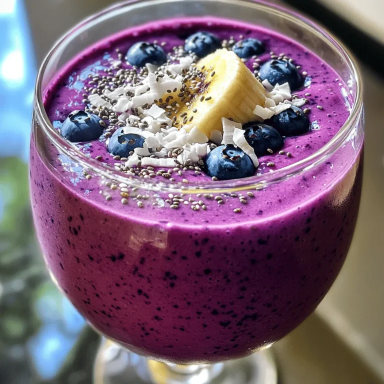 - 1 cup fresh or frozen blueberries - 1 ripe banana - 1/2 cup coconut milk - 1/2 cup Greek yogurt (or dairy-free alternative) - 1 tablespoon honey or maple syrup - 1/4 cup shredded coconut - 1 tablespoon chia seeds (optional) - Ice cubes (if using fresh blueberries) To make this smoothie, you need simple ingredients. Fresh blueberries add a wonderful taste. If you don’t have fresh ones, frozen will work too. The ripe banana gives smoothness and natural sweetness. Coconut milk makes it creamy and adds a tropical touch. Greek yogurt boosts the protein and adds a thick texture. Honey or maple syrup adds just the right sweetness. Shredded coconut gives a fun texture and extra flavor. Chia seeds are optional but they add fiber and healthy fats. If using fresh blueberries, add ice cubes for chill. - Protein powder - Spinach or kale for added nutrients - Other fruits (e.g., strawberries, mangoes) You can customize this smoothie with fun add-ins. Protein powder helps keep you full longer. Adding spinach or kale boosts nutrients without changing the taste. You can also mix in other fruits like strawberries or mangoes for new flavors. Get creative and make this smoothie your own! For the full recipe, check out Blueberry Coconut Bliss Smoothie. - Step 1: Combine key ingredients in the blender. Start with 1 cup of blueberries and 1 ripe banana. Then, add 1/2 cup of coconut milk and 1/2 cup of Greek yogurt. This mix gives a rich and creamy base. - Step 2: Adjust sweetness with honey or maple syrup. Add 1 tablespoon to start. Blend, taste, and add more if needed. This step personalizes the smoothie to your liking. - Step 3: Blend and check consistency. Turn the blender on high speed. Blend until the mixture is smooth and creamy. If it is too thick, add a little more coconut milk. If you like it colder, toss in some ice cubes. - Step 4: Garnish with shredded coconut. After pouring your smoothie into a glass, sprinkle some shredded coconut on top. It adds a nice texture and flavor. - Step 5: Serve and enjoy! Grab a straw or a spoon and savor every sip of your Blueberry Coconut Bliss Smoothie. You can find the full recipe above to recreate this energizing treat. Blueberries are a superfood packed with nutrients. They are rich in antioxidants, which help protect your body. These small fruits fight free radicals, keeping your cells healthy. Eating blueberries may support cardiovascular health. They can lower blood pressure and improve blood vessel function. This makes them great for your heart. Coconut adds a unique flavor and is great for your health. It contains healthy fats called medium-chain triglycerides (MCTs). These fats support energy and may help weight loss. Coconut also promotes better digestion. It contains fiber that helps your gut stay healthy and regular. The Blueberry Coconut Smoothie is both tasty and nutritious. It has about 300 calories per serving, depending on your ingredients. The smoothie offers a balanced mix of carbohydrates, protein, and fats. If you add chia seeds, you gain extra benefits. Chia seeds provide omega-3 fatty acids and more fiber. This smoothie makes a perfect snack or breakfast option. For the full recipe, check the section above. {{image_2}} To get a creamy texture in your blueberry coconut smoothie, blend it longer. Start on low speed and then increase to high. This helps mix everything well. If your smoothie is too thick, add a little more coconut milk. If it's too thin, add more yogurt or frozen fruit. When swapping ingredients, keep flavors in mind. You can use almond milk instead of coconut milk for a nutty taste. If you don’t have Greek yogurt, try regular yogurt or a dairy-free option. Each change can give your smoothie a new twist. To find the right sweetness, taste your smoothie after blending. If it’s not sweet enough, add more honey or maple syrup. Start with a teaspoon, blend, and then taste again. This way, you can control the sweetness easily. If you want to skip honey or maple syrup, consider ripe bananas or dates. Both add natural sweetness without extra sugars. Another option is to use a splash of vanilla extract for a sweet flavor boost without added sugar. You can change up the taste of your blueberry coconut smoothie by adding different fruits. Pineapple adds a sweet and tangy twist. Strawberries bring a lovely color and flavor. Just blend them in with your blueberries for a fruity mix. You can also incorporate spices to enhance the taste. A pinch of cinnamon warms up the smoothie nicely. Vanilla extract adds a sweet aroma without adding sugar. Both spices make your drink more exciting. This smoothie is easy to adjust for different diets. If you want a vegan or dairy-free option, just swap Greek yogurt for a coconut yogurt. Use maple syrup instead of honey for a vegan sweetener. You still get that creamy texture and taste. If you follow a low-carb or keto diet, you can skip the banana. Replace it with avocado for creaminess. This change keeps the smoothie tasty without the extra carbs. You can also use unsweetened coconut milk to keep it keto-friendly. You can find the full recipe above and make it your own! Storing your leftover smoothie is easy. First, pour it into an airtight container. You can keep it in the fridge for up to two days. Shake or stir it well before drinking. If you want to keep it longer, consider freezing it. Pour the smoothie into ice cube trays or freezer-safe bags. This way, you can use it later in new smoothies. Just blend the frozen cubes with fresh fruit or milk. Can I make this smoothie ahead of time? Yes, you can make this smoothie ahead of time. Store it in the fridge for quick breakfasts or snacks. Just remember to give it a good shake before enjoying. What can I use instead of Greek yogurt? If you want to skip Greek yogurt, try using dairy-free yogurt or cottage cheese. Both options will keep the smoothie creamy and tasty. Is it okay to use frozen blueberries? Absolutely! Frozen blueberries are great for smoothies. They add a nice chill and save you time. Just toss them in the blender without thawing. You’ll love the cool, refreshing taste. For the full recipe, check out the Blueberry Coconut Bliss Smoothie. This smoothie recipe gives you tasty health benefits. Blueberries, coconut, and yogurt pack nutrients for you. You learned how to mix and match ingredients. Options let you tailor flavors and dietary needs. With simple steps, your smoothie will be smooth and sweet. Don’t forget to try different fruits. Enjoy your tasty drink today, and feel proud of your healthy choice!