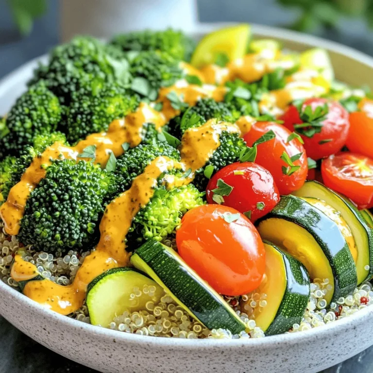 - Quinoa: This grain is a great source of protein. It has a light, nutty flavor and a fluffy texture. Quinoa cooks quickly and absorbs flavors well. Rinse it before cooking to remove any bitterness. - Vegetable Variety: You can use many colorful veggies. I like red bell pepper, zucchini, cherry tomatoes, and broccoli for this bowl. They add flavor, color, and nutrients. Roasting brings out their natural sweetness. - Honey Mustard Dressing Components: The dressing adds a sweet and tangy taste. It includes honey, Dijon mustard, apple cider vinegar, and garlic powder. This blend makes your bowl extra tasty. - Suggested Proteins: You can add proteins to make the meal heartier. Grilled chicken, chickpeas, or tofu work well. They provide extra nutrition and keep you full longer. - Additional Veggies or Greens: Feel free to mix in more veggies. Spinach, kale, or carrots can add crunch and variety. You can change the flavors based on what you like. - Kitchen Tools for Preparation: You need a cutting board, knife, and mixing bowls. These tools help you prep your ingredients easily. - Cooking Vessels: Use a medium saucepan for the quinoa and a baking sheet for roasting the veggies. These are essential for making this delicious dish. For the full recipe, check out the detailed instructions to create your Honey Mustard Veggie Bowls! To cook the quinoa, start by bringing the vegetable broth to a boil in a medium saucepan. This broth gives the quinoa great flavor. Once it's boiling, add the rinsed quinoa. Reduce the heat to low and cover the pot. Let it simmer for about 15 minutes. You’ll know it’s done when the liquid is absorbed. After cooking, remove it from the heat but keep it covered for 5 more minutes. This step helps it become fluffy. Finally, use a fork to fluff the quinoa gently. Roasting brings out the natural sweetness in vegetables. First, preheat your oven to 400°F (200°C). Next, prepare your veggies. Dice the red bell pepper and zucchini. Halve the cherry tomatoes and break the broccoli into florets. In a large bowl, toss these veggies with olive oil, salt, and pepper. Make sure they are well-coated. Spread them out evenly on a baking sheet. This helps them roast evenly. Roast in the oven for 20-25 minutes. Stir halfway through to get that perfect caramelization. Making the honey mustard dressing is quick and easy. In a small bowl, whisk together the honey, Dijon mustard, apple cider vinegar, and garlic powder. Whisk until smooth. If you like it sweeter, add more honey to taste. This dressing ties the whole bowl together, adding a sweet and tangy kick. Now that you have your quinoa, roasted veggies, and dressing ready, it’s time to build your Honey Mustard Veggie Bowls. For the complete recipe, check the Full Recipe section above. Enjoy your healthy and colorful meal! To make the best Honey Mustard Veggie Bowls, you need to know how to cook your veggies right. Different vegetables need different cooking times. For example, zucchini and cherry tomatoes roast well in about 20 minutes. Broccoli takes a bit longer, around 25 minutes, to get tender and caramelized. Always check for doneness by piercing them with a fork. Enhancing flavor is key. Use spices like smoked paprika or cumin to add depth. A sprinkle of onion powder can also bring out sweetness in your veggies. Don’t be shy to experiment with flavors. These bowls shine with a few tasty sides. A fresh green salad pairs nicely. You might also enjoy some crusty bread or a light soup. These options balance the meal and keep it light. For plating, keep it colorful. Start with the quinoa as a base. Layer the roasted veggies on top. Drizzle the honey mustard dressing over the veggies. Finally, add a sprinkle of fresh parsley for a pretty finish. This makes your dish pop! Storing leftovers is easy. Let your veggie bowls cool first. Then, place them in airtight containers. They can last in the fridge for about three days. For meal prep, consider glass containers. They are safe for heating and keep your food fresh. You can also pre-portion the quinoa and veggies for quick meals. Just add the dressing right before serving. This keeps everything tasty and fresh. For the full recipe, check the section above. Enjoy your cooking! {{image_2}} You can easily adapt this dish to fit your diet. For a vegan option, replace honey with maple syrup. This swap keeps the sweetness but makes it plant-based. To make it gluten-free, ensure your mustard is gluten-free. Most Dijon mustards are safe, but always check the label. Changing the mustard can bring a whole new taste. Try whole grain mustard for a rustic feel. If you like heat, add a pinch of cayenne or crushed red pepper to the dressing. The extra kick will make your taste buds dance! Using seasonal veggies can enhance your bowl. In spring, add asparagus or peas; in autumn, try roasted squash. You can also change the dressing based on what’s fresh. A citrus vinaigrette works great with summer vegetables. This keeps your meals exciting and fresh. For more details on making the Honey Mustard Veggie Bowls, check out the Full Recipe. To store leftovers from your honey mustard veggie bowls, place them in an airtight container. This keeps them fresh and stops smells from mixing. Your dish can last in the fridge for about three to four days. Make sure to let the bowls cool before sealing them up. Freezing the quinoa and veggies can be a great option. First, let the cooked quinoa cool completely. Spread it out on a baking sheet to freeze in a single layer. Once frozen, transfer it to a freezer bag. Roasted veggies can also freeze well. Store them in a separate bag. They last up to three months frozen. When you’re ready to eat, thaw them overnight in the fridge. When reheating, the best way is to use a microwave or oven. For the microwave, warm in short bursts, stirring often. This keeps the texture nice. If using the oven, cover with foil to prevent drying out. Heat at 350°F until warm throughout. Enjoy your flavorful meal just like the first time! Yes, you can use other grains. Brown rice, farro, or barley work well. Each grain has its own taste and texture. Choose one that fits your meal plan. Remember to adjust cooking times based on the grain you select. To add heat, use hot sauce or spices. Sriracha or cayenne pepper are great choices. You can also try adding crushed red pepper flakes. Start with a little, then taste and adjust. Spices can really boost the flavor of your veggie bowls. If you lack Dijon mustard, you have options. Yellow mustard or honey mustard can work as substitutes. For a unique twist, try using whole grain mustard. Each option will change the flavor, so choose what you like best. Yes, you can prep this recipe ahead. Cook the quinoa and roast the veggies in advance. Store them separately in the fridge. When ready to eat, just combine and add the dressing. This saves time on busy days. You can find the Full Recipe for Honey Mustard Veggie Bowls in the article above. It gives you all the detailed steps. Enjoy making this easy and tasty dish! This blog post covered how to make Honey Mustard Veggie Bowls. We explored the main ingredients, optional add-ins, and the tools you need. I shared step-by-step instructions on cooking quinoa, roasting vegetables, and mixing the honey mustard dressing. Tips for perfecting your dish and meal prep ideas were also included. Finally, remember to customize the recipe to fit your tastes and needs. Enjoy your cooking journey!