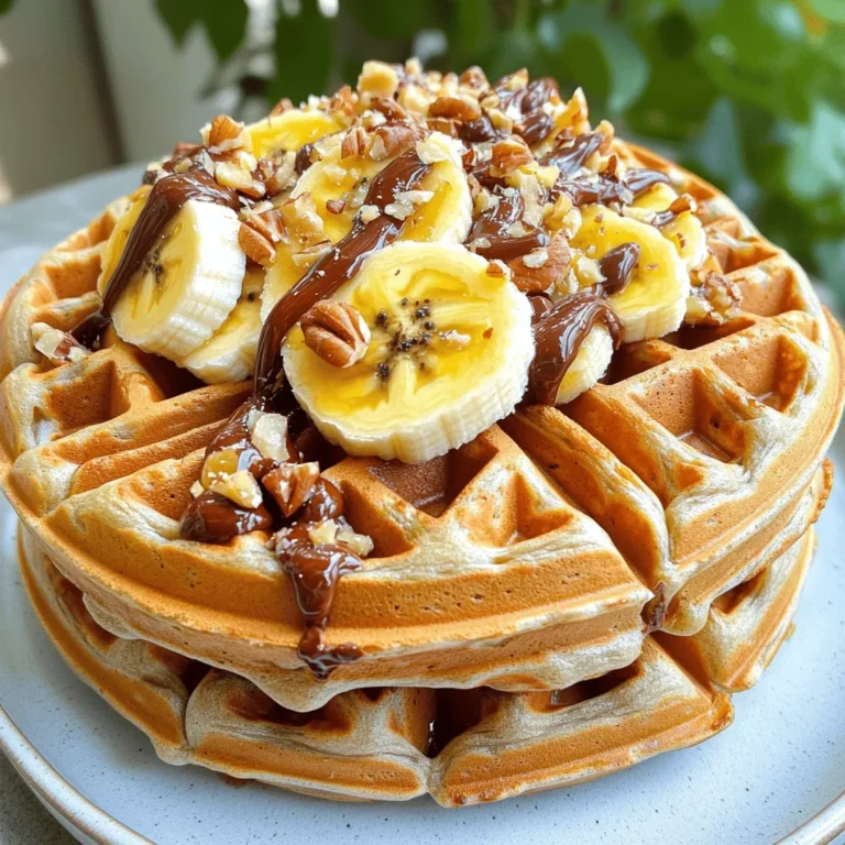 To make Banana Nutella Waffles, you need simple ingredients. Here’s what you need: - 1 cup all-purpose flour - 1 tablespoon sugar - 2 teaspoons baking powder - 1/2 teaspoon salt - 1 large egg - 1 cup milk - 1/4 cup vegetable oil - 1 teaspoon vanilla extract - 1 ripe banana, mashed - Nutella for drizzling These items come together to create a fluffy, tasty waffle. The ripe banana adds natural sweetness and moisture. Toppings make your waffles even better. Try these: - Sliced bananas - Chopped nuts (like walnuts or pecans) - Whipped cream - Maple syrup Each topping adds a new flavor and texture. You can mix and match to find your favorite. If you don’t have some ingredients, don’t worry! You can swap them out: - Use whole wheat flour for a healthier option. - Almond milk works well if you need a dairy-free choice. - You can replace the egg with a mashed banana for a vegan option. - For sweeteners, try honey or maple syrup instead of sugar. These substitutions help you make Banana Nutella Waffles fit your needs. You can still enjoy the same great taste! For the full recipe, check out the link. Start by gathering your ingredients. You will need flour, sugar, baking powder, salt, an egg, milk, vegetable oil, vanilla, and a ripe banana. In one bowl, mix the dry ingredients: flour, sugar, baking powder, and salt. In another bowl, beat the egg. Then, add the milk, oil, vanilla, and mashed banana. Mix until it is smooth. Now, pour the wet mix into the dry mix. Stir gently until just combined. A few lumps are okay. This batter makes the waffles light and fluffy. Next, preheat your waffle maker. This step is key for crispy waffles. Lightly grease the waffle maker if needed. Pour batter onto the hot surface, using a ladle. Spread it out evenly. Close the lid and cook for 3 to 5 minutes. The waffles should turn golden brown. Carefully lift them out once they are done. Be gentle to avoid breaking them. Now for the fun part! Place the waffles on a plate. Drizzle Nutella over the top generously. Add sliced bananas and some chopped nuts on top for crunch. You can also sprinkle a bit of powdered sugar for extra sweetness. These Banana Nutella Waffles are perfect for breakfast or a sweet snack. For the full recipe, check out the earlier section! To get those waffles nice and crispy, start with a hot waffle maker. Preheat it well before adding the batter. Use a light spray of non-stick oil to help with crispiness. Pour enough batter so it spreads but does not overflow. Close the lid and resist the urge to peek too soon. Wait until the light indicates they are ready, usually around 3-5 minutes. One common mistake is overmixing the batter. This makes waffles tough instead of fluffy. Another mistake is not preheating the waffle maker. Your waffles won't cook evenly if it’s not hot enough. Lastly, don’t let the waffles sit in the maker too long. This can make them soggy instead of crispy. A good quality waffle maker is key. Look for one that has adjustable heat settings. A mixing bowl and whisk are essential for combining your ingredients. Use a ladle or measuring cup to pour the batter evenly. Finally, a silicone spatula helps to remove the waffles without scratching your maker. For the full recipe, check out the complete guide. {{image_2}} You can play with flavors to make your waffles unique. Try adding cinnamon to the batter. A pinch of nutmeg also adds warmth. For a fruity twist, mix in some blueberries or chopped strawberries. You can even add a splash of almond extract for a nutty flavor. Each of these adds a fun touch to the classic taste. Nutella isn’t just for drizzling! You can spread it on top of warm waffles. You can also mix it into the batter for a rich taste. For a fun twist, try using flavored Nutella, like hazelnut or white chocolate. It changes the flavor and makes it more exciting. You can easily adapt this recipe for different diets. For gluten-free waffles, swap the all-purpose flour for a gluten-free blend. Make sure the blend has a good structure. For a vegan option, replace the egg with a mashed banana or flax egg. Use plant-based milk and oil too. These little changes keep the taste delicious and fun for everyone. Check the Full Recipe for more details! To keep your leftover waffles fresh, cool them to room temperature. Stack them neatly on a plate. Cover them with plastic wrap or aluminum foil. This will help keep them from drying out. Store the covered waffles in the fridge for up to three days. When you're ready to enjoy your waffles again, you can reheat them. Place the waffles in a toaster or oven. Heat them at 350°F for about 5 to 7 minutes. This will make them warm and crispy again. You can also use a microwave, but this may make them soft. If you want to freeze your waffles, let them cool completely first. Place them in a single layer on a baking sheet. Freeze them for about an hour, then transfer them to a freezer bag. Remove as much air as possible before sealing. You can freeze them for up to three months. When you want to eat them, just reheat as mentioned above. This makes meal prep easy and fun! For the full recipe, check out the details above. To make Banana Nutella Waffles from scratch, follow these steps: - Mix dry ingredients: In a bowl, whisk together flour, sugar, baking powder, and salt. - Combine wet ingredients: In another bowl, beat an egg. Add milk, vegetable oil, vanilla, and mashed banana. Mix well. - Combine both mixtures: Pour the wet mix into the dry mix. Stir gently until just combined. A few lumps are okay. - Cook the waffles: Preheat your waffle maker, then pour in the batter. Cook until golden brown. - Serve: Drizzle Nutella on top and add sliced bananas and nuts. This recipe gives you about four waffles, perfect for sharing or enjoying alone! Yes, you can make the batter ahead of time. Store it in the fridge for up to 24 hours. Just remember: when ready to cook, stir the batter gently again. If it thickens, add a splash of milk to loosen it up. This makes it easy for a quick breakfast! If you want to swap Nutella, try these options: - Peanut butter: It adds great flavor and protein. - Almond butter: A nutty choice that's also delicious. - Chocolate syrup: For a sweeter, gooey topping. - Fruit spreads: Use berry or apple spreads for a fruity twist. Each option gives a unique taste while still being yummy on your waffles! You learned how to make delicious banana Nutella waffles. We covered ingredients, simple steps, and tips for crispy perfection. I shared tasty variations and storage options to keep your waffles fresh. Remember, you can mix flavors and adjust for diets like gluten-free or vegan. Waffle-making can be fun, and now you have the tools to impress. Enjoy your tasty breakfast and share it with friends!