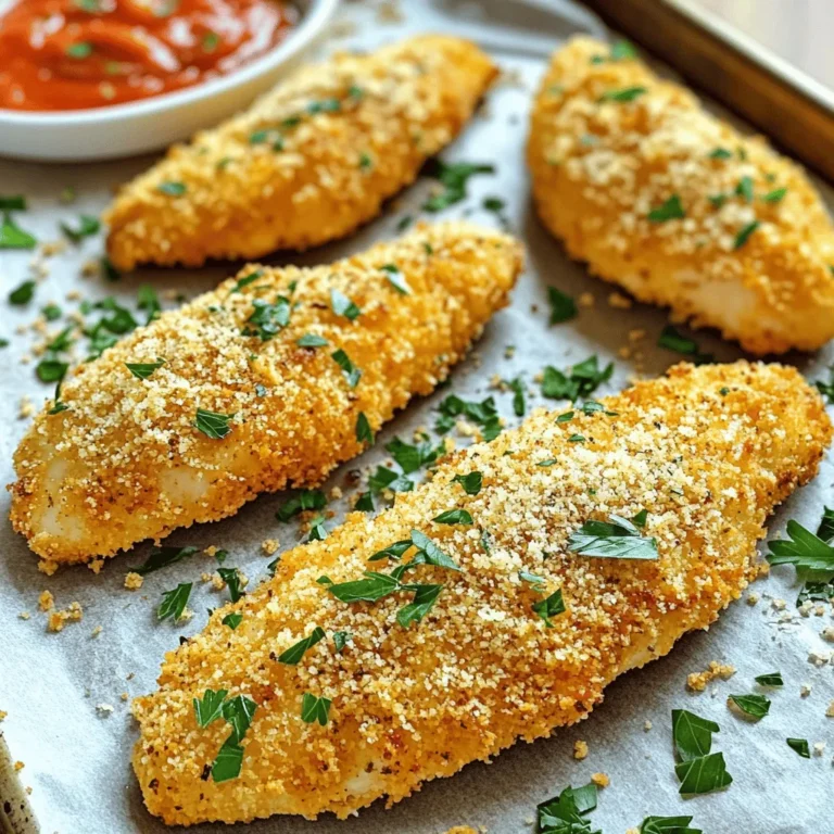 When making Baked Garlic Parmesan Chicken Tenders, you need a few key items. Here’s what you should gather: - 1 lb chicken breast tenders - 1 cup breadcrumbs (preferably panko) - ½ cup grated Parmesan cheese - 2 teaspoons garlic powder - 1 teaspoon onion powder - 1 teaspoon dried Italian herbs (oregano, basil, thyme) - ½ teaspoon salt - ½ teaspoon black pepper - 2 large eggs - 2 tablespoons olive oil - Fresh parsley, chopped (for garnish) Each ingredient plays a role in building flavor and texture. The chicken breast tenders offer a juicy base. Panko breadcrumbs give a light, crispy coating that is hard to beat. Grated Parmesan cheese adds a rich, savory note that pairs perfectly with garlic. Using garlic powder and onion powder brings a strong aroma and taste. The dried Italian herbs add depth and freshness to the dish. Salt and black pepper enhance all the flavors. The eggs help bind the coating, ensuring it sticks well to the chicken. Olive oil adds moisture and a hint of fruitiness. Finally, fresh parsley not only brightens the dish but also adds a pop of color when you serve it. For the full recipe, check out the instructions above. 1. Preheat your oven to 400°F (200°C). This helps the chicken cook evenly. 2. Line a baking sheet with parchment paper. This makes cleanup easy. 3. In a large bowl, mix together the breadcrumbs, Parmesan, garlic powder, onion powder, Italian herbs, salt, and pepper. Make sure everything blends well. 4. In another bowl, whisk the eggs and add the olive oil. Mix until smooth. 1. Take each chicken tender and dip it into the egg mixture. Make sure it gets fully coated. 2. Next, roll the tender in the breadcrumb mix. Press down gently so the crumbs stick well. 1. Place the coated chicken tenders on the lined baking sheet. Leave some space between them. 2. Bake in the oven for 20-25 minutes. Check that the chicken is cooked through and the coating is golden. Flip them halfway for even browning. For the full recipe, you can refer back to the ingredients and steps above. Get ready to enjoy a tasty dish! To get that perfect crunch, always use Panko breadcrumbs. Panko is lighter and airier than regular breadcrumbs. It makes your chicken tenders extra crispy. When coating the tenders, dip them in the egg mixture first. This step helps the breadcrumbs stick better. Press the chicken gently into the breadcrumbs. Make sure every inch is covered well. You can add spices to the breadcrumb mix for more flavor. Try paprika or cayenne for some heat. A pinch of garlic powder can also enhance the taste. Fresh herbs are great, but dried herbs work too. If you use fresh herbs, chop them finely. This way, they mix well with the breadcrumbs. Dried herbs are easy to use and still give great flavor. Pair your chicken tenders with dips like marinara or ranch. These dips add fun flavors to each bite. For a gourmet look, serve the tenders on a nice platter. You can sprinkle extra Parmesan on top for a fancy touch. Add some chopped parsley for a pop of color. This makes your dish look even more appetizing. For the full recipe, check the details above! {{image_2}} You can make these tenders spicy! Just add cayenne pepper or chili flakes to the breadcrumb mix. Start with a half teaspoon. Taste the mixture, then adjust to your heat level. This gives your tenders a nice kick. It's a fun way to spice up your meal. Using different herbs can change the flavor. Try rosemary or thyme instead of Italian herbs. These herbs bring a fresh taste to the chicken. Just add a teaspoon of your chosen herb to the breadcrumb mixture. You’ll enjoy a new twist on the classic recipe. If you need a gluten-free option, swap the traditional breadcrumbs. Use gluten-free breadcrumbs instead. They work just as well for a crispy texture. You can find them in most grocery stores. This way, everyone can enjoy your tasty chicken tenders! For the full recipe, check out the Baked Garlic Parmesan Chicken Tenders section! To keep your chicken tenders fresh, place them in an airtight container. Make sure they cool down before sealing. Store the container in the fridge. They stay good for about 3 days. If you want to enjoy them later, consider freezing. When you’re ready to enjoy leftovers, use the oven for best results. Preheat it to 350°F (175°C). Place the chicken tenders on a baking sheet. Heat them for about 10-15 minutes. This keeps the outside crispy and the inside juicy. You can also use an air fryer. It gives a nice crunch in less time. For long-term storage, freeze the chicken tenders. First, let them cool completely. Then, wrap each tender in plastic wrap. Place them in a freezer bag. Squeeze out as much air as you can before sealing. They can stay frozen for up to 3 months. To thaw, move them to the fridge overnight before reheating. Enjoying homemade chicken tenders later is easy with this method! For the full recipe, check out the complete guide above. Yes, you can use frozen chicken tenders. Just make sure to adjust the cooking time. Bake them for 30 to 35 minutes at 400°F (200°C). Check that they reach an internal temperature of 165°F (74°C). This ensures they are safe to eat. Baking chicken tenders usually takes 20 to 25 minutes. The key is to check for a crispy, golden coating. For best results, flip them halfway through cooking. This helps achieve even browning. If you lack Parmesan cheese, no worries! You can use Pecorino Romano or Grana Padano instead. Both will give a nice, salty flavor. You can also use a blend of nutritional yeast and breadcrumbs for a dairy-free option. This post covered how to make delicious chicken tenders. We explored the ingredients, from tender chicken to tasty spices. The step-by-step guide showed easy preparation, coating, and baking tips. You learned how to achieve the perfect crunch with Panko breadcrumbs. Plus, I shared variations, storage tips, and a FAQs section to help you succeed. Now, you can enjoy crispy, flavorful chicken tenders anytime. Enjoy your cooking and impress everyone with your tasty meal!