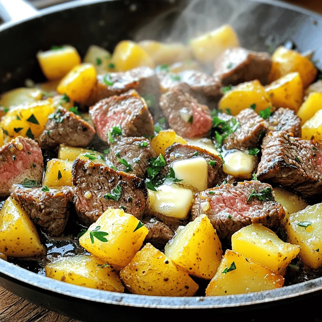Cooking a tasty Garlic Butter Steak & Potato Skillet is easy. Here are the main ingredients you will need: - 1 lb flank steak, trimmed and cut into bite-sized pieces - 2 large russet potatoes, diced into small cubes - 4 tablespoons unsalted butter These three ingredients form the heart of the dish. Flank steak gives you a rich, meaty flavor. Russet potatoes add a nice, creamy texture. Unsalted butter ties it all together, adding a luscious depth. The seasonings bring this dish to life. You will use: - 4 cloves garlic, minced - 1 teaspoon dried thyme - 1 teaspoon smoked paprika - Salt and pepper to taste Garlic is bold and aromatic. Thyme adds a hint of earthiness. Smoked paprika brings a touch of warmth. Salt and pepper enhance all the flavors, making each bite pop. Don't forget these extra items: - ½ cup beef broth - Fresh parsley, chopped (for garnish) Beef broth adds moisture and richness to the dish. Fresh parsley gives a bright, fresh finish that looks great and tastes great too. For the full recipe, check out the [Full Recipe]. Preheat and prepare the skillet Start by preheating your skillet. Set it to medium-high heat. Add 2 tablespoons of unsalted butter. Let the butter melt and get hot. This step is key for a good sear. Seasoning the steak While the skillet heats, take your flank steak. Cut it into bite-sized pieces. Season the steak with salt, pepper, and smoked paprika. Use enough to cover it well. This seasoning gives the steak a great flavor boost. Searing the steak Once the butter is hot, add the seasoned steak to the skillet. Lay it down in a single layer. Sear the steak for 2 to 3 minutes on each side. You want it to be browned but not cooked all the way through. When done, remove the steak and set it aside. Cooking the potatoes Next, add your diced russet potatoes to the same skillet. Season them with salt, pepper, and dried thyme. Cook the potatoes for about 10 to 12 minutes. Stir them often until they turn golden and soft. This will create a nice texture. Sautéing garlic Now, push the cooked potatoes to one side of the skillet. Add the remaining 2 tablespoons of butter to the empty space. Once the butter melts, add 4 cloves of minced garlic. Sauté for about 30 seconds until it smells amazing. Final mixing and simmering Return the seared steak to the skillet. Pour in ½ cup of beef broth. Stir everything together well. Allow it to simmer for 3 to 5 minutes. This step lets all the flavors mix together beautifully. For more details on this recipe, check the Full Recipe. To achieve the perfect steak sear, start with a hot skillet. Heat it on medium-high until it’s very hot. This helps create a nice crust on the steak. Avoid overcrowding the pan; cook in batches if needed. Let the steak sit for a minute or two before flipping. This helps develop a tasty brown color. For even-cooked potatoes, cut them into small, uniform cubes. This ensures they cook at the same rate. Stir them often while cooking, so they brown evenly. A little patience goes a long way here. If they get golden on one side, flip them over. Adding herbs and spices can elevate your dish. Fresh thyme or rosemary brings a lovely aroma. You can also try red pepper flakes for a kick. Mix and match based on your taste preferences. For alternative ingredients, consider adding mushrooms or bell peppers. These veggies can add depth and texture. You can also swap the beef broth for chicken broth for a lighter flavor. Experimenting with different ingredients makes this dish your own. For presentation, serve the dish directly from the skillet. This gives a homey, rustic feel. A large serving platter works too if you want a more formal look. Add lemon wedges for a pop of color and a fresh twist. Pair the dish with a simple green salad or crusty bread. This balances the richness of the steak and potatoes. A light sauce, like chimichurri, can also add a fresh touch. For a full experience, consider the [Full Recipe]. {{image_2}} You can change the cuts of steak for your Garlic Butter Steak & Potato Skillet. Try ribeye or sirloin for a richer taste. Each cut offers a unique flavor and texture. If you want a lean option, choose tenderloin. For the vegetables, switch out russet potatoes for sweet potatoes or even cauliflower. Sweet potatoes add a hint of sweetness. Cauliflower gives a lighter feel and works well in low-carb diets. You can prepare this dish in different ways. Oven-baking is a good option if you want a hands-off approach. Just season and roast everything together. Skillet-cooking gives you a nice sear and quick cooking time. It also keeps more flavors in the pan. Grilling the steak is another method. It gives a smoky flavor that pairs well with garlic butter. Just sear the steak on the grill first. Then combine it with potatoes cooked on the stovetop. To make this dish gluten-free, simply use gluten-free broth. All the other ingredients are already safe. This way, everyone can enjoy the meal. For a low-carb version, skip the potatoes. You can use zucchini noodles or riced cauliflower instead. These swaps keep the dish tasty while lowering carbs. Explore more ideas or variations on this recipe in the [Full Recipe]. To keep your Garlic Butter Steak & Potato Skillet fresh, follow these tips: - Cool the dish first: Let it sit at room temperature for about 30 minutes. - Use airtight containers: Store the leftovers in a container that seals tightly. - Label and date: Mark your container for easy tracking. This dish lasts in the fridge for 3 to 4 days. Enjoy it within this time for best taste. When it’s time to eat your leftovers, here are the best methods: - Stovetop reheating: Heat in a skillet over medium heat. Stir gently for even warming. - Microwave option: Use a microwave-safe dish. Cover it loosely to keep moisture. Heat for 1-2 minutes. To keep the flavor and texture, add a splash of beef broth while reheating. This helps maintain moisture and richness. Yes, you can freeze this dish! Here’s how: - Cool completely: Ensure the dish is fully cooled before freezing. - Use freezer-safe containers: Choose containers that are safe for the freezer. Leave space for expansion. To properly freeze the dish, it can last for up to 3 months. To reheat, thaw overnight in the fridge and follow the reheating instructions. For the full recipe and more tips, check out the [Full Recipe]. What is the best steak to use for this recipe? The best steak for this dish is flank steak. It cooks fast and stays tender. You can also use sirloin or ribeye for a richer taste. Just remember to slice it against the grain for better texture. Can I use sweet potatoes instead of russet potatoes? Yes, you can use sweet potatoes! They add a nice sweetness and color to the dish. Just dice them into small cubes to ensure even cooking. How do I know when the steak is done? You can check the steak's doneness by using a meat thermometer. For medium-rare, aim for 130°F. For medium, look for 140°F. You can also cut into the steak to see the inside color. What can I serve with Garlic Butter Steak & Potato Skillet? This skillet dish pairs well with a fresh salad or steamed veggies. You can also serve it with crusty bread to soak up the garlic butter. Can I make this a one-pan meal? Yes! This dish is already one-pan friendly. You cook the steak, then the potatoes, all in the same skillet. It saves time and makes cleanup easy. How to adapt for different portion sizes? To adjust for more or fewer servings, simply scale the ingredients. Double or halve the steak and potatoes as needed. Just keep the cooking times in mind. This blog discussed making a tasty Garlic Butter Steak and Potato Skillet. You learned about key ingredients like flank steak and russet potatoes. I shared cooking steps, tips for great flavor, and variations to try. Remember to store leftovers properly and explore alternatives to fit your diet. Experiment with the methods and ingredients to find what you love. Cooking can be fun and rewarding! Enjoy your meal and happy cooking!