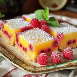 - 1 ½ cups all-purpose flour - 1 cup powdered sugar - ½ cup unsalted butter, softened - 1 teaspoon vanilla extract - ½ teaspoon salt - 2 large eggs - 1 cup granulated sugar - 2 tablespoons lemon zest (from about 2 lemons) - ⅓ cup fresh lemon juice (about 2-3 lemons) - 1 cup fresh raspberries (or thawed frozen) - Extra powdered sugar for dusting When I create Raspberry Lemonade Bars, I start with the freshest ingredients. All-purpose flour gives the base a nice texture. Powdered sugar adds sweetness, while unsalted butter keeps it rich. A touch of vanilla extract enhances the flavors, and a bit of salt balances the sweetness. I use two large eggs for a good structure. Granulated sugar sweetens the filling, while lemon zest and juice bring the tartness. Fresh raspberries add a burst of flavor. Finally, I always have extra powdered sugar on hand for dusting the tops. Raspberry Lemonade Bars contain common allergens. These include wheat, dairy, and eggs. If you need to make substitutions, here are some ideas: - For gluten-free bars, use a gluten-free all-purpose flour blend. - Replace unsalted butter with coconut oil or vegan butter for dairy-free options. - To make it egg-free, try using flax eggs. Mix 1 tablespoon of ground flaxseed with 2.5 tablespoons of water and let it sit for 5 minutes. These substitutions help everyone enjoy this tasty treat without worry. And remember, the Full Recipe will guide you through these modifications easily. First, preheat your oven to 350°F (175°C). This helps the bars bake evenly. Next, take an 8x8 inch baking pan. Grease it with some butter, then line it with parchment paper. Leave some paper hanging over the edges. This makes it easy to lift the bars out later. In a mixing bowl, combine the softened butter, 1 cup of powdered sugar, and 1 teaspoon of vanilla extract. Mix on medium speed until it is creamy and smooth. Then, gradually add in 1 ½ cups of flour and ½ teaspoon of salt. Stir until just combined. The mixture will look crumbly. Press this mixture firmly into the bottom of your prepared pan to create a base. Bake it for about 15-20 minutes. Look for lightly golden edges. Once done, remove it from the oven and let it cool slightly. In a new mixing bowl, whisk together 2 large eggs, 1 cup of granulated sugar, 2 tablespoons of lemon zest, and ⅓ cup of fresh lemon juice. Mix well until it looks frothy. Now, gently fold in 1 cup of fresh raspberries. Be careful not to break them up too much; we want whole berries in our bars. Pour the raspberry lemon filling over the pre-baked crust. Spread it out evenly. Place the pan back in the oven and bake for another 20-25 minutes. The filling should be set. To check, insert a toothpick in the center. If it comes out clean, the bars are ready. After baking, let them cool completely in the pan on a wire rack. When cool, lift them out using the parchment paper. Dust the top with extra powdered sugar for a sweet finish. For the complete recipe, check out the Full Recipe section. To make the best raspberry lemonade bars, you need the right balance. You want both sweetness and tartness. Use fresh lemons for a bright taste. The zest adds deep lemon flavor. For raspberries, choose plump and juicy ones. Look for bright color and a sweet smell. If you're unsure, taste a berry first. This ensures your bars will shine with flavor. Serving these bars well makes a big difference. Use a pretty platter to show them off. A dusting of powdered sugar looks lovely on top. Add a few fresh raspberries around the bars for color. A sprig of mint can add a nice touch, too. This small detail enhances both flavor and look. Baking time is crucial. Overbaking makes the bars dry, while underbaking leaves them gooey. Keep an eye on them in the oven. You want the filling set, but not overcooked. Let the bars cool completely before cutting. This prevents them from falling apart. Wait for the perfect moment; patience pays off! {{image_2}} You can change the taste of your Raspberry Lemonade Bars easily. Adding other berries is a great start. Blueberries or strawberries can bring a new twist. Just swap in the same amount of these berries for raspberries. They add color and flavor! You can also incorporate herbs like mint or basil. Mint adds a fresh taste. Basil gives a unique flavor that surprises many. Just chop the herbs finely and mix them in with the raspberries. If you need a gluten-free option, use almond flour or a gluten-free blend. These alternatives work well and keep the bars tasty. Make sure to check the flour blend has a good balance of ingredients for baking. For a vegan version, swap eggs for flaxseed meal or applesauce. Mix 1 tablespoon of flaxseed meal with 2.5 tablespoons of water for each egg. Let it sit until it thickens. Applesauce is another easy swap—use ¼ cup for each egg. You can adjust your bars based on what's in season. In summer, fresh berries are at their best. Try using peaches or cherries when they are ripe. These fruits can add a delightful flavor. Incorporate seasonal flavors too. For a summer twist, lime juice works well with lemon. Just mix in lime zest and juice for a fun change. This keeps your bars exciting all year long. Check the Full Recipe for more ideas! To keep your raspberry lemonade bars fresh, cool them completely. Once cool, cover them with plastic wrap or foil. This helps keep them moist and prevents drying. Use an airtight container for the best results. Glass containers work well, as do plastic ones. At room temperature, these bars last about three days. If you put them in the fridge, they can stay good for up to a week. For longer storage, you can freeze them. Just wrap them tightly in plastic wrap, then place them in a freezer-safe bag. They can last for up to three months in the freezer! When serving leftovers, let them sit at room temperature for a bit. This helps bring back the flavor. To refresh the texture, you can warm them slightly in the microwave. Just heat for about 10-15 seconds. This can make the bars soft and delightful again. For serving, dust with extra powdered sugar for a lovely finish. You can find the full recipe for these bars in the original section! Raspberry Lemonade Bars need to cool completely before you cut them. After baking, let them sit at room temperature for about an hour. Then, transfer them to the fridge for at least two hours. This cooling time helps the filling to firm up nicely, making cutting easier and cleaner. Yes, you can use frozen raspberries! Just thaw them beforehand. Drain any excess juice to keep the filling from becoming too watery. Frozen raspberries work well and are often just as tasty as fresh ones. If your filling is too runny, it might need more time in the oven. Bake for a few extra minutes, checking often. If it still doesn’t set, you can return the bars to the oven for a little longer. Keep an eye on them to avoid overbaking. These bars are not gluten-free as written. However, you can make them gluten-free by using a gluten-free flour blend. Be sure to check the blend for a good replacement of all-purpose flour. This swap keeps the delicious taste while being safe for gluten-free diets. For the full recipe, click here: [Full Recipe]. Raspberry Lemonade Bars are simple to make and packed with flavor. We covered the ingredients, preparation steps, and essential tips for the best results. You learned about possible allergens and fun variations to try. Focus on balancing sweetness and tartness for great taste. Remember to store your bars properly to enjoy them longer. I hope these tips inspire you to bake and share these delicious treats with others. Enjoy your baking journey and the joy it brings!