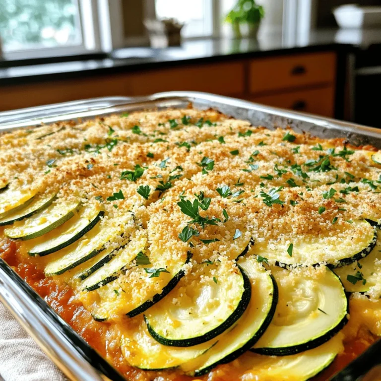 To make a tasty Zucchini Parmesan Bake, you'll need some simple ingredients. Here’s the list: - 4 medium zucchinis, sliced into thin rounds - 1 cup breadcrumbs (panko for extra crunch) - 1 cup grated Parmesan cheese - 2 cups marinara sauce (homemade or store-bought) - 1 cup shredded mozzarella cheese - 2 cloves garlic, minced - 1 teaspoon dried oregano - 1 teaspoon dried basil - Salt and pepper to taste - Fresh parsley for garnish Each ingredient plays a key role. The zucchini gives a fresh taste. The cheeses add creaminess and flavor. The marinara sauce brings a rich, tangy layer. For the best taste, I have some brand suggestions: - Panko Breadcrumbs: Kikkoman or Japanese brand are great for crunch. - Parmesan Cheese: Grana Padano or BelGioioso offer strong flavors. - Marinara Sauce: Rao’s Homemade or Classico for a rich taste. Using these brands can help boost your dish's flavor. They provide quality that can make your Zucchini Parmesan Bake even better. You can swap some ingredients if needed. Here are some ideas: - Zucchini: Yellow squash or eggplant work well too. - Breadcrumbs: Use crushed crackers for a different texture. - Parmesan Cheese: Pecorino Romano gives a saltier taste. - Mozzarella Cheese: Any melty cheese, like provolone, can replace it. These swaps can change the dish while keeping it delicious. Feel free to experiment and find what you love most in your Zucchini Parmesan Bake. For the full recipe, check out the link provided earlier. Start by preheating your oven to 375°F (190°C). This step is key to getting the cheese bubbly and golden. Next, grease a large baking dish with olive oil or cooking spray. This will help the dish cook evenly and make cleanup easier. Now, let’s prepare the breadcrumb mixture. In a medium bowl, combine the breadcrumbs, grated Parmesan cheese, minced garlic, dried oregano, dried basil, salt, and pepper. Mix well to ensure the flavors blend together. Set this aside for later. The fun part comes next! Begin layering half of the sliced zucchini in your baking dish. Make sure to spread the slices evenly. After the zucchini, sprinkle half of your breadcrumb mixture over the top. Then, pour half of the marinara sauce over that. Finally, add half of the shredded mozzarella cheese. Repeat this process with the remaining ingredients. Layer the rest of the zucchini, followed by the breadcrumb mixture, marinara sauce, and mozzarella cheese. This layering builds flavor and texture in every bite. Cover your dish with aluminum foil. This will trap moisture and cook the zucchini well. Bake it in the preheated oven for 25 minutes. After that, remove the foil. Continue baking for about 15 more minutes. You want the cheese to be bubbly and golden brown. Once it’s done, take it out of the oven and let it stand for 5-10 minutes. This allows the dish to set and makes serving easier. Before plating, garnish with fresh parsley for a pop of color and flavor. For the full recipe, check out the earlier sections. Enjoy your delicious Zucchini Parmesan Bake! When picking zucchini, look for firm ones. They should feel heavy for their size. Choose ones with smooth skin and bright color. Avoid any with blemishes or soft spots. These signs mean they may be old or spoiled. Fresh zucchini makes your dish taste great and keeps its texture. To cook zucchini evenly, slice it into thin rounds. Thin slices cook faster and evenly. Layer your zucchini in a baking dish without crowding. This helps heat circulate and cooks them well. For melting cheese, use a mix of mozzarella and Parmesan. These cheeses melt nicely and give a tasty topping. One mistake is not salting zucchini before baking. Salt helps draw out excess moisture. If you skip this step, your bake may turn out soggy. Another mistake is not covering the dish. Covering it keeps moisture in for the first part of cooking. Lastly, don't forget to let it sit after baking. This helps flavors meld and makes serving easier. For more details, check out the Full Recipe. {{image_2}} To make your Zucchini Parmesan Bake even better, try adding fresh herbs. Chopped basil or thyme brings a bright taste. You can also mix in other veggies, like bell peppers or mushrooms. These add color and texture. A pinch of red pepper flakes can give it a nice kick. If you love garlic, add an extra clove or two. This will boost the flavor in every bite. This dish is easy to make vegetarian or vegan. For a vegan version, swap the cheeses for plant-based options. Nutritional yeast can give a cheesy flavor without dairy. Use vegan breadcrumbs to keep it plant-based. Check the marinara sauce too; some brands have added sugars or fats that are not vegan. This way, you can enjoy a tasty meal that fits your diet. Zucchini Parmesan Bake is great on its own, but you can serve it with sides. A fresh salad with a light vinaigrette adds a nice crunch. Garlic bread is a popular choice too. For a more filling meal, pair this dish with pasta or quinoa. It’s also perfect for lunch the next day. Serve it warm and enjoy the leftovers with a sprinkle of fresh herbs on top. For more details, check the Full Recipe. To store leftovers, let the dish cool down first. Place the Zucchini Parmesan Bake in an airtight container. This keeps it fresh. You can store it in the fridge for up to three days. If you notice any moisture, use a paper towel to absorb it. When you are ready to enjoy leftovers, preheat your oven to 350°F (175°C). Place the Zucchini Parmesan Bake in an oven-safe dish. Cover it with foil to keep it moist. Heat for about 15-20 minutes. You want the cheese to melt again and the dish to be warm. You can also use a microwave for quick reheating. Heat it in 30-second intervals, stirring in between. If you want to keep it longer, freezing is a great option. Cut the bake into portions and wrap each piece in plastic wrap. Then, place the wrapped pieces in a freezer-safe bag. Remove as much air as possible. You can freeze Zucchini Parmesan Bake for up to three months. To reheat, thaw it in the fridge overnight. Then, bake it in the oven as mentioned earlier. For the best results, enjoy it fresh, but freezing works well for busy days. Check out the Full Recipe for more details! To make Zucchini Parmesan Bake gluten-free, simply swap regular breadcrumbs for gluten-free ones. You can find gluten-free panko breadcrumbs at many stores. These options will give your dish the same great texture without gluten. Yes, you can use other cheeses! Try a mix of mozzarella and cheddar for a melty twist. Feta cheese can add a nice tangy flavor. Goat cheese also works well, giving a creamy touch that blends nicely with the zucchini. Zucchini Parmesan Bake pairs well with a simple salad or garlic bread. A light side of steamed veggies complements the dish nicely. You can also enjoy it with pasta for a heartier meal. For a fun twist, serve it with a dollop of marinara on the side. Check out the Full Recipe for more ideas! Zucchini Parmesan Bake is simple and tasty, with fresh ingredients and clear steps. We covered key ingredients and top brands to use, along with easy substitutions. I shared detailed preparation and baking tips that help avoid common mistakes. You can also explore variations to fit your tastes and dietary needs. For storage, keeping leftovers fresh is key. With this guide, you now have all the tools to make a great dish. Enjoy experimenting with flavors and serving ideas!