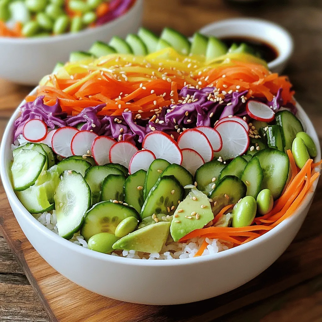 To make your Rainbow Veggie Sushi Bowls, you need some key ingredients. These ingredients create the base and flavors of your dish. Here’s what you need: - 1 cup sushi rice - 1 ¼ cups water - 1 tablespoon rice vinegar - 1 tablespoon sugar - 1 teaspoon salt These ingredients help you prepare the sushi rice, which is the heart of the bowl. The best part of these bowls is the colorful fresh veggies. You can use a variety of vegetables to make your dish vibrant and tasty. Here are my favorites: - 1 small cucumber, julienned - 1 medium carrot, grated - 1 ripe avocado, sliced - 1 small red bell pepper, thinly sliced - ½ cup purple cabbage, shredded - 1 small radish, thinly sliced - ¼ cup edamame (shelled) These vegetables not only add color but also nutrients and crunch. Feel free to mix and match based on what you like! For a fun twist, add some optional toppings to elevate your sushi bowls. These enhancements can bring extra flavor and texture: - 2 sheets nori, cut into strips - Sesame seeds for garnish - Soy sauce for serving These toppings will make your sushi bowls even more delicious. You can explore different flavors and textures with each bite. For the complete recipe, check out the Full Recipe section. To start, rinse the sushi rice under cold water. Rinse until the water runs clear. This step removes excess starch. Next, drain the rice well. In a medium pot, combine the rinsed rice and 1 ¼ cups of water. Bring this mixture to a boil. Once it boils, reduce the heat to low. Cover the pot and let it simmer for 15 minutes. After 15 minutes, remove it from the heat. Let the rice sit covered for another 10 minutes. This resting time helps the rice become fluffy. In a small bowl, mix 1 tablespoon of rice vinegar, 1 tablespoon of sugar, and 1 teaspoon of salt until dissolved. Gently fold this mixture into the warm rice. This adds flavor and a slight tang to your sushi rice. Grab a serving bowl and spoon in a generous portion of the seasoned sushi rice. Start by creating a base for your veggies. Next, artfully arrange the vegetables over the rice. Use the julienned cucumber, grated carrot, sliced avocado, thinly sliced red bell pepper, shredded purple cabbage, thinly sliced radish, and shelled edamame. Aim for a rainbow effect with your colors. To add a fun twist, place nori strips between the veggies. This adds texture and flavor. Finally, sprinkle sesame seeds on top for a nice crunch. Use fresh, crisp vegetables for the best taste. Cut them into even shapes for a pretty look. When assembling, take your time to create a colorful display. This makes the dish inviting. If you want extra flavor, serve the bowl with soy sauce on the side for dipping. Remember, you can customize your bowl based on what you have at home. Check out the Full Recipe for more details on ingredients and steps! To get perfect sushi rice, start with high-quality rice. Rinse it well under cold water. This removes excess starch and helps it cook evenly. Use a 1:1.25 rice-to-water ratio for best results. Once cooked, let it sit covered for 10 minutes. This keeps it fluffy. Mix in rice vinegar, sugar, and salt gently. This adds flavor without crushing the grains. Make your sushi bowl eye-catching by arranging the veggies in a rainbow pattern. Use bright colors like red bell pepper and purple cabbage. Place the green avocado and cucumber against the rice for contrast. Nori strips can add a nice touch. Sprinkle sesame seeds on top for extra flair. Remember, we eat with our eyes first! One common mistake is overcooking the rice. This makes it mushy. Stick to the cooking times mentioned in the Full Recipe. Another mistake is not letting the rice rest. This step is key to achieving the right texture. Lastly, avoid overcrowding your bowl. Each ingredient should shine on its own. {{image_2}} You can switch up the veggies in your Rainbow Veggie Sushi Bowl. Try using fresh spinach for a leafy crunch. Radishes add a spicy kick, while sweet corn brings brightness. You could also use steamed broccoli for a tender bite. Keep experimenting with colors and textures to make each bowl unique. Adding protein boosts your sushi bowl’s nutrition. Cooked shrimp or crab meat gives a seafood twist. Grilled chicken adds heartiness, while tofu provides a great plant-based option. You can also use chickpeas for a nutty flavor. These proteins not only fill you up but also enhance the dish. The right sauce can elevate your sushi bowl. Try a spicy mayo for a creamy kick. You can mix mayo with sriracha for heat. A tangy ponzu sauce adds brightness. For a sweet touch, drizzle some teriyaki sauce over the top. These sauces bring extra flavor and excitement to your meal. Check the Full Recipe for more ideas! To keep your leftover sushi bowls fresh, store them in an airtight container. Place the container in the fridge. This will help keep the veggies crisp and the rice moist. Try to eat the leftovers within two days for the best taste and quality. When reheating sushi rice, add a splash of water to keep it moist. Use a microwave-safe bowl and cover it with a damp paper towel. Heat for about 30 seconds at a time. Stir and check until the rice is warm. Avoid heating too long to prevent it from getting dry. Always use the freshest veggies for your sushi bowls. Store them in the fridge to keep them crisp. Wrap leafy greens like cabbage in a damp towel to keep them fresh longer. Check your ingredients often and use them up to avoid waste. This way, you enjoy vibrant flavors in every bite. For the complete recipe, check out the Full Recipe. Yes, you can use brown rice for sushi bowls. Brown rice adds a nutty flavor and more fiber. However, it has a different texture than white sushi rice. Brown rice takes longer to cook too. So, adjust the cooking time. It usually takes about 40-45 minutes to cook brown rice. Still, the result is healthy and tasty. You can keep sushi bowls in the fridge for about 2-3 days. Store them in an airtight container. This keeps the flavors fresh and prevents spoilage. However, the veggies may lose some crispness. For best taste, enjoy them within the first couple of days after making them. Yes, Rainbow Veggie Sushi Bowls are great for meal prep. They are colorful and full of nutrients. You can prep the rice and chop the veggies ahead of time. Assemble your bowls when you are ready to eat. Just keep the sauce separate until serving. This helps keep everything fresh and tasty. For the full recipe, check the detailed instructions above. Rainbow Veggie Sushi Bowls offer a fun and fresh meal option. We explored key ingredients, how to prepare sushi rice, and tips for assembling vibrant bowls. You learned how to store leftovers and the best ways to enhance your dish. Remember, you can vary vegetables and add proteins for more flavor. Experiment with sauces to find your favorite. Enjoy making and sharing these colorful bowls with family and friends! Your sushi bowl creations will impress and satisfy all.