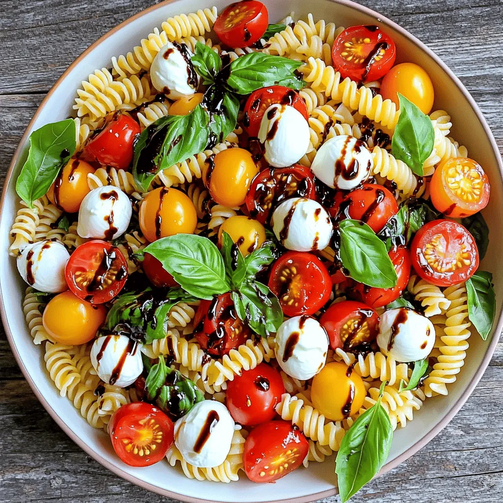 To make a fresh and tasty Caprese pasta salad, gather these ingredients: - 8 oz. fusilli pasta - 1 cup cherry tomatoes, halved - 1 cup fresh mozzarella balls, drained - 1/2 cup fresh basil leaves, torn - 1/4 cup extra virgin olive oil - 2 tablespoons balsamic glaze - 1 teaspoon garlic powder - Salt and pepper to taste These items create a simple yet delightful dish. Each ingredient adds a layer of flavor. You can switch some ingredients if you need to. Here are a few ideas: - Use penne or rotini instead of fusilli for pasta. - Swap in grape tomatoes if you can't find cherry tomatoes. - Try burrata cheese instead of mozzarella for a creamier taste. - Use dried basil if fresh basil is not available, but use less, as dried herbs are stronger. - Substitute lemon juice for balsamic glaze for a zesty kick. These swaps keep the dish fresh while making it easy to use what you have. Fusilli is perfect for this salad because its twists hold the dressing well. Here are other great pasta choices: - Penne, which has a smooth surface and pairs well with the sauce. - Rotini, with its spiral shape, also clings to the dressing nicely. - Farfalle, or bow-tie pasta, adds fun shapes and texture. Choosing the right pasta helps create a tasty and enjoyable dish. For the full recipe, check the details above. To start, boil a pot of salted water. Once it bubbles, add the fusilli pasta. Cook it according to the package. Usually, this takes about 8-10 minutes. Stir often to keep it from sticking. When the pasta is tender, drain it in a colander. Rinse the pasta under cold water. This stops the cooking and cools it down. Now, let’s get the salad ingredients ready. Take your cherry tomatoes and slice them in half. The bright red color adds a nice touch. Next, drain the fresh mozzarella balls. They should be soft and creamy. Then, tear the fresh basil leaves into smaller pieces. This brings out their flavor and aroma. In a large mixing bowl, add the cooled pasta. Toss in the halved cherry tomatoes and the mozzarella balls. Gently mix them together. Then, add the torn basil leaves but save a few for later. In a smaller bowl, whisk together the olive oil, balsamic glaze, garlic powder, salt, and pepper. Pour the dressing over the pasta salad. Toss everything gently to coat the ingredients evenly. Taste the salad and adjust the seasoning if needed. Let it sit for 10-15 minutes. This helps the flavors blend nicely. Serve the salad in a big bowl or on individual plates. Drizzle with extra balsamic glaze and garnish with reserved basil leaves. Enjoy this fresh and flavorful delight! For the full recipe, you can refer to the earlier section. To cook fusilli pasta, use a large pot. Fill it with water and add salt. Bring the water to a boil. Add the pasta and stir it well. Cook according to the package time, usually 8-10 minutes. It should be al dente, firm but not hard. Drain the pasta in a colander. Rinse it with cold water to stop the cooking. This keeps the pasta firm for your Caprese pasta salad. To kick up the flavor, consider adding some extras. A pinch of red pepper flakes gives a nice kick. You can also use fresh lemon juice for brightness. For a richer taste, try adding pesto to the dressing. If you want creaminess, mix in some crumbled feta cheese. These additions will make your salad pop and impress your guests. When serving, a colorful dish looks great! Use a large bowl for sharing or individual plates for each guest. Drizzle some extra balsamic glaze on top for flair. Garnish with sprigs of fresh basil to add green color. You can also sprinkle some pine nuts for a crunchy texture. A well-presented salad makes it even more enjoyable. {{image_2}} You can easily add protein to your Caprese pasta salad. Chicken or shrimp work great. For chicken, use cooked, diced pieces. Simply toss them in with the pasta and veggies. For shrimp, try cooked, peeled shrimp. They add a nice touch of flavor. You can also use grilled chicken for a smoky taste. This boost in protein makes the salad hearty and filling. While the olive oil and balsamic glaze are perfect, try new dressings too. A lemon vinaigrette can awaken fresh flavors. It adds a bright zing to the dish. You can also use pesto for a herbal twist. Mix it with some olive oil for a creamy texture. If you like spicy, add red pepper flakes to the dressing. This gives the salad a fun kick. Changing the ingredients with the seasons makes this dish exciting. In summer, add fresh corn or bell peppers for crunch. In fall, try roasted butternut squash for sweetness. In winter, use arugula or spinach for a nice green color. Fresh herbs also change the taste; try dill or mint for a new flavor. Using seasonal ingredients keeps your salad fresh and vibrant. For the full recipe, check out the Caprese Pasta Salad Delight! To keep your Caprese pasta salad fresh, store it in an airtight container. Make sure the salad is cool before sealing it. This helps keep the flavors intact. You can also use a glass jar for easy storage. It’s best to refrigerate the salad right after serving. When ready to eat, check the salad. If it looks dry, add a splash of olive oil. Toss gently to mix in the oil. If you prefer it warm, heat it on low in a pan. Avoid high heat to keep the cheese from melting. The salad lasts about 3 days in the fridge. Cherry tomatoes and mozzarella stay fresh for this time. Basil may wilt sooner, so add it fresh if possible. Always check for off smells or changes in texture before eating. For the best taste, enjoy it within two days. For the full recipe, check the Caprese Pasta Salad Delight section above. Yes, you can prepare Caprese Pasta Salad ahead of time. I often do this for parties. Make the salad and let it chill in the fridge. The flavors blend better after a few hours. Just don’t add the dressing until you’re ready to serve. This keeps the pasta from getting soggy. You can easily customize Caprese Pasta Salad. Here are some ideas: - Add Protein: Try adding grilled chicken or shrimp for extra flavor. - Change the Cheese: Use feta or goat cheese if you prefer. - Add Veggies: Toss in bell peppers, cucumbers, or red onion for a crunch. - Switch Herbs: Try parsley or arugula instead of basil. - Spice It Up: Add a pinch of red pepper flakes for heat. These changes keep the salad fresh and fun! Caprese Pasta Salad is not gluten-free if you use regular fusilli pasta. However, you can use gluten-free pasta instead. Many options are available now, like chickpea or brown rice pasta. Check the label to ensure it is gluten-free. This way, everyone can enjoy the salad! Caprese pasta salad is easy and fun to make. We covered the key ingredients, cooking steps, and tasty tips. You can mix it up with proteins or dressings. Storing leftovers is simple, and the salad stays fresh. Remember, you can customize this dish for any occasion. Enjoy making this salad your way, and serve it with pride. Your friends and family will love it!
