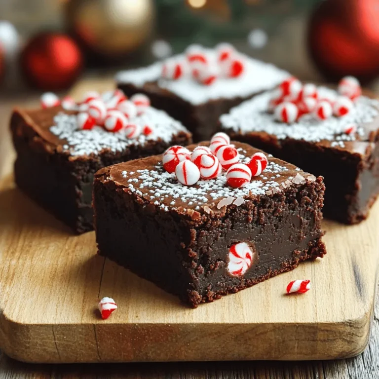 Making peppermint mocha brownies is easy and fun. This recipe mixes rich cocoa with coffee and mint. You will love how these flavors blend. They create a treat perfect for the holidays. Here’s what you need to make them! - 1 cup unsalted butter, melted - 1 ½ cups granulated sugar - 1 cup brown sugar, packed - 4 large eggs - 1 teaspoon vanilla extract - 1 cup all-purpose flour - 1 cup unsweetened cocoa powder - 1 teaspoon baking powder - ½ teaspoon salt - 1 cup semi-sweet chocolate chips - 2 teaspoons instant coffee granules - 1 teaspoon peppermint extract - Crushed peppermint candies for garnish These essential ingredients give the brownies their rich taste and texture. The butter helps create a fudgy base. The sugars add sweetness and depth. Eggs bind everything together while adding moisture. You can play with the recipe for fun twists! Consider adding: - Nuts like walnuts or pecans for crunch. - Dark chocolate chips for a deeper flavor. - White chocolate chips for a sweet contrast. - Different extracts like vanilla or almond for a unique taste. These optional ingredients provide room for creativity. You can make the brownies your own! To make peppermint mocha brownies, start by gathering your ingredients. You need: - 1 cup unsalted butter, melted - 1 ½ cups granulated sugar - 1 cup brown sugar, packed - 4 large eggs - 1 teaspoon vanilla extract - 1 cup all-purpose flour - 1 cup unsweetened cocoa powder - 1 teaspoon baking powder - ½ teaspoon salt - 1 cup semi-sweet chocolate chips - 2 teaspoons instant coffee granules - 1 teaspoon peppermint extract - Crushed peppermint candies for garnish Next, preheat your oven to 350°F (175°C). Grease a 9x13 inch baking pan or line it with parchment paper. Leave some paper hanging over the edges for easy removal later. In a large bowl, whisk together the melted butter, granulated sugar, and brown sugar. Mix them until smooth. Then, add the eggs one at a time. Mix well after each egg. Stir in the vanilla and peppermint extracts. In a separate bowl, combine the flour, cocoa powder, baking powder, salt, and instant coffee granules. Slowly add this dry mix to the wet ingredients. Stir until just combined. Be careful not to overmix. Now fold in the semi-sweet chocolate chips. This adds a nice chocolatey taste. Pour the brownie batter into the prepared pan. Use a spatula to spread it evenly. Bake your brownies for 25-30 minutes. Check for doneness by inserting a toothpick in the center. It should come out with a few moist crumbs, not wet batter. Once they are done, take them out of the oven. Let them cool in the pan on a wire rack for about 10-15 minutes. After they cool slightly, lift them out using the parchment overhang. Transfer them to a cutting board. Cut the brownies into squares. For a festive touch, sprinkle crushed peppermint candies on top. Serve them on a decorative platter to impress your guests. Enjoy the delightful flavors of these peppermint mocha brownies! You can find the full recipe above for details. When making peppermint mocha brownies, a few mistakes can spoil your fun. First, don’t skip the parchment paper. It helps you lift out the brownies easily. Second, avoid overmixing the batter. Overmixing can make your brownies tough instead of soft. Lastly, don’t rush the cooling time. If you cut them too soon, they may crumble. For the best brownies, always use room temperature eggs. They mix better and help create a smooth batter. Also, measure your ingredients accurately. Too much flour can make them dry. When baking, place the pan in the center of your oven for even heat. Check your brownies a few minutes early. Every oven is different, and you want to catch the perfect bake. To make your peppermint mocha brownies even tastier, you can try some fun tricks. Add a pinch of sea salt on top before baking. It balances the sweetness and enhances flavors. You can also play with the chocolate. Using dark chocolate chips adds a rich taste. If you want more peppermint, add extra crushed candies on top for a festive crunch. For the full recipe, follow the steps carefully and enjoy each bite! {{image_2}} You can easily make gluten-free brownies. Just swap the all-purpose flour for a gluten-free blend. Look for a blend that mimics regular flour. This way, the texture stays rich and moist. To create vegan brownies, replace the eggs with flax eggs. Mix one tablespoon of ground flaxseed with two tablespoons of water. Let it sit for five minutes to thicken. Use coconut oil instead of butter. Also, check that your chocolate chips are dairy-free. You can change the flavor of your brownies easily. Consider adding a splash of almond extract for a nutty taste. If you want more chocolate, add an extra half cup of chocolate chips. You can also mix in nuts like walnuts or pecans for a crunchy texture. Enjoy exploring these variations in the Full Recipe for Peppermint Mocha Brownies! To keep your peppermint mocha brownies fresh, store them in an airtight container. This helps maintain their soft texture and rich flavor. You can stack the brownies in layers, but place parchment paper between them. This prevents sticking. Keep the container at room temperature for up to five days. If you want to save them longer, refrigeration can help, but it can change the texture slightly. If you want to freeze these brownies, first let them cool completely. Cut them into squares and wrap each piece tightly in plastic wrap. Then, place the wrapped brownies in a freezer-safe bag. Label the bag with the date. These brownies can last up to three months in the freezer. When you’re ready to enjoy them, simply thaw them in the fridge overnight. To reheat brownies, preheat your oven to 350°F (175°C). Place the brownies on a baking sheet and cover them with foil. Heat for about 10-15 minutes until warm. This method helps keep them soft. You can also microwave a single brownie for 10-15 seconds. Just be careful not to overheat, as they may become dry. Enjoy your delightful holiday treat! Peppermint mocha brownies are a rich, chocolate dessert. They blend chocolate, coffee, and peppermint flavors. The brownies have a fudgy texture and a festive twist. The cocoa powder gives them a deep chocolate taste. Instant coffee adds a nice mocha flavor. Peppermint extract provides a refreshing kick. This treat is perfect for holiday gatherings or cozy nights in. To check if your brownies are done, use a toothpick. Insert it into the center of the brownies. If it comes out with a few moist crumbs, they are ready. If it has wet batter, they need more time. Bake them for 25-30 minutes, but keep an eye on them. Ovens vary, so check a bit early. Yes, you can use other extracts in place of peppermint. For example, vanilla or almond extracts work well. They will change the flavor but still taste great. If you want a different twist, try orange extract for a citrus kick. Just remember to adjust the amount to your taste. In this post, we explored the tasty world of Peppermint Mocha Brownies. We covered the key ingredients you need and optional ones for fun variations. You learned step-by-step how to prepare, bake, and serve these delicious treats. I shared tips to avoid common baking mistakes and enhance flavor. Lastly, we discussed how to store and reheat them for later enjoyment. Remember, baking is about trying new things. Keep experimenting to find your perfect brownie!