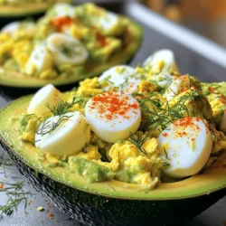 To make egg salad avocado boats, gather the following ingredients: - 4 large eggs - 2 ripe avocados - 2 tablespoons Greek yogurt - 1 tablespoon Dijon mustard - 1 celery stalk, finely chopped - 2 green onions, thinly sliced - Salt and pepper to taste - Fresh dill, for garnish (optional) - Paprika, for garnish (optional) These ingredients blend to create a tasty and healthy dish. The eggs provide protein, while the avocados add healthy fats. Greek yogurt gives a creamy texture without too many calories. Celery and green onions add crunch and freshness. You can play with the spices to make it your own. If you want the full recipe, check the Egg Salad Avocado Boats section above. Each ingredient plays a key role in the dish, so choose fresh ones for the best flavor. - Boil the eggs: Place 4 large eggs in a pot. Cover them with water. Bring the water to a boil over medium heat. Once it boils, cover the pot and take it off the heat. Let the eggs sit for 12 minutes. - Cool the eggs in an ice bath: After 12 minutes, move the eggs to an ice bath. This helps them cool quickly and makes peeling easier. - Halve and pit the avocados: Take 2 ripe avocados and slice them in half. Remove the pit carefully to avoid injury. - Create a well for the egg salad: Use a spoon to scoop out a little of the avocado flesh. This creates a well for your egg salad, so it fits nicely. - Chop and mix the ingredients: Once the eggs cool, peel off the shells. Chop the eggs into small pieces. In a mixing bowl, combine the chopped eggs with 2 tablespoons of Greek yogurt, 1 tablespoon of Dijon mustard, 1 finely chopped celery stalk, and 2 thinly sliced green onions. Mix gently until all ingredients blend well. - Season the mixture: Add salt and pepper to taste. This step enhances the flavor of the salad. - Fill the avocado halves with egg salad: Generously scoop the egg salad into each avocado half. Each bite will be creamy and delicious. Now, you have a tasty treat ready to enjoy! For the complete recipe, check out the Full Recipe section. To make the best egg salad, start with fresh eggs. Fresh eggs give a better taste and texture. Look for eggs that are free-range or organic when possible. These eggs often have richer flavor and vibrant yolks. Next, balance your flavors with seasonings. Greek yogurt adds creaminess without excess fat. Dijon mustard gives a nice tang. I like to chop celery and green onions for crunch. Don’t forget to season with salt and pepper. Taste as you mix to find the perfect blend. Serving your egg salad avocado boats well is key. Use a nice platter to display them. You can arrange them in a circle or a line. Each avocado half should sit flat on the plate. Garnishing adds visual appeal. Sprinkle paprika over the top for a pop of color. Fresh dill is a great choice for an extra touch of flavor. These small details make your dish look gourmet and inviting. For the full recipe, check the section above. {{image_2}} You can switch up the Greek yogurt in egg salad. If you want a creamier taste, try sour cream or even cottage cheese. These options keep the dish tasty and rich. You can also use avocado instead of yogurt for extra creaminess. Adding different vegetables or herbs can change the flavor. Chopped bell peppers can add a nice crunch. Fresh parsley or cilantro can bring a bright taste. You can even toss in some diced pickles for a tangy twist. To make it vegan or vegetarian, swap the eggs and yogurt. Use chickpeas instead of eggs. Mash them up and mix with vegan mayo or tahini. This gives you a similar texture while keeping it plant-based. For low-carb options, skip the avocados and serve the egg salad in lettuce wraps. This keeps the meal light and fresh. You can also reduce the amount of yogurt to cut down on carbs while still enjoying the dish. For the full recipe, check out the details above. To store your egg salad avocado boats, use an airtight container. Keep the egg salad separate from the avocado halves. This helps the avocado stay fresh. You can store the egg salad in the fridge for up to three days. The avocados will brown quickly, so try to eat them within a day. If you have leftover avocado, sprinkle lemon juice on it to slow browning. Reheating egg salad is not common since it tastes best fresh. If you need to warm it up, gently heat it in the microwave for a few seconds. Cover the bowl to keep moisture in. To prevent your avocados from browning, store them with the pit inside. This simple trick can help maintain their color. Also, you can brush them with lemon juice. This adds flavor and keeps them looking fresh longer. For the full recipe, check out the Egg Salad Avocado Boats section. You can use Greek yogurt instead of mayonnaise. It adds creaminess and tang. Other options include mashed avocado or hummus. Each choice adds a unique flavor. You can mix and match these ingredients to find your favorite. Yes, you can prep the egg salad ahead. Make the egg salad and store it in the fridge. Keep it in an airtight container. Cut the avocados just before serving. This keeps them fresh and green. These boats pair well with many sides. Try whole-grain toast for a crunchy contrast. A light salad adds freshness. You can also serve with fresh fruit for a sweet touch. For a complete meal, include soup or chips. You now have a clear guide to making egg salad avocado boats. This recipe combines flavorful ingredients like eggs and ripe avocados. I shared simple steps for preparation and serving. You learned tips for the perfect salad, including ingredient swaps and storage ideas. Enjoy experimenting with flavors and presentations. These avocado boats are not just tasty; they are healthy too. Try them for lunch or a snack. Your friends and family will love them!