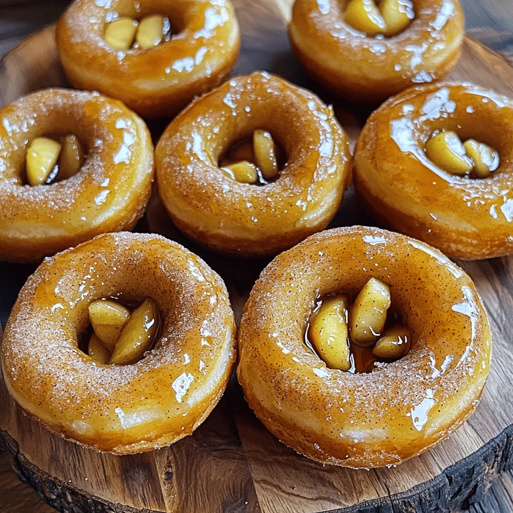 - 1 ½ cups all-purpose flour - 1 cup apple cider - ½ cup granulated sugar - ¼ cup maple syrup - 1 large grated apple To start making these donuts, gather the essential ingredients. The all-purpose flour gives structure, while apple cider adds moisture and flavor. Use granulated sugar for sweetness, and maple syrup for that rich, warm taste. Grating a large apple, like Honeycrisp or Fuji, adds a delightful texture. - 1 teaspoon ground cinnamon - ¼ teaspoon nutmeg - Unsalted butter for richness For extra flavor, consider adding ground cinnamon and nutmeg. These spices elevate the taste and make your kitchen smell amazing. Unsalted butter adds richness, making the donuts even more delicious and moist. - Donut pan - Mixing bowls - Whisk and spatula - Toothpick for testing doneness You will need a donut pan to shape your treats. Mixing bowls help combine the dry and wet ingredients. A whisk and spatula are key for mixing. Lastly, a toothpick is essential for checking if the donuts are baked just right. These ingredients and tools set you up for success in making your maple cinnamon apple donuts. For the full recipe, check out the details above! - Preheat oven to 350°F (175°C). - Grease donut pan with non-stick spray. - Whisk together flour, baking powder, baking soda, cinnamon, nutmeg, and salt. - Combine apple cider, maple syrup, melted butter, egg, and grated apple. - Mix wet and dry ingredients just until combined. - Fill the donut pan and bake for 10-12 minutes. - Cool and coat in cinnamon-sugar mixture. Follow the [Full Recipe] for complete details. Enjoy the sweet taste of autumn! To get light and fluffy donuts, avoid overmixing the batter. When you mix the wet and dry ingredients, do it just until combined. If you stir too much, the donuts can become dense. Proper baking time and temperature also play a big role. Bake at 350°F for 10-12 minutes. Check with a toothpick; it should come out clean. Coating the donuts while they are warm helps the cinnamon-sugar stick better. After you take them out of the oven, let them cool for about five minutes. Then, roll each donut in the cinnamon-sugar mix. This gives them a sweet, crunchy exterior that is hard to resist. For a fun twist, serve the donuts with a drizzle of maple syrup. You can also offer a spiced cream cheese dip on the side. This adds a creamy texture and a new flavor layer. Arrange the donuts on a pretty platter to make them look even more tempting. {{image_2}} You can make these donuts even more fun! Try adding more spices, like ginger or cloves. Different apples can also change the taste. Honeycrisp apples are sweet, while Granny Smith apples add a tart kick. You can also switch up sweeteners. Use honey for a floral note or brown sugar for deeper flavor. Want to make a gluten-free version? You can use almond flour or coconut flour instead of regular flour. Just remember, this may change the texture a bit. If you're vegan, swap the egg for a flax egg. You can also use nut butter in place of butter for creaminess. These donuts taste great with coffee or chai. The warm spices in the drinks match the flavors of the donuts. You can also try serving them with a scoop of vanilla ice cream. It's a fun twist for a special treat. For the full recipe, check out the details above. You should store your maple cinnamon apple donuts in an airtight container. Keep them at room temperature. They stay fresh for up to 2 days. To enjoy these tasty treats later, freeze them. Wrap each donut tightly in plastic wrap. Place them in a freezer bag. You can freeze them for up to 3 months. When you want to eat them, reheat in the oven. This keeps them soft and warm. If you have leftovers, simply reheat them. Use the microwave for quick warming. For a crispier bite, use the oven. This way, they taste just as good as when they were fresh. Enjoy your delicious donuts warm for a great treat! Yes, you can prepare the batter and store it in the fridge. This makes it easy to bake fresh donuts when you want them. Just remember to mix the batter well before using it. Overmixing the batter can lead to denser donuts. Mix just until you see no dry flour. This keeps the donuts light and fluffy. Check local bakeries or specialty stores for these tasty treats. You can also look for online shops that sell gourmet donuts. Yes, you can use pears or peaches for a variation on the flavor. Both fruits add a nice sweetness and moisture. Feel free to experiment! Maple Cinnamon Apple Donuts are a delightful treat, combining warm spices and fresh apples. You learned the essential and optional ingredients needed to create these donuts. The step-by-step guide made baking simple, and tips will help you achieve the best texture. You can even try fun variations, whether dietary choices or different fruits. Store them properly to enjoy later. These donuts are sure to bring joy and flavor to your kitchen. Get ready to bake and enjoy every bite!